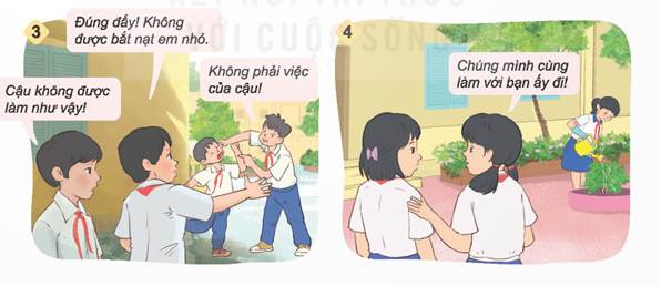 KHỞI ĐỘNGEm hãy kể về một việc làm đúng, tốt của các bạn trong lớp, trường mà em đã chứng kiến. Theo em, chúng ta cần ứng xử như thế nào với những việc làm đó? Giải chi tiết:Em đã chứng kiến bạn Hải (học sinh cùng lớp em) giúp một cụ già băng qua đường. Theo em, việc đó rất đáng để biểu dương, khích lệ, làm tấm gương cho các bạn trong lớp noi theo 1. NHẬN BIẾT VỀ CÁI ĐÚNG, CÁI TỐT CẦN BẢO VỆQuan sát tranh và thực hiện yêu cầu:Hãy chỉ ra những cái đúng, cái tốt cần bảo vệ trong những tranh trênEm hãy kể thêm những cái đúng, cái tốt cần bảo vệ khác mà em biết. Giải chi tiết:- Những cái đúng, cái tốt: + Tranh 1: Bạn nữ không cho bạn mình chép bài, khuyên bạn nên cố gắng làm bài+ Tranh 2: Chị gái khuyên em trai nên đội mũ bảo hiểm khi đi xe máy, dù là đi gần hay xa+ Tranh 3: Dù sắp muộn giờ học nhưng Lan vẫn giúp cụ già qua đường, bạn nam gần đấy cũng ủng hộ hành động của Lan+ Tranh 4: Anh trai khuyên em nên thu dọn bát đũa sau khi ăn cơm, còn anh trai sẽ nhận phần rửa bát- Một vài cái đúng, cái tốt cần bảo vệ mà em biết: + Nam ngồi công viên ăn bánh mì, khi ăn xong, bạn không vứt rác ngay ở ghế đá mà cầm theo, tìm thùng rác để vứt+ Chị gái nhường đồ chơi cho em bé, dỗ dành, chăm sóc em 2. TÌM HIỂU VÌ SAO PHẢI BẢO VỆ CÁI ĐÚNG, CÁI TỐTĐọc câu chuyện “Bảo vệ như thế là rất tốt” và trả lời câu hỏi: - Cái đúng, cái tốt cần phải bảo vệ trong câu chuyện trên là gì? Lời nói của Bác thể hiện điều gì? - Theo em, vì sao chúng ta cần bảo vệ cái đúng, cái tốtGiải chi tiết:- Cái đúng, cái tốt cần bảo vệ trong truyện là: Anh chiến sĩ làm rất đúng nhiệm vụ, canh gác chặt chẽ. Dù có là Bác đi chăng nữa, vẫn phải trình đủ giấy tờ mới được vào. - Lời nói của Bác thể hiện đây là hành động đúng đắn. Bác rất tuyên dương hành động đó, và khuyến khích anh bộ đội nên làm như thế. - Chúng ta cần bảo vệ cái đúng, cái tốt vì: + Điều đó giúp chúng ta xây dựng được một xã hội tốt đẹp, mọi người sống hoà thuận và tôn trọng lẫn nhau+ Điều đó giúp bảo vệ quyền lợi và sự công bằng cho mọi người. Nếu chúng ta không bảo vệ cái đúng, cái tốt, người khác có thể bị tổn thương hoặc bị xâm phạm quyền lợi+ Giúp chúng ta phát triển bản thân, trở thành những con người tốt đẹp. 3. TÌM HIỂU MỘT SỐ CÁCH ĐƠN GIẢN ĐỂ BẢO VỆ CÁI ĐÚNG, CÁI TỐTQuan sát tranh và trả lời câu hỏi: - Trong các trường hợp trên, các bạn đã bảo vệ cái đúng, cái tốt như thế nào? - Theo em, có những cách nào để bảo vệ cái đúng, cái tốt? Giải chi tiết:- Trong các trường hợp trên, các bạn đã bảo vệ cái đúng, cái tốt: + Tranh 1: Hưng nói với cô giáo chuyện bạn nam mặc áo vàng trêu các bạn nữ, khiến bạn nam bị phê bình. Tuy nhiên bạn nữ đã đứng ra bênh Hưng vì đây là điều đúng đắn nên làm+ Tranh 2: Bạn nam mở vở ra chép bài trong lúc làm bài kiểm tra nên bị bạn nữ ngồi cạnh nhắc nhở+ Tranh 3: Hai bạn học sinh đang ngăn cản tình trạng bắt nạt học đường+ Tranh 4: Nhìn thấy bạn mình đang tưới cây một mình, hai bạn nữ rủ nhau qua làm cùng. - Theo em, có một số cách để bảo vệ cái đúng, cái tốt: + Cần phải có sự hiểu biết để phân biệt được cái đúng, cái tốt. Nên học tập, tìm hiểu thông tin từ những nguồn tin cậy. + Đứng lên để bảo vệ cái đúng, cái tốt, không nên thờ ơ vô cảm. + Lan toả những thông tin đúng đắn, nêu gương cho các bạn học tập. LUYỆN TẬPCâu 1: Em tán thành hay không tán thành với ý kiến nào dưới đây? Vì sao? a. Bảo vệ cái đúng, cái tốt là những việc làm có ích cho người khác và xã hội. b. Trẻ em chưa đủ khả năng để bảo vệ cái đúng, cái tốt. c. Cần ủng hộ, đồng tình với những người thực hiện cái đúng, cái tốtd. Không quan tâm đến cái đúng, cái tốt nếu điều đó không liên quan đến mình e. Nếu không bảo vệ cái đúng, cái tốt thì cái sai, cái xấu sẽ lấn átg. Bảo vệ cái đúng, cái tốt giúp đem lại cuộc sống an toàn, lành mạnh. Giải chi tiết:a. Em tán thành với ý kiến này. Bảo vệ cái đúng, cái tốt là những việc làm có ích cho người khác và xã hội. Khi chúng ta tuân thủ cái đúng, cái tốt, chúng ta góp phần xây dựng một xã hội tốt đẹp và mang lại lợi ích cho mọi người.b. Em không tán thành với ý kiến này. Trẻ em cũng có khả năng bảo vệ cái đúng, cái tốt. Dù cho trẻ em còn nhỏ, họ có thể hiểu và tuân thủ các quy tắc và giá trị đúng đắn. Qua sự hướng dẫn và giáo dục, trẻ em có thể hình thành ý thức và trách nhiệm trong việc bảo vệ cái đúng, cái tốt.c. Em tán thành với ý kiến này. Cần ủng hộ và đồng tình với những người thực hiện cái đúng, cái tốt. Sự đồng lòng và ủng hộ giúp tạo động lực và khích lệ cho những người làm việc tốt. Điều này còn khuyến khích người khác cũng tuân thủ và hành động theo đúng giá trị đó.d. Em không tán thành với ý kiến này. Chúng ta không nên chỉ quan tâm đến cái đúng, cái tốt chỉ khi nó liên quan đến mình. Bảo vệ cái đúng, cái tốt là trách nhiệm của mỗi người và chúng ta nên quan tâm và hỗ trợ nhau trong việc đảm bảo sự công bằng và xây dựng một xã hội tốt hơn.e. Em tán thành với ý kiến này. Nếu không bảo vệ cái đúng, cái tốt, thì cái sai, cái xấu có thể trở nên phổ biến và ảnh hưởng đến cuộc sống của mọi người. Bảo vệ cái đúng, cái tốt giúp duy trì sự công bằng và đảm bảo cuộc sống an toàn, lành mạnh cho cả cá nhân và xã hội.g. Em tán thành với ý kiến này. Bảo vệ cái đúng, cái tốt giúp đem lại cuộc sống an toàn, lành mạnh. Khi chúng ta tuân thủ quy tắc và giá trị đúng đắn, chúng ta xây dựng một môi trường sống tốt hơn và giảm thiểu các rủi ro và nguy hiểm có thể xảy ra. Câu 2: Em lựa chọn cái nào để bảo vệ cái đúng, cái tốt? Vì sao? a. Chỉ lên án những cái xấu có liên quan đến mìnhb. Ủng hộ bạn khi làm theo những cái đúng, cái tốtc. Bênh vực khi bạn làm theo cái đúng, cái tốt nhưng lại bị chê bai, chỉ tríchd. Không nói ra cái sai của bạn để tránh bị bạn giậne. Noi gương và học tập theo những bạn thường xuyên làm việc tốt.Giải chi tiết:Em lựa chọn b, c và e để bảo vệ cái đúng, cái tốt.b. Bằng cách ủng hộ bạn bè và người thân khi họ tuân thủ và hành động theo cái đúng, cái tốt, chúng ta tạo ra một môi trường đáng tin cậy và khích lệ nhau tiếp tục thực hiện những việc có ích cho xã hội.c. Bảo vệ bạn bè và người thân khi họ đang làm theo cái đúng, cái tốt là một hành động quan trọng. Khi chúng ta bênh vực và đứng về phía những người đúng, chúng ta giúp tạo ra sự công bằng và khích lệ người khác tuân thủ và hành động theo điều đúng đắn.e, Bằng cách noi gương và học tập theo những người đã thường xuyên làm việc tốt, chúng ta có thể học hỏi từ những người có phẩm chất tốt và áp dụng những hành động đó vào cuộc sống của mình, từ đó bảo vệ cái đúng, cái tốt và góp phần xây dựng một xã hội tốt hơn. Câu 3: Bạn nào biết bảo vệ hoặc chưa biết bảo vệ cái đúng, cái tốt? Vì sao? a. Lớp Lan đi tham quan trang trại sinh thái. Thấy Lan cầm chiếc túi đựng vỏ bánh kẹo, Bình nói: “Sao bạn không vứt luôn ở gốc cây đi”. Lan trả lời “Lát nữa đến chỗ có thùng rác, tớ sẽ vứt”. Thấy thế, Minh nói với Bình: “Lan làm như vậy là đúng rồi”. b. Là lớp trưởng, Hoa luôn thẳng thắn phê bình các bạn đi học muộn khiến các bạn đó ghét Hoa. Ngân cảm thấy ái ngại cho Hoa nhưng không dám bênh vực bạn. c. Nhìn thấy một người phụ nữ đang có ý định vứt rác xuống sông, Thắng liền nhờ chú bảo vệ gần đó đến can thiệpd. Huy, Hoà và Thức cùng đi học. Trên đường đi, Huy dừng lại để kéo cành cây gãy vào lề đường. Thức cằn nhằn: “Hơi đâu mà cậu làm thế! Đi thôi! Muộn giờ học rồi đấy!”. Thấy vậy, Hoà nói: “Nếu để cành cây như vậy sẽ gây nguy hiểm cho người đi đường. Chúng mình cùng làm cho nhanh đi!”Giải chi tiết:a. Minh biết bảo vệ cái đúng, cái tốt. Minh nhận thấy rằng Lan đang có ý định vứt vỏ bánh kẹo và đã nhắc nhở Lan để vứt nó vào thùng rác thay vì vứt bừa bãi. Minh đồng ý với hành động của Lan và nói với Bình rằng Lan làm đúng. Minh hiểu rằng việc đổ rác đúng nơi quy định là một hành động có ích cho môi trường và giữ gìn vệ sinh công cộng.b. Ngân chưa biết bảo vệ cái đúng, cái tốt. Ngân cảm thấy ái ngại cho Hoa trong việc phê bình các bạn đi học muộn. Tuy nhiên, Ngân không dám bênh vực Hoa vì sợ bị bạn bè ghét. Điều này cho thấy Ngân chưa có đủ động lực và tự tin để bảo vệ cái đúng, cái tốt trong tình huống này.c. Thắng biết bảo vệ cái đúng, cái tốt. Thắng nhìn thấy một người phụ nữ định vứt rác xuống sông và liền nhờ chú bảo vệ gần đó can thiệp. Hành động của Thắng cho thấy ý thức trong việc bảo vệ môi trường và ngăn chặn hành vi vứt rác bừa bãi, đồng thời đảm bảo sự trong sạch và an toàn của môi trường nước.d. Hoà biết bảo vệ cái đúng, cái tốt. Khi Huy dừng lại để kéo cành cây gãy ra khỏi đường, Thức lên án và nói rằng điều đó chỉ làm mất thời gian và làm muộn giờ học. Tuy nhiên, Hoà nhận thấy rằng việc để cành cây gãy trên đường có thể gây nguy hiểm cho người đi qua, và anh ấy đề nghị cùng nhau làm cho nhanh. Câu 4: Xử lí tình huốnga. Trên đường đi học về, Dũng và Phong thấy một số bạn đang chui qua lỗ hổng hàng rào để hái ổi của một nhà dân bên đường. Dũng nói với Phong: “Mình phải ngăn các bạn kia lại!”. Phong kéo tay Dũng và nói: “Thôi mặc kệ đi!”. Nếu có mặt ở đó, em sẽ làm gì?b. Nhung có sở thích làm đồ tái chế nên thường thu thập chai nhựa, hộp giấy bỏ đi. Một số bạn chế giễu, trêu chọc và gọi bạn là “Nhung nhặt rác”. Nếu chứng kiến việc làm đó của các bạn, em sẽ làm gìc. Thấy bà bán hàng đánh rơi tiền, Hà nhặt lên và đưa lại cho bà. Nga trách Hà: “Nếu cậu không trả tiền cho bà thì bây giờ chúng mình có tiền mua kem rồi”. Nếu là bạn của Nga và Hà, em sẽ nói gì? Giải chi tiết:a. Nếu em có mặt ở đó, em sẽ ủng hộ Dũng và đồng ý với quyết định của bạn ấy. Em sẽ thuyết phục Phong hiểu rằng việc chui qua hàng rào và hái ổi của người khác là một hành không đúng đắn. Khi đó, em hy vọng Phong sẽ thay đổi quan điểm và cùng Dũng ngăn chặn các bạn khác.b. Nếu em chứng kiến các bạn chế giễu và trêu chọc Nhung vì sở thích tái chế, em sẽ bênh vực Nhung và đứng về phía bạn ấy. Em có thể nói lên rằng việc tái chế và chăm sóc môi trường là một hành vi đáng khâm phục và cần được khích lệ. Em có thể khuyến khích các bạn khác tham gia vào hoạt động tái chế và giải thích tầm quan trọng của việc bảo vệ môi trường.c. Nếu là bạn của Nga và Hà, em sẽ lên tiếng và nói với Nga rằng việc trả lại tiền cho bà là một hành động đúng đắn và đạo đức. VẬN DỤNG