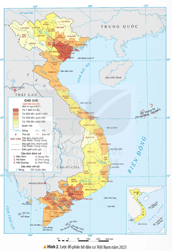 Khởi động: Theo Tổng cục thống kê, giữa tháng 4 năm 2023, số dân Việt Nam đạt mốc 100 triệu người, xếp thứ 8 châu Á và thứ 15 trong số các quốc gia đông dân nhất thế giới. Hãy chia sẻ suy nghĩ của em về những thông tin trên.Giải chi tiết:- Số dân ở nước ta tăng nhanh từ đó tạo cơ hội thuận lợi, động lực mạnh mẽ cho sự phát triển của đất nước - Tuy nhiên đó cũng là thách thức cho người dân về các vấn đề như: nhà ở, giáo dục,…1. QUY MÔ DÂN SỐCâu hỏi: Đọc thông tin và bảng dân số các nước Đông Nam Á năm 2021 quan sát, em hãy:- Cho biết dân số của nước ta năm 2021.- So sánh số dân nước ta với các nước trong khu vực Đông Nam Á.Giải chi tiết:- Dân số nước ta năm 2021: 98,504 người- So với các nước trong khu vực Đông Nam Á, dân số nước ta đứng thứ 3 chỉ sau In-đô-nê-xi-a và Phi-líp-pin2. GIA TĂNG DÂN SỐCâu hỏi: Đọc thông tin và quan sát các hình từ 1, em hãy:- Cho biết dân số của nước ta năm 2021 tăng bao nhiêu nghìn người so với năm 1991.- Nêu một số ảnh hưởng của gia tăng dân số ở nước ta. Giải chi tiết:- Dân số của nước ta năm 2021 tăng 31,262 người so với năm 1991- Một số ảnh hưởng của gia tăng dân số ở nước ta là:+ Tạo nguồn lao động dồi dào, thị trường tiêu thụ rộng lớn+ Gây ra một số khó khăn trong giải quyết việc làm, nhà ở, y tế, giáo dục,...+ Suy thoái tài nguyên thiên nhiên và ô nhiễm môi trường3. PHÂN BỐ DÂN CƯCâu hỏi: Đọc thông tin và quan sát các hình từ 2, em hãy:- Xác định các khu vực đông dân, khu vực thưa dân ở nước ta. Rút ra nhận xét- Nêu những hậu quả của việc phân bố dân cư chưa hợp lí.Giải chi tiết:- Các khu vực đông dân tập trung chủ yếu ở các tỉnh, thành phố lớn còn các khu vực thưa dân chủ yếu ở vùng núi, nông thôn- Từ đó có thể thấy nước ta có sự phân bố dân cư không đồng đều, hợp lí giữa đồng bằng và miền núi- Hậu quả của việc phân bố dân cư không hợp lí là:+ Có nơi thừa, có nơi thiếu lao động+ Gây khó khăn cho việc khai thác tài nguyên và sử dụng hợp lí nguồn lao động4. DÂN TỘCCâu hỏi: Đọc thông tin, em hãy:- Kể tên một số dân tộc sinh sống ở nước ta- Kể lại một số câu chuyện về tình đoàn kết của cộng đồng các dân tộc Việt NamGiải chi tiết:- Một số dân tộc sinh sống ở nước ta: Kinh, Mường, Tày, Thái,...- Câu chuyện về tình đoàn kết của cộng đồng các dân tộc Việt Nam: trong phòng trào Cần Vương, các dân tộc đã đồng lòng giúp đỡ vua cứu nước bằng cách cung cấp lương thực, đốn gỗ, xây dựng doanh trại cho nghĩa quân. Hơn nữa còn giữ bí mật về cuộc hành trình của vua để giặc Pháp nhiều lần không tìm thấy tung tích, phải trở về.5. LUYỆN TẬPDựa vào lược đồ phân bố dân cư Việt Nam năm 2021, hãy kể tên 3 tỉnh, thành phố có mật độ dân số cao nhất và 3 tỉnh, thành phố có mật độ dân số thấp nhất.Giải chi tiết:- 3 tỉnh, thành phố có mật độ dân số cao nhất: Hà Nội, Thành phố Hồ Chí Minh, Hải Phòng- 3 tỉnh, thành phố có mật độ dân số thấp nhất: Kon Tum, Điện Biên, Sơn La6. VẬN DỤNG