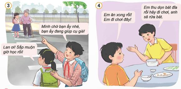 KHỞI ĐỘNGEm hãy kể về một việc làm đúng, tốt của các bạn trong lớp, trường mà em đã chứng kiến. Theo em, chúng ta cần ứng xử như thế nào với những việc làm đó? Giải chi tiết:Em đã chứng kiến bạn Hải (học sinh cùng lớp em) giúp một cụ già băng qua đường. Theo em, việc đó rất đáng để biểu dương, khích lệ, làm tấm gương cho các bạn trong lớp noi theo 1. NHẬN BIẾT VỀ CÁI ĐÚNG, CÁI TỐT CẦN BẢO VỆQuan sát tranh và thực hiện yêu cầu:Hãy chỉ ra những cái đúng, cái tốt cần bảo vệ trong những tranh trênEm hãy kể thêm những cái đúng, cái tốt cần bảo vệ khác mà em biết. Giải chi tiết:- Những cái đúng, cái tốt: + Tranh 1: Bạn nữ không cho bạn mình chép bài, khuyên bạn nên cố gắng làm bài+ Tranh 2: Chị gái khuyên em trai nên đội mũ bảo hiểm khi đi xe máy, dù là đi gần hay xa+ Tranh 3: Dù sắp muộn giờ học nhưng Lan vẫn giúp cụ già qua đường, bạn nam gần đấy cũng ủng hộ hành động của Lan+ Tranh 4: Anh trai khuyên em nên thu dọn bát đũa sau khi ăn cơm, còn anh trai sẽ nhận phần rửa bát- Một vài cái đúng, cái tốt cần bảo vệ mà em biết: + Nam ngồi công viên ăn bánh mì, khi ăn xong, bạn không vứt rác ngay ở ghế đá mà cầm theo, tìm thùng rác để vứt+ Chị gái nhường đồ chơi cho em bé, dỗ dành, chăm sóc em 2. TÌM HIỂU VÌ SAO PHẢI BẢO VỆ CÁI ĐÚNG, CÁI TỐTĐọc câu chuyện “Bảo vệ như thế là rất tốt” và trả lời câu hỏi: - Cái đúng, cái tốt cần phải bảo vệ trong câu chuyện trên là gì? Lời nói của Bác thể hiện điều gì? - Theo em, vì sao chúng ta cần bảo vệ cái đúng, cái tốtGiải chi tiết:- Cái đúng, cái tốt cần bảo vệ trong truyện là: Anh chiến sĩ làm rất đúng nhiệm vụ, canh gác chặt chẽ. Dù có là Bác đi chăng nữa, vẫn phải trình đủ giấy tờ mới được vào. - Lời nói của Bác thể hiện đây là hành động đúng đắn. Bác rất tuyên dương hành động đó, và khuyến khích anh bộ đội nên làm như thế. - Chúng ta cần bảo vệ cái đúng, cái tốt vì: + Điều đó giúp chúng ta xây dựng được một xã hội tốt đẹp, mọi người sống hoà thuận và tôn trọng lẫn nhau+ Điều đó giúp bảo vệ quyền lợi và sự công bằng cho mọi người. Nếu chúng ta không bảo vệ cái đúng, cái tốt, người khác có thể bị tổn thương hoặc bị xâm phạm quyền lợi+ Giúp chúng ta phát triển bản thân, trở thành những con người tốt đẹp. 3. TÌM HIỂU MỘT SỐ CÁCH ĐƠN GIẢN ĐỂ BẢO VỆ CÁI ĐÚNG, CÁI TỐTQuan sát tranh và trả lời câu hỏi: - Trong các trường hợp trên, các bạn đã bảo vệ cái đúng, cái tốt như thế nào? - Theo em, có những cách nào để bảo vệ cái đúng, cái tốt? Giải chi tiết:- Trong các trường hợp trên, các bạn đã bảo vệ cái đúng, cái tốt: + Tranh 1: Hưng nói với cô giáo chuyện bạn nam mặc áo vàng trêu các bạn nữ, khiến bạn nam bị phê bình. Tuy nhiên bạn nữ đã đứng ra bênh Hưng vì đây là điều đúng đắn nên làm+ Tranh 2: Bạn nam mở vở ra chép bài trong lúc làm bài kiểm tra nên bị bạn nữ ngồi cạnh nhắc nhở+ Tranh 3: Hai bạn học sinh đang ngăn cản tình trạng bắt nạt học đường+ Tranh 4: Nhìn thấy bạn mình đang tưới cây một mình, hai bạn nữ rủ nhau qua làm cùng. - Theo em, có một số cách để bảo vệ cái đúng, cái tốt: + Cần phải có sự hiểu biết để phân biệt được cái đúng, cái tốt. Nên học tập, tìm hiểu thông tin từ những nguồn tin cậy. + Đứng lên để bảo vệ cái đúng, cái tốt, không nên thờ ơ vô cảm. + Lan toả những thông tin đúng đắn, nêu gương cho các bạn học tập. LUYỆN TẬPCâu 1: Em tán thành hay không tán thành với ý kiến nào dưới đây? Vì sao? a. Bảo vệ cái đúng, cái tốt là những việc làm có ích cho người khác và xã hội. b. Trẻ em chưa đủ khả năng để bảo vệ cái đúng, cái tốt. c. Cần ủng hộ, đồng tình với những người thực hiện cái đúng, cái tốtd. Không quan tâm đến cái đúng, cái tốt nếu điều đó không liên quan đến mình e. Nếu không bảo vệ cái đúng, cái tốt thì cái sai, cái xấu sẽ lấn átg. Bảo vệ cái đúng, cái tốt giúp đem lại cuộc sống an toàn, lành mạnh. Giải chi tiết:a. Em tán thành với ý kiến này. Bảo vệ cái đúng, cái tốt là những việc làm có ích cho người khác và xã hội. Khi chúng ta tuân thủ cái đúng, cái tốt, chúng ta góp phần xây dựng một xã hội tốt đẹp và mang lại lợi ích cho mọi người.b. Em không tán thành với ý kiến này. Trẻ em cũng có khả năng bảo vệ cái đúng, cái tốt. Dù cho trẻ em còn nhỏ, họ có thể hiểu và tuân thủ các quy tắc và giá trị đúng đắn. Qua sự hướng dẫn và giáo dục, trẻ em có thể hình thành ý thức và trách nhiệm trong việc bảo vệ cái đúng, cái tốt.c. Em tán thành với ý kiến này. Cần ủng hộ và đồng tình với những người thực hiện cái đúng, cái tốt. Sự đồng lòng và ủng hộ giúp tạo động lực và khích lệ cho những người làm việc tốt. Điều này còn khuyến khích người khác cũng tuân thủ và hành động theo đúng giá trị đó.d. Em không tán thành với ý kiến này. Chúng ta không nên chỉ quan tâm đến cái đúng, cái tốt chỉ khi nó liên quan đến mình. Bảo vệ cái đúng, cái tốt là trách nhiệm của mỗi người và chúng ta nên quan tâm và hỗ trợ nhau trong việc đảm bảo sự công bằng và xây dựng một xã hội tốt hơn.e. Em tán thành với ý kiến này. Nếu không bảo vệ cái đúng, cái tốt, thì cái sai, cái xấu có thể trở nên phổ biến và ảnh hưởng đến cuộc sống của mọi người. Bảo vệ cái đúng, cái tốt giúp duy trì sự công bằng và đảm bảo cuộc sống an toàn, lành mạnh cho cả cá nhân và xã hội.g. Em tán thành với ý kiến này. Bảo vệ cái đúng, cái tốt giúp đem lại cuộc sống an toàn, lành mạnh. Khi chúng ta tuân thủ quy tắc và giá trị đúng đắn, chúng ta xây dựng một môi trường sống tốt hơn và giảm thiểu các rủi ro và nguy hiểm có thể xảy ra. Câu 2: Em lựa chọn cái nào để bảo vệ cái đúng, cái tốt? Vì sao? a. Chỉ lên án những cái xấu có liên quan đến mìnhb. Ủng hộ bạn khi làm theo những cái đúng, cái tốtc. Bênh vực khi bạn làm theo cái đúng, cái tốt nhưng lại bị chê bai, chỉ tríchd. Không nói ra cái sai của bạn để tránh bị bạn giậne. Noi gương và học tập theo những bạn thường xuyên làm việc tốt.Giải chi tiết:Em lựa chọn b, c và e để bảo vệ cái đúng, cái tốt.b. Bằng cách ủng hộ bạn bè và người thân khi họ tuân thủ và hành động theo cái đúng, cái tốt, chúng ta tạo ra một môi trường đáng tin cậy và khích lệ nhau tiếp tục thực hiện những việc có ích cho xã hội.c. Bảo vệ bạn bè và người thân khi họ đang làm theo cái đúng, cái tốt là một hành động quan trọng. Khi chúng ta bênh vực và đứng về phía những người đúng, chúng ta giúp tạo ra sự công bằng và khích lệ người khác tuân thủ và hành động theo điều đúng đắn.e, Bằng cách noi gương và học tập theo những người đã thường xuyên làm việc tốt, chúng ta có thể học hỏi từ những người có phẩm chất tốt và áp dụng những hành động đó vào cuộc sống của mình, từ đó bảo vệ cái đúng, cái tốt và góp phần xây dựng một xã hội tốt hơn. Câu 3: Bạn nào biết bảo vệ hoặc chưa biết bảo vệ cái đúng, cái tốt? Vì sao? a. Lớp Lan đi tham quan trang trại sinh thái. Thấy Lan cầm chiếc túi đựng vỏ bánh kẹo, Bình nói: “Sao bạn không vứt luôn ở gốc cây đi”. Lan trả lời “Lát nữa đến chỗ có thùng rác, tớ sẽ vứt”. Thấy thế, Minh nói với Bình: “Lan làm như vậy là đúng rồi”. b. Là lớp trưởng, Hoa luôn thẳng thắn phê bình các bạn đi học muộn khiến các bạn đó ghét Hoa. Ngân cảm thấy ái ngại cho Hoa nhưng không dám bênh vực bạn. c. Nhìn thấy một người phụ nữ đang có ý định vứt rác xuống sông, Thắng liền nhờ chú bảo vệ gần đó đến can thiệpd. Huy, Hoà và Thức cùng đi học. Trên đường đi, Huy dừng lại để kéo cành cây gãy vào lề đường. Thức cằn nhằn: “Hơi đâu mà cậu làm thế! Đi thôi! Muộn giờ học rồi đấy!”. Thấy vậy, Hoà nói: “Nếu để cành cây như vậy sẽ gây nguy hiểm cho người đi đường. Chúng mình cùng làm cho nhanh đi!”Giải chi tiết:a. Minh biết bảo vệ cái đúng, cái tốt. Minh nhận thấy rằng Lan đang có ý định vứt vỏ bánh kẹo và đã nhắc nhở Lan để vứt nó vào thùng rác thay vì vứt bừa bãi. Minh đồng ý với hành động của Lan và nói với Bình rằng Lan làm đúng. Minh hiểu rằng việc đổ rác đúng nơi quy định là một hành động có ích cho môi trường và giữ gìn vệ sinh công cộng.b. Ngân chưa biết bảo vệ cái đúng, cái tốt. Ngân cảm thấy ái ngại cho Hoa trong việc phê bình các bạn đi học muộn. Tuy nhiên, Ngân không dám bênh vực Hoa vì sợ bị bạn bè ghét. Điều này cho thấy Ngân chưa có đủ động lực và tự tin để bảo vệ cái đúng, cái tốt trong tình huống này.c. Thắng biết bảo vệ cái đúng, cái tốt. Thắng nhìn thấy một người phụ nữ định vứt rác xuống sông và liền nhờ chú bảo vệ gần đó can thiệp. Hành động của Thắng cho thấy ý thức trong việc bảo vệ môi trường và ngăn chặn hành vi vứt rác bừa bãi, đồng thời đảm bảo sự trong sạch và an toàn của môi trường nước.d. Hoà biết bảo vệ cái đúng, cái tốt. Khi Huy dừng lại để kéo cành cây gãy ra khỏi đường, Thức lên án và nói rằng điều đó chỉ làm mất thời gian và làm muộn giờ học. Tuy nhiên, Hoà nhận thấy rằng việc để cành cây gãy trên đường có thể gây nguy hiểm cho người đi qua, và anh ấy đề nghị cùng nhau làm cho nhanh. Câu 4: Xử lí tình huốnga. Trên đường đi học về, Dũng và Phong thấy một số bạn đang chui qua lỗ hổng hàng rào để hái ổi của một nhà dân bên đường. Dũng nói với Phong: “Mình phải ngăn các bạn kia lại!”. Phong kéo tay Dũng và nói: “Thôi mặc kệ đi!”. Nếu có mặt ở đó, em sẽ làm gì?b. Nhung có sở thích làm đồ tái chế nên thường thu thập chai nhựa, hộp giấy bỏ đi. Một số bạn chế giễu, trêu chọc và gọi bạn là “Nhung nhặt rác”. Nếu chứng kiến việc làm đó của các bạn, em sẽ làm gìc. Thấy bà bán hàng đánh rơi tiền, Hà nhặt lên và đưa lại cho bà. Nga trách Hà: “Nếu cậu không trả tiền cho bà thì bây giờ chúng mình có tiền mua kem rồi”. Nếu là bạn của Nga và Hà, em sẽ nói gì? Giải chi tiết:a. Nếu em có mặt ở đó, em sẽ ủng hộ Dũng và đồng ý với quyết định của bạn ấy. Em sẽ thuyết phục Phong hiểu rằng việc chui qua hàng rào và hái ổi của người khác là một hành không đúng đắn. Khi đó, em hy vọng Phong sẽ thay đổi quan điểm và cùng Dũng ngăn chặn các bạn khác.b. Nếu em chứng kiến các bạn chế giễu và trêu chọc Nhung vì sở thích tái chế, em sẽ bênh vực Nhung và đứng về phía bạn ấy. Em có thể nói lên rằng việc tái chế và chăm sóc môi trường là một hành vi đáng khâm phục và cần được khích lệ. Em có thể khuyến khích các bạn khác tham gia vào hoạt động tái chế và giải thích tầm quan trọng của việc bảo vệ môi trường.c. Nếu là bạn của Nga và Hà, em sẽ lên tiếng và nói với Nga rằng việc trả lại tiền cho bà là một hành động đúng đắn và đạo đức. VẬN DỤNG