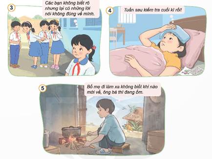 KHỞI ĐỘNGHãy chia sẻ về khó khăn trong học tập, cuộc sống của em và cách em vượt qua những khó khăn đó. Giải chi tiết:Trong học tập, em đã từng gặp nhiều khó khăn. Ví dụ như việc trường học cách xa nhà, khiến em phải dậy từ sáng sớm để đi học. Ngoài ra, do trên lớp nhiều bài tập nên em thường xuyên phải thức khuya để làm bài, dẫn đến việc thiếu ngủ.  1. NHẬN BIẾT NHỮNG KHÓ KHĂN CẦN PHẢI VƯỢT QUA TRONG HỌC TẬP VÀ TRONG CUỘC SỐNGQuan sát tranh và thực hiện yêu cầu:- Em hãy chỉ ra khó khăn của các bạn trong những bức tranh trên. - Kể thêm những khó khăn khác trong học tập và cuộc sống mà em biết. Giải chi tiết:- Khó khăn của các bạn trong tranh: 1. Bạn nam không nhớ công thức toán mà cô đã dạy2. Bạn nữ bị bối rối, lúng túng và quên hết những điều định nói mỗi lần lên phát biểu3. Bạn nữ bị các bạn nói xấu, nói những lời lẽ không đúng4. Bạn nữ bị sốt gần ngày thi5. Bạn nam phải nấu cơm, làm việc nhà vì bố mẹ đi làm xa, ông bà đang ốm. - Một số khó khăn khác: + Nhà xa trường nên em phải dậy sớm đi học+ Có quá nhiều việc nhà phải làm nên em không có thời gian làm bài trên lớp+ Em bị các bạn hiểu nhầm là người lấy trộm tiền quỹ lớp.  2. TÌM HIỂU BIỂU HIỆN VÀ Ý NGHĨA CỦA VIỆC BIẾT VƯỢT QUA KHÓ KHĂN TRONG HỌC TẬP VÀ CUỘC SỐNG. Đọc câu chuyện “Chăm ngoan, học giỏi” và trả lời câu hỏi: - Bạn Huế đã vượt qua khó khăn như thế nào? Việc biết vượt qua khó khăn đó đã đem lại điều gì cho bạn?- Nêu cảm nghĩ của em về tấm gương vượt khó của bạn Huế- Theo em, vì sao chúng ta cần biết vượt qua khó khăn trong học tập và cuộc sống? Giải chi tiết:- Bạn Huế đã nỗ lực học thật giỏi để thoát cảnh nghèo đói. Ngoài ra do nhà xa nên Huế đã đã thức dậy sớm để đi bộ đến trường. Huế luôn cố gắng chăm học, tự rèn luyện trong lớp, tham gia các hoạt động ngoại khóa ở trường. Về nhà bạn còn giúp ông bà làm nhiều việc nhà. Việc biết vượt qua khó khăn đã giúp Huế luôn đạt danh hiệu học sinh giỏi trong 4 năm. - Cảm nghĩ của em: Em rất khâm phục và ngưỡng mộ bạn Huế. Em sẽ noi gương bạn để trở thành một người con ngoan, trò giỏi- Chúng ta cần biết vượt qua khó khăn trong học tập và cuộc sống vì: + Cuộc sống lúc nào cũng có những khó khăn. Chỉ khi biết vượt qua những khó khăn đó, chúng ta mới mạnh mẽ, trưởng thành và biết cách sống tự lập. + Bên cạnh đó, khi vượt qua khó khăn, chúng ta sẽ khám phá ra nhiều khả năng của bản thân, hoàn thiện bản thân để trở thành phiên bản tốt nhất của chính mình.  LUYỆN TẬPCâu 1: Em đồng tình hay không đồng tình với ý kiến nào dưới đây? Vì sao? a. Trẻ em không thể tự vượt qua khó khănb. Khi tự mình không giải quyết được khó khăn thì cần tìm kiếm sự hỗ trợ từ người đáng tin cậy. c. Chỉ người nghèo mới cần vượt khó d. Tinh thần vượt khó là do bẩm sinh chứ không thể luyện tập mà có đượce. Vượt khó sẽ giúp ta thành công và có nhiều niềm vui trong cuộc sốngg. Vượt khó sẽ khiến bản thân luôn mệt mỏi, dễ chán nảnGiải chi tiết:a. Em không đồng tình với ý kiến này. Trẻ em có thể tự vượt qua khó khăn, tùy thuộc vào cách họ được hỗ trợ, động viên và rèn luyện. Một sự hướng dẫn và sự khuyến khích thích hợp có thể giúp trẻ em phát triển khả năng giải quyết vấn đề và tự tin đối mặt với khó khăn.b. Em đồng tình với ý kiến này. Khi gặp khó khăn mà không thể tự giải quyết, tìm kiếm sự hỗ trợ từ người đáng tin cậy như gia đình, bạn bè, giáo viên hay người thân có thể giúp chúng ta vượt qua khó khăn một cách hiệu quả. Đôi khi, chúng ta cần nhận biết khi nào nên xin giúp đỡ và biết nơi để tìm sự hỗ trợ.c. Em không đồng tình với ý kiến này. Khó khăn không chỉ đối với người nghèo mà cũng có thể xuất hiện trong cuộc sống của bất kỳ ai. Tất cả mọi người đều có thể đối mặt với những thử thách và cần biết vượt qua khó khăn để đạt được thành công.d. Em không đồng tình với ý kiến này. Tinh thần vượt khó không chỉ là do bẩm sinh mà còn có thể được rèn luyện và phát triển. Qua việc đối mặt và vượt qua khó khăn, chúng ta có thể rèn luyện sự kiên nhẫn, sự chịu đựng và khả năng tìm giải pháp.e. Em đồng tình với ý kiến này. Vượt qua khó khăn giúp chúng ta phát triển và trưởng thành. Khi chúng ta vượt qua khó khăn, chúng ta cảm nhận được sự thành tựu và niềm vui, đồng thời xây dựng lòng tự hào và sự tự tin trong bản thân.g. Em không đồng tình với ý kiến này. Mặc dù vượt khó có thể gây mệt mỏi và chán nản tạm thời, nhưng nó cũng mang lại sự phấn khích và niềm hạnh phúc khi vượt qua khó khăn. Thành tựu và trưởng thành từ việc vượt qua khó khăn có thể mang lại sự thỏa mãn và động lực cho cuộc sống. Câu 2:Em hãy cho biết điều gì có thể xảy ra khi gặp khó khăn nếu: a. Sợ hãi, nản chí, không muốn hành động. b. Bình tĩnh suy nghĩ tìm cách vượt qua khó khănc. Không tin vào khả năng của bản thân và sự ủng hộ, hỗ trợ của những người đáng tin cậy. d. Chờ đợi sự giúp đỡ của người kháce. Không làm gì cả, hi vọng khó khăn sẽ biến mấtGiải chi tiết:a. Sợ hãi, nản chí, không muốn hành động: Nếu bạn sợ hãi và nản chí khi đối mặt với khó khăn, bạn có thể không muốn hành động và trì hoãn giải quyết vấn đề. Điều này có thể làm tình huống trở nên tồi tệ hơn và gây ra sự thất vọng và tiếc nuối sau này.b. Bình tĩnh suy nghĩ tìm cách vượt qua khó khăn: Khi bạn bình tĩnh và suy nghĩ một cách logic, bạn có thể tìm ra cách vượt qua khó khăn. Bằng cách đánh giá tình huống, tìm hiểu các giải pháp có thể và lập kế hoạch, bạn có thể tìm ra những bước tiến cụ thể để giải quyết vấn đề và vượt qua khó khăn.c. Không tin vào khả năng của bản thân và sự ủng hộ, hỗ trợ của những người đáng tin cậy: Nếu bạn không tin vào khả năng của bản thân và không tin tưởng vào sự ủng hộ, hỗ trợ từ những người đáng tin cậy, bạn có thể cảm thấy mất động lực và khó khăn trong việc đối mặt với khó khăn. Việc tin tưởng vào bản thân và đón nhận sự giúp đỡ từ người khác có thể giúp bạn tạo ra sự tự tin và sự động lực để vượt qua khó khăn.d. Chờ đợi sự giúp đỡ của người khác: Nếu bạn chỉ chờ đợi sự giúp đỡ của người khác mà không hành động để giải quyết vấn đề, khó khăn có thể không được giải quyết hoặc kéo dài thời gian. Tuy sự giúp đỡ từ người khác có thể hữu ích, nhưng quan trọng là tự mình hành động để tìm giải pháp và vượt qua khó khăn.e. Không làm gì cả, hi vọng khó khăn sẽ biến mất: Nếu bạn không làm gì cả và chỉ hy vọng rằng khó khăn sẽ tự biến mất, vấn đề có thể không được giải quyết và sẽ tiếp tục gây ảnh hưởng đến cuộc sống của bạn. Đối mặt và hành động để giải quyết vấn đề là cách duy nhất để thực sự vượt qua khó khăn và tiến lên phía trước. Câu 3: Em hãy vận dụng các bước dưới đây để giúp bạn vượt qua khó khăn trong những tình huống ở hoạt động 1 phần Khám phá: Các bước vượt qua khó khăn: Bước 1: Xác định khó khăn cần giải quyếtBước 2: Xác định nguyên nhân Bước 3: Liệt kê các phương án vượt qua khó khăn và những người có thể hỗ trợBước 4: Lựa chọn phương án tối ưu và kiên trì thực hiện theo phương án đã chọnGiải chi tiết:Lấy ví dụ trường hợp trong bức ảnh 1 (Các trường hợp còn lại, các em làm tương tự): Bạn nam không nhớ công thức toán mà cô đã dạy:Bước 1: Xác định khó khăn: Không nhớ công thức toán.Bước 2: Xác định nguyên nhân: Thiếu ghi chú hoặc không tập trung trong lớp.Bước 3: Liệt kê phương án vượt qua khó khăn và người có thể hỗ trợ:Xem lại tài liệu, sách giáo trình từ cô giáo hoặc nguồn tham khảo khác.Hỏi bạn bè hoặc nhóm học tập để nhờ giải thích và làm bài tập cùng nhau.Bước 4: Lựa chọn phương án tối ưu và kiên trì thực hiện:Xem lại tài liệu và làm các bài tập liên quan để nắm vững công thức.Học cách áp dụng công thức vào các bài tập và ví dụ thực tế. Câu 4: Em hãy đưa ra nhận xét đối với việc làm của các bạn dưới đây: a. Dù phải thức dậy sớm để đi bộ gần 3km đến trường nhưng Phống vẫn đi học đềub. Khi thầy giáo hướng dẫn kĩ thuật phát cầu lông, dù thấy khó nhưng Ngọc vẫn mạnh dạn xung phong để thử sứcc. Sáng dậy thấy trời gió rét nên Phương lấy lí do bị mệt để không phải tham gia lao động cùng các bạn trong xóm.d. Sáng nay, bố dạy Hằng cạc tỉa, tạo dáng cho cây cảnh nhưng bạn đã từ chối. Giải chi tiết:a. Phống đã có một tinh thần đáng ngưỡng mộ khi đi học đều dù phải thức dậy sớm và đi bộ 3km đến trường. Điều này cho thấy sự kiên nhẫn và quyết tâm của Phống trong việc học tập.b. Ngọc đã thể hiện một tinh thần dũng cảm và quyết tâm khi mạnh dạn thử sức trong việc học kĩ thuật phát cầu lông mặc dù gặp khó khăn. Điều này cho thấy sự kiên trì và lòng đam mê của Ngọc trong việc vượt qua những thử thách.c. Việc Phương dùng lý do mệt để trốn khỏi việc tham gia lao động cùng các bạn trong xóm là việc không nên làm. Việc này có thể cho thấy sự thiếu trách nhiệm và không tôn trọng cam kết đã đưa ra.d. Hằng nên học cách tỉa, tạo dáng cho cây cảnh vì đây là công việc nên học. Điều này có thể giúp Hằng giải toả áp lực sau những giờ học, giúp đỡ bố chăm sóc cây.  Câu 5: Em hãy tư vấn cho các bạn dưới đây những việc cần làm để vượt qua khó khăna. Bạn viết chữ xấu, khó đọcb. Bạn chưa học tốt môn Toánc. Bạn thường đi học trễ vì thói quen ngủ dậy muộnd. Bạn bị một nhóm bạn khác bắt nạtGiải chi tiết:a. Để viết chữ đẹp và dễ đọc hơn, bạn có thể làm những điều sau:- Luyện tập viết chữ cái và từng đoạn một cẩn thận.- Tham khảo các bài viết hướng dẫn viết chữ đẹp.- Thực hành viết chữ đẹp hàng ngày để nâng cao kỹ năng viết của mình.b. Để cải thiện kết quả học Toán, bạn có thể áp dụng những phương pháp sau:- Chú ý lắng nghe giảng dạy của giáo viên và ghi chú cẩn thận trong lớp.- Làm bài tập Toán thường xuyên để nắm vững cách giải các dạng bài.- Tìm hiểu thêm tài liệu bổ sung, sách giáo trình hoặc tài liệu hướng dẫn giải bài tập.- Hỏi thầy cô hoặc bạn bè khi gặp khó khăn trong việc hiểu và giải các bài tập.c. Để không đi học trễ, bạn có thể thực hiện những điều sau:- Đặt báo thức sớm hơn và đảm bảo có đủ thời gian để chuẩn bị và đi học.- Đi ngủ đúng giờ và đảm bảo giấc ngủ đủ để thức dậy sảng khoái.- Thiết lập thói quen ngủ dậy sớm bằng cách điều chỉnh thời gian ngủ dần dần cho phù hợp.d. Để đối phó với tình huống bị bắt nạt, bạn có thể tham khảo những cách sau:- Nói với người lớn, như giáo viên hoặc phụ huynh, về tình huống bạn đang gặp phải.- Tìm sự ủng hộ từ bạn bè đáng tin cậy và tránh tiếp xúc với nhóm bạn gây khó khăn. VẬN DỤNG