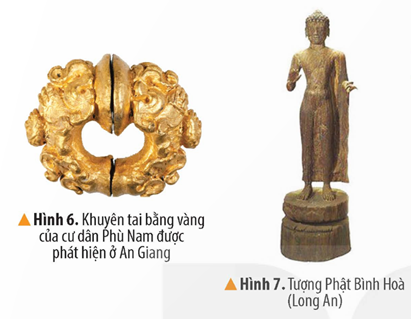 2. MỘT SỐ HIỆN VẬT KHẢO CỔ HỌC CỦA VƯƠNG QUỐC PHÙ NAMCâu hỏi: Đọc thông tin và quan sát các hình từ 4 đến 7, hãy kể tên và mô tả một số hiện vật khảo cổ học của Vương quốc Phù NamGiải chi tiết:- Cà càng (bếp đun) được làm bằng đất nung, có thành che gió, đáy giữ tro, đun bằng củi hoặc than, thuận tiện khi sử dụng ở nhà sàn hoặc trên thuyền, ghe- Khuyên tai được làm bằng vàng, thiết kế tinh xảo, cho thấy đời sống tinh thần khá phong phú, thoải mái của người dân Phù Nam 3. LUYỆN TẬPCâu 1: Trình bày sự thành lập Vương quốc Phù NamGiải chi tiết:- Thời gian và địa điểm thành lập:+ Ra đời vào khoảng thế kỉ I+ Địa bàn cư trú của cư dân Phù Nam chủ yếu thuộc khu vực Nam Bộ Việt Nam hiện nay- Gắn với truyền thuyết về Hỗn Điền – Liễu Diệp cùng một số bằng chứng khảo cổ học Câu 2: Hoàn thành bảng (theo gợi ý dưới đây vào vở) về một số hiện vật khảo cổ học của Vương quốc Phù NamGiải chi tiết:Lĩnh vựcHiện vậtĐời sống vật chấtĐồng tiền, nồi và cà ràngĐời sống tinh thầnKhuyên tai, tượng Phật Bình Hoà 4. VẬN DỤNG