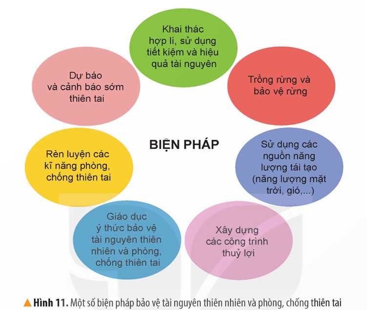 2. KHÍ HẬU VÀ SÔNG, HỒCâu hỏi: Đọc thông tin, bảng nhiệt độ trung bình của Hà Nội và Thành phố Hồ Chí Minh, quan sát các hình 3, 4 em hãy:- Trình bày đặc điểm chính của khí hậu nước ta- Nêu những thuận lợi và khó khăn của khí hậu đối với đời sống và hoạt động sản xuấtGiải chi tiết:- Đặc điểm chính của khí hậu nước ta:+ Việt Nam có khí hậu nhiệt đới ẩm gió mùa, nhiệt độ trung bình năm trên cả nước đều lớn hơn 20°C (trừ vùng núi cao)+ Khí hậu giữa miền Bắc và miền Nam có sự khác biệt: miền Bắc có 2 mùa chính là mùa hạ nóng và mùa đông lạnh còn miền Nam nóng quanh năm, có 2 mùa rõ rệt là mùa mưa và mùa khô- Những thuận lợi của khí hậu đối với đời sống và hoạt động sản xuất: + Cây trồng phát triển quanh năm cùng với năng suất cao+ Sản phẩm nông nghiệp đa dạng- Những khó khăn của khí hậu đối với đời sống và hoạt động sản xuất: chịu ảnh hưởng của thiên tai: bão, lũ lụt, hạn hán,... gây khó khănCâu hỏi: Đọc thông tin và quan sát các hình 5, 6 em hãy:- Trình bày đặc điểm của sông, hồ nước ta- Nêu vai trò của sông, hồ đối với đời sống và hoạt động sản xuấtGiải chi tiết:- Đặc điểm chính của sông, hồ nước ta:+ Việt Nam có rất nhiều sông, chủ yếu là sông nhỏ, có một số dòng sông lớn như: sông Hồng, sông Cửu Long,..+ Lượng nước sông thay đổi theo mùa: mùa lũ mực nước sông dâng cao có thể gây lũ lụt, ngập úng; mùa cạn mực nước sông hạ thấp gây nên tình trạng thiếu nước sinh hoạt và sản xuất ở một số khu vực+ Có nhiều hồ gồm cả tự nhiên lẫn nhân tạo như: hồ Ba Bể, hồ Dầu Tiếng,..- Vai trò của sông, hồ đối với đời sống và hoạt động sản xuất:+ Cung cấp nước cho sản xuất và sinh hoạt+ Tạo điều kiện phát triển đánh bắt và nuôi trồng thuỷ sản, du lịch, giao thông đường thuỷ, thuỷ điện,…3. ĐẤT VÀ RỪNGCâu hỏi: Đọc thông tin và quan sát các hình 7, 8 em hãy:- Trình bày đặc điểm của các loại đất ở nước ta.- Nêu vai trò của đất với sản xuất nông nghiệpGiải chi tiết:- Đặc điểm của các loại đất ở nước ta: có 2 nhóm đất chính là phe-ra-lít và phù sa:+ Nhóm đất phe-ra-lít phân bố ở vùng đồi núi, chua và nghèo mùn+ Nhóm đất phù sa phân bố chủ yếu ở vùng đồng bằng, tơi xốp, màu mỡ- Vai trò của đất với sản xuất nông nghiệp:+ Nhóm đất phe-ra-lít thích hợp trồng rưng, cây công nghiệp, cây ăn quả và cây dược liệu+ Nhóm đất phù sa thuận lợi trồng cây lương thực (đặc biệt là lúa nước), rau đậu, cây ăn quả,... Câu hỏi: Đọc thông tin và quan sát các hình 9, 10 em hãy:- Trình bày đặc điểm của rừng ở nước ta.- Nêu vai trò của rừng với đời sống và hoạt động sản xuấtGiải chi tiết:- Đặc điểm của các rừng ở nước ta: rừng nhiệt đới và rừng ngập mặn chiếm diện tích lớn+ Rừng nhiệt đới: chủ yếu ở vùng đồi núi, môi trường sống nóng ẩm, cây trong rừng nhiều tầng, đa dạng,...+ Rừng ngập mặn: chủ yếu ở nơi đất thấp ven biển, môi trường nước biển ngập chân, rễ chùm to khỏe, rậm rạp,...- Vai trò của rừng với đời sống và hoạt động sản xuất+ Cung cấp gỗ và sản vật phục vụ sản xuất, đời sống con người (thực phẩm, dược liệu,...)+ Hạn chế xói mòn đất, lũ lụt,... 4. MỘT SỐ BIỆN PHÁP BẢO VỆ TÀI NGUYÊN THIÊN NHIÊN VÀ PHÒNG CHỐNG THIÊN TAIĐọc thông tin, quan sát hình 11 và dựa vào hiểu biết của bản thân, em hãy nêu một số biện pháp bảo vệ tài nguyên thiên nhiên và phòng, chống thiên tai.Giải chi tiết:Một số biện pháp bảo vệ tài nguyên thiên nhiên và phòng, chống thiên tai là:+ Khai thác hợp lí, tiết kiệm tài nguyên thiên nhiên+ Vứt rác đúng nơi quy định, không xả rác bừa bãi+ Có ý thức tiết kiệm điện, nước trong sinh hoạt hàng ngày+ Mở các lớp, khoá học giáo dục các kĩ năng phòng, chống thiên tai+ Tích cực trồng cây xanh, tham gia vào các phong trào bảo vệ môi trường 5. LUYỆN TẬP