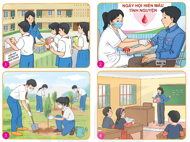MỞ ĐẦUEm hãy quan sát các hình ảnh dưới đây và cho viết tên, ý nghĩa của những hoạt động cộng đồng được thể hiện trong các hình ảnh đóĐáp án: Hình ảnh 1: Tổ chức ngày hội “Áo ấm mùa đông – Trao đổi yêu thương” => tinh thần thiện nguyện, cho đi và sẻ chiaHình ảnh 2: Học sinh dọn rác ở bờ biển => thanh niên trẻ tình nguyện bảo vệ môi trường, làm sạch môi trường sống 1. HOẠT ĐỘNG CỘNG ĐỒNG VÀ SỰ CẦN THIẾT PHẢI THAM GIA HOẠT ĐỘNG CỘNG ĐỒNGEm hãy đọc thông tin sau và trả lời câu hỏi: a. Em hãy kể tên những hoạt động cộng đồng trong thông tin trênb. Em hãy nêu mục đích, đối tượng tham gia và ý nghĩa của những hoạt động đóc. Theo em, thế nào là hoạt động cộng đồng? Em hãy nêu ý nghĩa của hoạt động cộng đồngĐáp án: a. Thanh niên tình nguyện, bảo vệ môi trường, đảm bảo an toàn giao thông, đảm bảo an sinh xã hội, chung tay xây dựng nông thôn mớib. Cổ vũ, khơi dậy tinh thần tương thân tương ái, tính xung kích, tình nguyện của thanh niên Việt Nam, tạo ra môi trường cống hiến, trưởng thành và phát huy trách nhiệm của tuổi trẻ với cộng đồng, rèn luyện ý chí, nghị lực cho thanh niênc. Hoạt động cộng đồng là những hoạt động được tổ chức bởi các cá nhân, tập thể nhằm mang lại lợi ích chung cho cộng đồng. Hoạt động cộng đồng có ý nghĩa rất lớn với cá nhân, cộng đồng, học sinh; góp phần xây dựng kỹ năng, tinh thần trách nhiệm đóng góp công sức và trí tuệ của mình vào công việc chung 2. THAM GIA CÁC HOẠT ĐỘNG CỘNG ĐỒNGEm hãy quan sát các hình ảnh, kết hợp đọc những trường hợp sau để trả lời câu hỏi: 1. Tuy còn nhỏ tuổi nhưng B đã là thành viên của Câu lạc bộ hát quan họ của xã. Vào cuối tuần, B thường tích cực tham gia cùng các thành viên trong câu lạc bộ tập luyện và biểu diễn phục vụ bà con mỗi khi có dịp lễ hội. Không những thế, B còn động viên nhiều bạn trong xóm cùng tham gia.2. Nhân ngày Thương binh - Liệt sĩ 27/7, nhà trường tổ chức hoạt động chăm sóc, thăm viếng nghĩa trang liệt sĩ của xã. Hai bạn C và H được phân công nhiệm vụ làm vệ sinh khu vực đài tưởng niệm nhưng cả hai chỉ mải nói chuyện, không hoàn thành công việc được giao.a. Hoạt động nào trong các hình ảnh trên đã được trường, lớp, địa phương em tổ chức?b. Em có nhận xét gì về tinh thần, thái độ của các nhân vật khi tham gia hoạt động cộng đồng trong các trường hợp trên? Hãy đưa ra lời khuyên cho những bạn chưa tích cực, tự giác khi tham gia hoạt động cộng đồngc. Em đã tham gia những hoạt động cộng đồng nào? Hãy chia sẻ những việc em đã làm khi tham gia các hoạt động đó và nêu những điều em thấy hài lòng, chưa hài lòng khi tham giaĐáp án: a. Hoạt động: 1, 2, 3b. Các thành viên trong lớp đều tích cực tham gia vào các hoạt động do nhà trường, địa phương tổ chức. Đối với những bạn chưa tích cực, cần phải có nhận thức về cộng đồng, trách nhiệm của bản thân nhiều hơn nữac. Em đã tham gia hoạt động tặng sách, quyên góp quần áo cho các trẻ em ở vùng núi, hiến máu tình nguyện. Khi tham gia các hoạt động trên, em cảm thấy rất hạnh phúc khi bản thân có thể đóng góp một chút sức lực của bản thân cho cộng đồng LUYỆN TẬPCâu 1: Em đồng tình/không đồng tình với ý kiến nào dưới đây? Vì sao? a. Khi có nhiều cá nhân tham gia vào một hoạt động chung thì đó là hoạt động cộng đồngb. Tích cực tham gia hoạt động giúp mỗi cá nhân hoàn thiện bản thân và lan toả các giá trị tốt đẹpc. Chỉ những cá nhân có điều kiện kinh tế mới tham gia được hoạt động cộng đồngd. Học sinh không chỉ tích cực tham gia hoạt động mà còn cần động viên người thân, bạn bè cùng tham gia. Đáp án: a. Không đồng tình. Hoạt động cộng đồng là những hoạt động có đóng góp cho cộng đồng chứ không chỉ đơn thuần là nhiều người tham gia vào hoạt động chung nào đó b. Đồng ý. Mỗi hoạt động đều có ý nghĩa riêng nhưng điểm chung đó là giúp cho chúng ta phát triển kỹ năng, nâng cao giá trị của bản thân, lan toả tích cực những giá trị tích cực, giúp xây dựng cộng đồng văn minhc. Không đồng tình. Bởi bất kỳ ai cũng có thể tham gia các hoạt động cộng đồng, đóng góp sức mình vào công cuộc phát triển cộng đồng văn minh chỉ bằng những điều đơn giản nhất như quyên góp quần áo, sách vở, các đồ dùng đã qua sử dụng, dọn dẹp khu phố, đường xá, bảo vệ môi trường khu dân cư…d. Đồng ý. Học sinh cần nhận thức được mặt tích cực của việc tham gia các hoạt động cộng đồng, không chỉ bản thân mình tham gia mà còn phải tuyên truyền, kêu gọi người thân, bạn bè cùng có trách nhiệm tham gia vào các hoạt động cồng đồng Câu 2: Em hãy nêu ý nghĩa của các hoạt động cộng đồng trong những trường hợp dưới đây: a. Anh S và các đồng nghiệp trong văn phòng luật sư đã tích cực tham gia các hoạt động trợ giúp pháp lý cho những người nghèo, người yếu thế ở địa phươngb. Anh H cùng đoàn y, bác sĩ của Trung tâm Y tế huyện tổ chức chương trình khám chữa bệnh nhân đạo, cấp thuốc miễn phí cho bà con dân tộc thiểu số, người dân tại các địa bàn vùng sâu, vùng xa, vùng biên giới đặc biệt khó khănc. Vào thời gian nghỉ hè, chị B thường cùng các bạn trong Đoàn Thanh niên tham gia Đội tuyên truyền phòng, chống tệ nạn xã hội ở địa phươngd. Câu lạc bộ Bảo vệ hành tinh xanh thực hiện dự án thu gom pin đã qua sử dụng để mang tới nơi xử lý an toànĐáp án: a. Tư vấn, hỗ trợ pháp luật miễn phí cho những người nghèo, người yếu thế ở địa phương, giúp đỡ những người có hoàn cảnh khó khănb. Tham khám, chữa bệnh, cấp thuốc miễn phí cho những người con dân tộc thiểu số, người dân khó khăn => ai cũng có cơ hội được chữa bệnh, khám bệnh c. Tuyên truyền tác hại của tệ nạn xã hội => nâng cao nhận thức của người dând. Thu gom pin đã qua sử dụng để xử lý an toàn => đảm bảo vệ sinh môi trường Câu 3: Em hãy đọc trường hợp sau và trả lời câu hỏi: Chủ nhật, T cùng bố mẹ tham gia nhóm từ thiện do Hội Chữ thập đỏ xã tổ chức, nấu những nồi cháo để tặng những bệnh nhân nghèo đang điều trị tại các bệnh viện đóng trên địa bàn. Mẹ nhắc em gái T (đang học lớp 7) cùng tham gia nhưng em từ chối vì muốn được nghỉ ngơi, vui chơi sau một tuần học tậpEm có nhận xét gì về thái độ của em gái T? Hãy đưa ra lời khuyên cho em gái TĐáp án: Em gái T có thái độ hời hợt, chưa tích cực tham gia các hoạt động cộng đồng. Lời khuyên dành cho em gái T: Sống vì cộng đồng, làm việc tốt cũng giúp chúng ta học hỏi, tiếp thu thêm nhiều tri thức mới, nó vừa giúp chúng ta kết nối với các thành viên trong gia đình, vừa giúp xây dựng lòng nhân ái, lan toả giá trị tích cực trong cộng đồng Câu 4: Em hãy cùng nhóm bạn xây dựng kế hoạch thực hiện một hoạt động cộng đồng theo gợi ý dưới đâyKẾ HOẠCHTên hoạt động: …1. Mục đích của hoạt động: 2. Những việc cần làm: Nhiệm vụ 1: …Nhiệm vụ 2: …3. Thời gian, địa điểm: 4. Cách thức thực hiện: 5. Người phối hợp thực hiện: Gợi ý: KẾ HOẠCH: DẠY HỌC MIỄN PHÍ CHO TRẺ EM VÙNG NÚITên hoạt động: Mang con chữ đến bản làng1. Mục đích của hoạt động: bồi dưỡng lòng đoàn kết, sự sẻ chia, giúp các em học sinh miền núi không có cơ hội đến trường được tiếp thu tri thức, biết đọc và viết chữ2. Những việc cần làm: Nhiệm vụ 1: Chuẩn bị các điều kiện cần thiết để tổ chức hoạt động (phấn, bút, giấy, xe di chuyển, quà tặng...)Nhiệm vụ 2: Làm việc cùng với cán bộ thôn, bản để sắp xếp lớp, động viên, tuyên truyền các em đến lớp học3. Thời gian, địa điểm: 3 buổi/tuần trong 2 tháng hè (tháng 6, tháng 7), tại nhà văn hoá thôn/bản4. Cách thức thực hiện: tuyển chọn những người có chuyên môn đi kèm, giáo viên phụ trách từng lớp có học sinh tham gia, học sinh có thành tích cao trong học tập, Đoàn viên hăng hái5. Người phối hợp thực hiện: phối hợp với ban lãnh đạo địa phương, Đoàn thanh niên, cấp giấy chứng nhận cho những cá nhân tham gia VẬN DỤNG