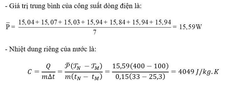 KHỞI ĐỘNGNhiệt lượng cần để làm nóng 1 kg nước lên thêm 1℃ khác với nhiệt lượng cần để làm nóng 1 kg rượu lên thêm 1℃. Đại lượng vật lí nào có thể dùng để mô tả sự khác biệt như trên của các chất khác nhau?Giải chi tiết:Nhiệt lượng cần để làm nóng 1 kg nước lên thêm 1℃ khác với nhiệt lượng cần để làm nóng 1 kg rượu lên thêm 1℃. Đại lượng vật lí có thể dùng để mô tả sự khác biệt như trên của các chất khác nhau đó là nhiệt dung riêng.I. KHÁI NIỆM NHIỆT DUNG RIÊNGCâu hỏi 1: Hãy tìm ví dụ trong đời sống để minh hoạ cho nội dung trên.Giải chi tiết:- Khối lượng của vật: Ví dụ: 1 bình nước có thể tích 200 mL và 1 bình nước có thể tích 600 mL. Đun sôi hai bình ở cùng một nhiệt độ ban đầu, thấy thời gian hai bình sôi khác nhau thì chứng tỏ nhiệt lượng nước thu vào phụ thuộc vào khối lượng.- Độ tăng nhiệt độ của vật: Ví dụ: 1 bình nước có thể tích 200 mL và 1 bình nước có thể tích 600 mL. Đun sôi hai bình ở cùng một nhiệt độ ban đầu, thấy thời gian của bình thứ nhất sôi rồi mà bình thứ hai chưa sôi thì chứng tỏ độ tăng nhiệt độ của bình thứ hai lớn hơn bình thứ nhất, vậy nên nhiệt lượng của nước thu vào phụ thuộc vào độ tăng nhiệt độ của vật.- Tính chất của chất làm vật: Ví dụ: đun nóng miếng đồng và miếng sắt có cùng khối lượng và cùng nhiệt độ ban đầu. Muốn cho miếng đồng và miếng sắt có cùng nhiệt độ như nhau thì thời gian đun nóng cũng khác nhau. Như vậy nhiệt lượng phụ thuộc vào tính chất của chất làm vật. Hoạt động 1 : Biết nhiệt dung riêng của nước lớn gấp hơn hai lần của dầu, tại sao trong bộ tản nhiệt ( làm mát) của máy biến thế, người ta lại dùng dầu mà không dùng nước như trong bộ tản nhiệt của động cơ nhiệt?Giải chi tiết:Dầu trong máy biến thế có chức năng là cách điện và làm mát cho máy, được sử dụng để bảo  quản lõi và cuộn dây của máy biến thế vì chúng được ngâm hoàn toàn bên trong dầu. Dầu trong máy biến thế cũng ngăn chặn quá trình oxy hoá của lớp cách điện bằng giấy cellulose. Dầu cũng có độ nhớt thấp để máy dễ khởi động ở nhiệt độ thấp và khả năng truyền nhiệt vẫn tốt trong khi vận hành.Không dùng nước như trong bộ tản nhiệt của động cơ điện bởi vì nước dẫn điện tốt hơn dầu, dễ gây hỏng hóc và sự cố điện xảy ra, nước dễ bay hơi nên cần bổ sung nước định kỳ, khả năng chống oxy hoá của nước không tốt bằng dầu.Hoạt động 2: Hãy dựa vào giá trị của nhiệt dung riêng của nước và của đất trong bảng 4.1 để giải thích tại sao ban ngày có gió mát thổi từ biển vào đất liền, ban đêm có gió ấm thổi từ đất liền ra biển.Giải chi tiết:Nhiệt dung riêng của nước lớn hơn của đất.Ban ngày có gió mát thổi từ biển vào đất liền là vì nhiệt dung riêng của nước lớn hơn đất mà ban ngày không khí ngoài biển lạnh do, không khí trong đất liền nóng nên nó mang theo nhiệt lượng từ biển vào đất liền và cảm thấy mát.Ban đêm có gió ấm thổi từ đất liền ra biển là vì ban ngày đất liền nhận được rất nhiều nhiệt lượng từ mặt trời nên nhiệt lượng của nó rất cao, nên khi gió thổi từ đất liền ra biển sẽ mang theo lượng nhiệt mà ban ngày đất liền hấp thụ được. Hoạt động 3: Một thùng đựng 20 lít nước ở nhiệt độ 20 ℃. Cho khối lượng riêng của nước là 1000 kg/m3.Tính nhiệt lượng cần truyền cho nước trong thùng để nhiệt độ của nó tăng lên tới 70℃.Tính thời gian truyền nhiệt lượng cần thiết nếu dùng một thiết bị điện có công suất 2,5 kW để đun lượng nước trên. Biết chỉ có 80% điện năng tiêu thụ được dùng để làm nóng nước.Giải chi tiết:a) V= 20 lít = 20.0,001= 0,02 m3 , t= 20℃ , C nước = 4200 (J/kg.K), D nước = 1000 kg/m3Ta có: Q =mc∆T = 0,02.1000.4200.(70-20)=4200000 JNhiệt lượng cần truyền cho nước trong thùng để nhiệt độ của nó tăng từ 20℃ đến 70℃ là 4200000J.b) Ta có:II. THỰC HÀNH ĐO NHIỆT DUNG RIÊNG CỦA NƯỚC