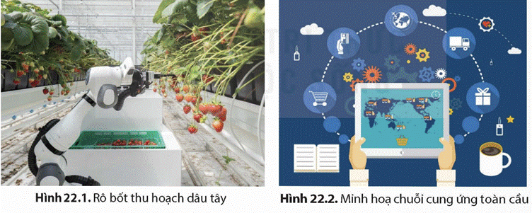 MỞ ĐẦUHình 22.1 và hình 22.2 phản ánh thành tựu của cuộc cách mạng khoa học – kĩ thuật cũng như sự gia tăng xu hướng toàn cầu hoá của thế giới hiện nay. Cuộc cách mạng khoa học – kĩ thuật đã đạt được những thành tựu cơ bản gì và có ảnh hưởng như thế nào đối với Việt Nam? Xu hướng toàn cầu hoá có biểu hiện và tác động như thế nào đối với thế giới và Việt Nam?Giải chi tiết:- Cuộc cách mạng khoa học – kĩ thuật đã đạt được những thành tựu cơ bản như: rút ngắn thời gian phát minh khoa học, ứng dụng vào sản xuất, đồng thời gắn kết chặt chẽ giữa khoa học, kĩ thuật và công nghệ với nhau- Nhờ đó có những ảnh hưởng tích cực đối với Việt Nam như: nhảy vọt về sản xuất và năng suất lao động, nâng cao mức sống và chất lượng cuộc sống của con người- Biểu hiện của xu hướng toàn cầu hoá: + Sự phát triển nhanh chóng của quan hệ thương mại quốc tế+ Sự phát triển và tác động to lớn của các công ty xuyên quốc gia + Sự sáp nhập và hợp nhất các công ty thành những tập đoàn lớn, nhất là công ty khoa học - kỹ thuật- Tác động đối với thế giới và Việt Nam: Thúc đẩy nhanh chóng sự phát triển và xã hội hóa của lực lượng sản xuất, góp phần chuyển biến cơ cấu kinh tế, đòi hỏi cải cách sâu rộng để nâng cao tính cạnh tranh và hiệu quả của nền kinh tế. 1. THÀNH TỰU CỦA CUỘC CÁCH MẠNG KHOA HỌC – KĨ THUẬT VÀ ẢNH HƯỞNG ĐỐI VỚI VIỆT NAMCâu hỏi 1: Nêu những thành tựu chủ yếu của cách mạng khoa học – kĩ thuật trên thế giớiGiải chi tiết:- Khoa học cơ bản: Đạt được nhiều thành tựu lớn trong các ngành Toán học, Vật lí, Sinh học, Hoá học...- Công nghệ sinh học: Đạt được những bước tiến dài về công nghệ di truyền, công nghệ tế bào, công nghệ vi sinh,...- Công nghệ vật liệu: Tạo ra được những vật liệu mới chuyên dụng với tính năng vượt trội như: pô-li-me siêu dẻo; com-pô-sít siêu bền; na-nô siêu nhỏ;...- Công nghệ năng lượng: năng lượng nguyên tử, gió, mặt trời, sinh học, nhiệt hạch,.- Công nghệ thông tin: các thế hệ máy tính điện tử có khả năng lưu trữ, xử lí thông tin, tính toán vượt trội và mạng internet được ứng dụng rộng rãi.- Giao thông vận tải: sự xuất hiện của các loại máy bay siêu âm khổng lồ, các loại tàu hoả tốc độ cao- Thông tin liên lạc: sự xuất hiện của sóng vô tuyến qua hệ thống vệ tinh nhân tạo, điện thoại di động và đặc biệt là điện thoại thông minh.- Công nghệ kĩ thuật số: điện toán đám mây, trí tuệ nhân tạo, kết nối vạn vật... Câu hỏi 2: Em ấn tượng nhất với thành tựu nào của cuộc cách mạng khoa học – kĩ thuật? Vì sao?Giải chi tiết:- Em ấn tượng nhất với thành tựu về Internet vì tính đa dạng của nó- Internet cung cấp nguồn thông tin, kho kiến thức khổng lồ, trở thành phương tiện giải trí hữu ích với mọi người trong cuộc sống- Nhờ Internet, mọi người có thể cùng nhau trò chuyện, trao đổi thông tin, kinh nghiệm trên các trang mạng xã hội; việc mua sắm online đã trở nên dễ dàng, tiện lợi Câu hỏi 1: Khai thác tư liệu 1 và thông tin trong bài để làm rõ ảnh hưởng tích cực của cuộc cách mạng khoa học – kĩ thuật đối với Việt Nam.Giải chi tiết:- Thúc đẩy sự phát triển của nền kinh tế Việt Nam theo hướng hiện đại, hội nhập với khu vực và thế giới- Góp phần nâng cao chất lượng cuộc sống của người dân, làm thay đổi phương thức quản lí nhà nước, mô hình sản xuất kinh doanh, tiêu dùng và đời sống văn hoá, xã hội Câu hỏi 1: Nêu một số ảnh hưởng tiêu cực của cách mạng khoa học – kĩ thuật đối với Việt NamGiải chi tiết:- Việt Nam rất dễ bị biến thành nơi gia công, lắp ráp đơn giản của các nước có nền công nghệ hiện đại- Nguy cơ về an ninh, chính trị, an toàn xã hội do thông tin bảo mật bị đánh cắp hoặc thông tin xấu, sai sự thật được phát tán rộng rãi trên không gian mạng,... 2. XU THẾ TOÀN CẦU HOÁ VÀ TÁC ĐỘNG VỚI THẾ GIỚI VÀ VIỆT NAMCâu hỏi: Khai thác tư liệu 2 và thông tin trong mục, hãy cho biết toàn cầu hoá là gì? Trình bày những biểu hiện chủ yếu của toàn cầu hoá.Giải chi tiết:- Toàn cầu hóa là quá trình tăng cường sự liên kết và phụ thuộc lẫn nhau của các nền kinh tế quốc gia, khu vực và địa phương trên toàn thế giới thông qua việc tăng trưởng và cải thiện của các lĩnh vực kinh tế như sản xuất, thương mại, tài chính và dịch vụ.- Những biểu hiện chủ yếu của toàn cầu hoá:+ Kinh tế: Sự phát triển nhanh chóng của quan hệ thương mại quốc tế gắn với các tập đoàn xuyên quốc gia hoặc tổ chức phi chính phủ, sự mở rộng hệ thống tài chính toàn cầu với các tổ chức kinh tế, tài chính khu vực, quốc tế.+ Văn hoá: Sự chia sẻ, tăng cường giao lưu, trao đổi, thâm nhập lẫn nhau của các nền văn hoá.+ Chính trị: Sự phát triển và ảnh hưởng ngày càng gia tăng của các tổ chức khu vực và các tổ chức quốc tế Câu hỏi 1: Hãy nêu và đánh giá những tác động của xu thế toàn cầu hoá đối với thế giới.Giải chi tiết:- Thúc đẩy nhanh sự hình thành thị trường kinh tế toàn cầu, xã hội hoá lực lượng sản xuất, đem lại sự tăng trưởng cao về kinh tế- Tạo nên sự liên kết ngày càng chặt chẽ giữa các lực lượng, các quốc gia, khu vực trong việc giải quyết các vấn đề toàn cầu vì mục tiêu phát triển chung của nhân loại- Làm gia tăng giao lưu, trao đổi văn hoá giữa các quốc gia, dân tộc và định hình xu hướng văn hoá toàn cầu.- Toàn cầu hoá cũng làm gia tăng sự phụ thuộc lẫn nhau giữa các quốc gia; kéo dài khoảng cách chênh lệch giàu nghèo trong mỗi quốc gia, giữa các quốc gia và các khu vực trên thế giới; làm trầm trọng thêm tình trạng ô nhiễm môi trường, dịch bệnh; làm xói mòn và đánh mất bản sắc văn hoá dân tộc Câu hỏi 2: Tại sao nói toàn cầu hoá vừa là cơ hội, vừa là thách thức đối với Việt Nam?Giải chi tiết:Toàn cầu hoá vừa là cơ hội vừa là thách thức đối với Việt Nam vì:- Toàn cầu hoá tạo điều kiện cho quá trình hội nhập khu vực và thế giới trên các lĩnh vực kinh tế, chính trị, văn hoá- Về kinh tế, toàn cầu hoá tạo ra cho nước ta cơ hội tiếp cận vốn đầu tư nước ngoài, trình độ khoa học – kĩ thuật tiên tiến của thế giới; mở rộng hoạt động thương mại, xuất khẩu lao động; chuyển dịch cơ cấu kinh tế, nâng cao mức sống người dân,... nhưng cũng làm gia tăng sự cạnh tranh- Về chính trị, toàn cầu hoá mở ra cơ hội để Việt Nam tham gia và thể hiện vai trò tích cực trong các tổ chức khu vực, quốc tế, góp phần nâng cao uy tín, địa vị quốc gia- Về văn hoá, toàn cầu hoá cho phép mở rộng giao lưu, tiếp xúc và tiếp thu những tinh hoa văn hoá của nhân loại, làm giàu cho nền văn hoá Việt Nam, nhưng cũng dẫn đến nguy cơ bị hoà tan, làm xói mòn bản sắc văn hoá truyền thống LUYỆN TẬP VÀ VẬN DỤNG