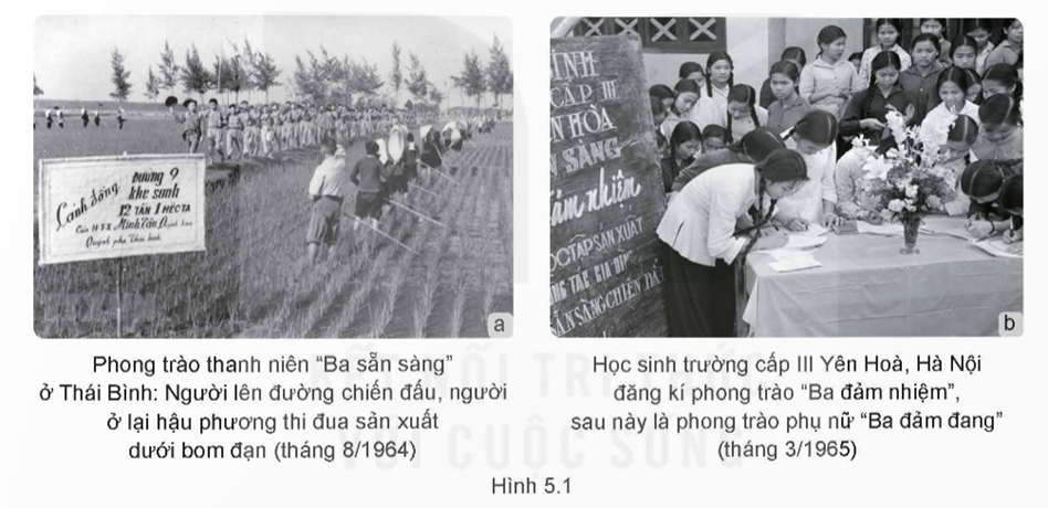 MỞ ĐẦUEm hãy nêu ý nghĩa các phong trào ở hình 5.1.Giải chi tiết:- Ý nghĩa phong trào “Ba sẵn sàng”: trở thành động lực phát huy lòng yêu nước của tuổi trẻ, tạo điều kiện, môi trường để mỗi người có cơ hội bộc lộ lòng yêu nước bằng hành động thực tiễn.- Phong trào “Ba đảm đang” có ý nghĩa toàn diện về tư tưởng, chính trị, quân sự, kinh tế, văn hóa, xã hội, đã khơi dậy mạnh mẽ tinh thần yêu nước nồng nàn, truyền thống lao động sáng tạo, ý chí tự cường phấn đấu vươn lên của phụ nữ miền Bắc. I. MỘT SỐ NÉT CHÍNH VỀ TRUYỀN THÔNG VÀ NGHỆ THUẬT QUÂN SỰ CỦA LỰC LƯỢNG VŨ TRANG ĐỊA PHƯƠNGCâu hỏi: Địa phương em có những thành phần nào của lực lượng vũ trang? Lấy ví dụ cho các thành phần đó.Giải chi tiết:- Thành phần lực lượng vũ trang ở địa phương gồm: bộ đội địa phương, dân quân tự vệ, dự bị động viên, bộ đội biên phòng (ở các vùng biên giới) và công an nhân dân (công an cấp tỉnh, huyện và cấp xã).- Ví dụ về bộ đội địa phương:+ Trung đoàn Bộ binh địa phương 301 (Quận Đống Đa, Hà Nội)+ Tiểu đoàn Bộ binh địa phương 45 (Huyện Thanh Trì, Hà Nội) Câu hỏi: Em hãy nêu một số truyền thống của lực lượng vũ trang địa phương.Giải chi tiết:- Tuyệt đối trung thành với Đảng, Nhà nước và nhân dân, phục tùng sự lãnh đạo, quản lí của các cấp ủy, chính quyền địa phương.- Độc lập, tự chủ, tự lực, tự cường, càng đánh càng mạnh.- Kiên cường, dũng cảm, mưu trí, sáng tạo, linh hoạt trong chiến đấu và lao động.- Gắn bó máu thịt với nhân dân, sẵn sàng hi sinh bảo vệ tài sản của Nhà nước ở địa phương, tính mạng, tài sản của nhân dân.- Đoàn kết, tận tình giúp đỡ nhân dân và lực lượng vũ trang địa phương bạn. Câu hỏi: Em hãy nêu một số nét chính về nghệ thuật quân sự của lực lượng vũ trang địa phương.Giải chi tiết:- Tiến hành chiến tranh nhân dân ở địa phương, làm nòng cốt cho toàn dân đánh giặc - Quán triệt tư tưởng, chiến lược tiến công, bám trụ kiên cường; tích cực, chủ động đánh địch rộng khắp, mọi nơi, mọi lúc, bằng mọi thứ vũ khí với nhiều quy mô.- Tận dụng, cải tạo địa hình, tạo lập thế trận tại chỗ; phát huy sở trường, phối hợp các lực lượng.- Vận dụng linh hoạt nhiều hình thức chiên thuật, sáng tạo nhiều cách đánh.- Phối hợp, hiệp đồng chiến đấu, phục vụ, đảm bảo chiến đấu chặt chẽ với bộ đội chủ lực trên địa bàn. II. TRÁCH NHIỆM TRONG XÂY DỰNG, BẢO VỆ, GIỮ GÌN, PHÁT HUY TRUYỀN THỐNG QUÊ HƯƠNGCâu hỏi: Em hãy tìm hiểu về truyền thống của lực lượng vũ trang tỉnh, thành phố em sinh sống.Giải chi tiết:- Ngày truyền thống, các mốc son lịch sử của lực lượng vũ trang địa phương.- Các chiến công của cá nhân, tập thể trong chiến đấu và bảo vệ Tổ quốc.- Các Bà mẹ Việt Nam anh hùng, các Anh hùng liệt sĩ, Anh hùng lực lượng vũ trang nhân dân,...- Các hoạt động “đền ơn đáp nghĩa”, tri ân với người có công với đất nước; xây dựng, bảo vệ, giữ gìn và phát huy truyền thống của quê hương.... Câu hỏi: Học sinh cần làm gì để phát huy truyền thống của nhà trường và địa phương?Giải chi tiết:- Tích cực học tập, tìm hiểu về lịch sử, truyền thống của lực lượng vũ trang địa phương; tự hào về những truyền thống tốt đẹp của nhà trường và quê hương.- Đóng góp sức lực, trí tuệ nhỏ bé để xây dựng những truyền thống quê hương; thường xuyên vun đắp, tạo dựng nhiều truyền thống tốt đẹp khác ở nhà trường, địa phương trong quá trình học tập, sinh hoạt và công tác.- Luôn biết ơn và trân trọng những cống hiến, hi sinh của thế hệ ông cha; tích cực tham gia các hoạt động đền ơn đáp nghĩa, tiếp lửa truyền thống, kỉ niệm các ngày lễ, ngày truyền thống,... do nhà trường, địa phương tổ chức.- Thường xuyên tuyên truyền về lịch sử, truyền thống của nhà trường, địa phương với bạn bè trong nước và quốc tế; kịp thời phản ánh với nhà trường, chính quyền địa phương về những hành vi bôi nhọ, xuyên tạc về lịch sử, truyền thống của nhà trường và quê hương trên không gian mạng và các phương tiện thông tin đại chúng.- Sẵn sàng tham gia thực hiện nghĩa vụ quân sự và phục vụ trong quân đội, công an lâu dài để cống hiến, hi sinh vì độc lập tự do của Tổ quốc, vì Chủ nghĩa xã hội. LUYỆN TẬPCâu 1. Em hãy cho biết vì sao lực lượng vũ trang địa phương luôn kiên cường, dũng cảm, mưu trí trong chiến đấu? Lấy ví dụ về tập thể, cá nhân kiên cường, dũng cảm, mưu trí trong chiến tranh giải phóng dân tộc.Giải chi tiết:- Kiên cường, dũng cảm, mưu trí, sáng tạo là phẩm chất của lực lượng vũ trang nói chung và lực lượng vũ trang địa phương nói riêng. Đặc biệt, lực lượng vũ trang địa phương thường xuyên hoạt động phân tản nhỏ lẻ, nhiều lúc cài xen với địch, rơi vào tình huống khó khăn phức tạp, biến động khó lường càng đòi hỏi phải kiên cường, dũng cảm, mưu trí, sáng tạo, linh hoạt.- Trong chiến đấu, lực lượng vũ trang địa phương luôn kiên cường, bất khuất, không sợ hi sinh, gian khổ để đánh đuổi kẻ thù, bảo vệ quê hương, đất nước. Đã có nhiều cán bộ, chiến sĩ lực lượng vũ trang địa phương và quần chúng nhân dân dũng cảm, mưu trí, sáng tạo tiền công tiêu diệt địch đến cùng để bảo vệ quê hương, không chịu đầu hàng, khai bảo khi bị địch bắt và tra tấn dã man, thậm chỉ, có người khi bị đưa ra xử bắn vẫn nêu cao khí phách hiên ngang, bất khuất, kiên trung, nhiều người mẹ, người chị không sợ hi sinh, để nuôi giấu cán bộ, làm giao liên, y tá,... ngay giữa làn bom đạn của địch.- Ví dụ: + Nguyễn Thị Suốt (Anh hùng ngành Giao thông vận tải) ngày đêm chèo đò đưa bộ đội vượt sông Nhật Lệ (Quảng Bình) trong sự đánh phá ác liệt của máy bay địch những năm 1964-1967+ Anh hùng Võ Thị Sáu: Nữ chiến sĩ biệt động Sài Gòn, với lòng yêu nước nồng nàn, đã dũng cảm chiến đấu, hy sinh vì độc lập dân tộc.+ Anh hùng Phan Đình Phùng: Một trong những vị tướng tài ba của phong trào Cần Vương, với tinh thần quật cường, đã lãnh đạo quân dân ta chiến đấu chống Pháp.+ Anh hùng Lý Tự Trọng: Một trong những thanh niên cộng sản đầu tiên của Việt Nam, với lòng yêu nước nồng nàn và ý chí kiên cường, đã hy sinh anh dũng cho Tổ quốc. Câu 2. Theo em, sự gắn bó máu thịt với nhân dân của lực lượng vũ trang địa phương thể hiện như thế nào trong chiến đấu?Giải chi tiết:Cán bộ, chiến sĩ lực lượng vũ trang đều là con em của nhân dân ở địa phương, được tổ chức ra để bảo vệ tính mạng và tài sản của nhân dân ở địa phương nên được dân yêu, dân mến, dân nuôi dưỡng, che chở. Trong chiến tranh, nhân dân chắt chiu, gom góp cho đầy “hũ gạo kháng chiến”, gửi áo ấm, chăn màn cho chiến sĩ, đào hầm nuôi giấu bộ đội,... Nhân dân địa phương cùng nhau thi đua thực hiện phong trào: “Thóc không thiếu một cân, quân không thiếu một người ,