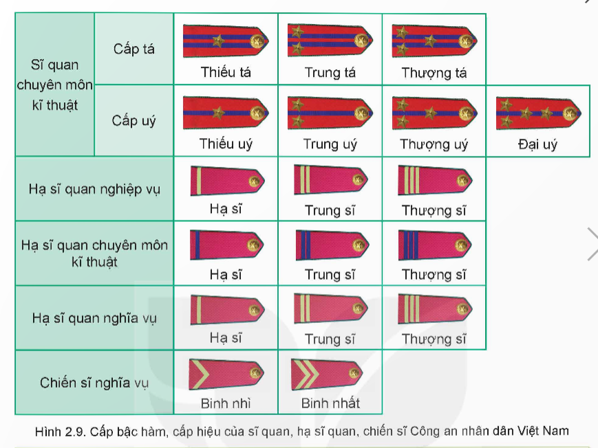 MỞ ĐẦUHình 2.1 thể hiện những thông tin gì của lực lượng quân đội và công an?Giải chi tiết:Hình 2.1 thể hiện cấp bậc, quân hàm của lực lượng quân đội và công an. I. QUÂN ĐỘI NHÂN DÂN VIỆT NAMCâu hỏi: Em hãy chia sẻ hiểu biết của mình về chức năng, nhiệm vụ của một số tổ chức trong Quân đội nhân dân Việt Nam.Giải chi tiết:* Bộ Quốc phòng- Tham mưu với Đảng và Nhà nước về đường lối, nhiệm vụ quân sự, quốc phòng bảo vệ Tổ quốc; - Quản lí nhà nước về lĩnh vực quân sự, quốc phòng trong phạm vi cả nước; - Tổ chức thực hiện việc xây dựng, quản lí, chỉ huy quân đội nhân dân, dân quân tự vệ.* Bộ Tổng Tham mưu và Tổng cục Chính trị- Bộ Tổng Tham mưu: Chỉ huy, điều hành, xây dựng phát triển lực lượng và huấn luyện sẵn sàng chiến đấu, chiến đấu của quân đội nhân dân và dân quân tự vệ.- Tổng cục Chính trị: Đảm nhiệm công tác Đảng, công tác chính trị trong toàn quân.* Quân khu, quân đoàn- Quân khu: + Chỉ đạo công tác quốc phòng và xây dựng tiềm lực quân sự trong thời bình; + Chỉ đạo, chỉ huy lực lượng vũ trang địa phương trong thời chiến, để bảo vệ lãnh thổ quân khu.- Quân đoàn: Đơn vị cơ động lớn nhất của Lục quân, có nhiệm vụ bảo vệ các địa bàn chiến lược trọng yếu của quốc gia. Câu hỏi: Nêu cách nhận biết các bậc quân hàm của sĩ quan, hạ sĩ quan, chiến sĩ trong Quân đội nhân dân Việt Nam dựa vào cấp hiệu.Giải chi tiết:* Chú ý:- Cấp hiệu của Bộ đội Biên phòng có nền màu xanh lá cây, viền màu đỏ; - Cảnh sát biển có nền màu xanh dương, viền màu vàng; - Quân chủng Phòng không – Không quân có nền màu vàng, viền màu xanh hoà bình; - Hải quân có nền màu vàng, viền màu tím than.- Cấp hiệu của quân nhân chuyên nghiệp tương tự như cấp hiệu của sĩ quan, chỉ khác trên nền cấp hiệu có một đường màu hồng ở chính giữa theo chiều dọc. Câu hỏi: - Nêu cách nhận biết các lực lượng trong Quân đội nhân dân Việt Nam dựa vào phù hiệu ở hình 2.6.- Hãy tìm hiệu về phù hiệu của các lực lượng khác trong Quân đội nhân dân Việt Nam.Giải chi tiết:* Nền phù hiệu:- Binh chủng hợp thành – Bộ binh, Tăng – Thiết giáp, Pháo binh, Công binh, Thông tin, Hóa học, Đặc công: Màu đỏ tươi- Bộ đội Biên phòng: Màu xanh lá cây- Phòng không - Không quân: Màu xanh hòa bình- Hải quân: Màu tím than* Hình phù hiệu:- Binh chủng hợp thành – Bộ binh: Hình thanh kiếm và khẩu súng đặt chéo - Phòng không - Không quân: Máy bay chiến đấu và sao vàng- Hải quân: Mỏ neo, sóng biển và ngôi sao vàng- Bộ đội Biên phòng: Cột mốc biên giới, lá cờ Tổ quốc và hai bông lúa- Tăng – Thiết giáp: Hình xe tăng nhìn ngang- Pháo binh: Hình hai nòng súng thần công đặt chéo- Công binh: Hình cuốc, xẻng trên nửa bánh xe răng- Thông tin: Hình sóng điện- Hóa học: Hình tia phóng xạ trên hình nhân ben–zen- Đặc công: Hình dao găm đặt trên khối bộc phá, dưới mũi tên có mũi tên vòng.* Một số lực lượng khác trong Quân đội nhân dân Việt Nam- Bộ đội nhảy dù: Hình máy bay trên dù đang mở- Tên lửa: Hình tên lửa trên nền mây- Cao xạ: Hình khẩu pháo cao xạ- Ra-đa: Hình cánh ra-đa trên bệ- Hải quân: Hình mỏ neo- Hải quân đánh bộ: Hình mỏ neo trên thanh kiếm và khẩu súng đặt chéo- Ngành Hậu cần - Tài chính: Hình thanh kiếm và khẩu súng đặt chéo, dưới có bông lúa- Quân y, thú y: Hình chữ thập đỏ trong hình tròn- Ngành Kỹ thuật: Hình com-pa trên chiếc búa- Lái xe: Hình tay lái trên nhíp xe- Cơ quan tiến hành tố tụng, kiểm soát quân sự: Hình mộc trên hai thanh kiếm đặt chéo- Quân nhạc: Hình chiếc kèn và sáo đặt chéo- Thể dục thể thao: Hình cung tên- Văn hóa nghệ thuật: Hình biểu tượng âm nhạc và cây đàn. Câu hỏi: Nêu cách nhận biết các lực lượng trong Quân đội nhân dân Việt Nam dựa vào trang phục ở hình 2.7.Giải chi tiết:* Màu sắc:- Lục quân: Màu xanh lá cây (ô liu)- Phòng không – không quân: Màu xanh da trời- Hải quân: Màu tím than, màu trắng* Phù hiệu:- Lục quân: Hai bông lúa và ngôi sao vàng- Phòng không – không quân: Cánh chim và ngôi sao vàng- Hải quân: Mỏ neo và sóng biển* Mũ:- Lục quân: Mũ cối hoặc mũ kê-pi- Phòng không – không quân: Mũ phi công- Hải quân: Mũ thủy thủ* Quân hàm:- Lục quân: Quân hàm dạng “sao”- Phòng không – không quân: Quân hàm dạng “cánh chim”- Hải quân: Quân hàm dạng “vạch” II. CÔNG AN NHÂN DÂN VIỆT NAMCâu hỏi: Em hãy nêu chức năng, nhiệm vụ của một số tổ chức trong Công an nhân dân Việt Nam.Giải chi tiết:* Bộ Công an- Tham mưu với Đảng, Nhà nước về bảo vệ an ninh quốc gia, bảo đảm trật tự, an toàn xã hội, đấu tranh phòng chống tội phạm; - Quản lí nhà nước về bảo vệ an ninh quốc gia, bảo đảm trật tự, an toàn xã hội; - Trực tiếp đấu tranh phòng chống các loại tội phạm, vi phạm pháp luật về an ninh quốc gia, trật tự, an toàn xã hội.* Một số tổ chức trực thuộc Bộ công an- Cục An ninh mạng và phòng, chống tội phạm sử dụng công nghệ cao: + Tham mưu, hướng dẫn và thực hiện quản lí nhà nước về an ninh mạng; + Thực hiện các biện pháp nghiệp vụ bảo vệ an ninh mạng và phòng, chống tội phạm mạng theo quy định của pháp luật.- Cục Cảnh sát hình sự: Tham mưu, hướng dẫn và thực hiện các biện pháp nghiệp vụ trong phòng ngừa, phát hiện, điều tra, xử lí các tội phạm về trật tự xã hội.- Cục Cảnh sát điều tra tội phạm về ma túy: Tham mưu, hướng dẫn và thực hiện các biện pháp nghiệp vụ để phòng ngừa, phát hiện, điều tra, xử lí các loại tội phạm về ma tuý.- Cục Cảnh sát quản lí hành chính về trật tự xã hội: + Tham mưu, hướng dẫn và thực hiện quản lí nhà nước về trật tự xã hội; + Thực hiện các biện pháp nghiệp vụ để phục vụ công tác phòng ngừa, phát hiện, đấu tranh chống tội phạm và các hành vi vi phạm pháp luật theo quy định của pháp luật.- Cục Cảnh sát phòng cháy, chữa cháy và cứu nạn, cứu hộ: Tham mưu, hướng dẫn và thực hiện quản lí nhà nước về phòng cháy, chữa cháy, thực hiện các biện pháp nghiệp vụ phòng cháy chữa cháy và cứu nạn, cứu hộ theo quy định.- Cục Cảnh sát giao thông: Tham mưu, quản lí nhà nước và tổ chức thực hiện bảo đảm trật tự, an toàn giao thông đường bộ, đường sắt và đường thuỷ nội địa, phòng ngửa, đấu tranh với các loại tội phạm và vi phạm trật tự, an toàn xã hội trên các tuyếngiao thông theo quy định.- Bộ Tư lệnh Cảnh vệ: Tham mưu và thực hiện công tác cảnh vệ để bảo đảm an toàntuyệt đối cho cán bộ lãnh đạo cấp cao của Đảng và Nhà nước, khách quốc tế đến thămvà làm việc tại Việt Nam, các khu vực trọng yếu và các sự kiện đặc biệt quan trọng.- Bộ Tư lệnh Cảnh sát cơ động: Tham mưu và thực hiện biện pháp vũ trang bảo vệ an ninh, giữ gìn trật tự, an toàn xã hội* Công an cấp tỉnh, cấp huyện và cấp xã- Công an cấp tỉnh, cấp huyện: + Tham mưu với cơ quan công an cấp trên, cấp uỷ, Uỷ ban nhân dân và quản lí nhà nước về bảo vệ an ninh quốc gia và giữ gìn trật tự an toàn xã hội trên địa bàn; + Trực tiếp đấu tranh phòng, chống âm mưu, hoạt động của các thể lực thù địch, các loại tội phạm và các vi phạm pháp luật về an ninh quốc gia, trật tự, an toàn xã hội.- Công an cấp xã: + Thực hiện nhiệm vụ bảo vệ an ninh quốc gia, bảo đảm trật tự an toàn xã hội, đấu tranh phòng chống tội phạm và vi phạm pháp luật; + Làm nòng cốt trong xây dựng phong trào toàn dân bảo vệ an ninh Tổ quốc ở địa bàn xã, thị trấn. Câu hỏi: Nêu cách nhận biết cấp bậc hàm của sĩ quan, hạ sĩ quan, chiến sĩ trong Công an nhân dân Việt Nam dựa vào cấp hiệu.Giải chi tiết: Câu hỏi: Em hãy nêu cách nhận biết một số lực lượng chuyên môn của Công an nhân dân Việt Nam thông qua trang phục.Giải chi tiết:Trang phục của Công an nhân dân Việt Nam thể hiện tính thống nhất và đặc trưng hoạt động chuyên môn của mỗi lực lượng trong Công an nhân dân Việt Nam. LUYỆN TẬPCâu 1. Nêu một số tổ chức trong Quân đội nhân dân Việt Nam. Tổ chức nào thuộc cơ quan quân sự địa phương?Giải chi tiết:Một số tổ chức trong Quân đội nhân dân Việt Nam gồm:- Bộ Quốc phòng.- Các cơ quan Bộ Quốc phòng: Bộ Tổng Tham mưu, Tổng cục Chính trị,...- Các quân khu: Quân khu 1, 2, 3, 4, 5, 7, 9. Quân khu có Bộ chỉ huy quân sự cấp tỉnh, Ban chỉ huy quân sự cấp huyện và các đơn vị khác.- Các đơn vị: Quân đoàn, quân chủng, binh chủng, Bộ Tư lệnh,... Ở từng đơn vị có sư đoàn, trung đoàn, tiểu đoàn, đại đội, trung đội, tiểu đội và các cấp tương đương.- Các cơ quan nghiên cứu, học viện nhà trường, cơ quan tư pháp quân đội; các cơ quan, đơn vị, doanh nghiệp, bệnh viện, đoàn kinh tế – quốc phòng và tổ chức - khác thuộc Bộ Quốc phòng.Câu 2. Hệ thống tổ chức của Công an nhân dân Việt Nam gồm mấy cấp? Nêu chức năng, nhiệm vụ chính của công an cấp huyện, cấp xã.Giải chi tiết:Hệ thống tổ chức của Công an nhân dân Việt Nam bao gồm:- Bộ Công an;- Công an tỉnh, thành phố trực thuộc trung ương;- Công an huyện, quận, thị xã, thành phố thuộc tỉnh, thành phố thuộc thành phố trực thuộc trung ương;- Công an xã, phường, thị trấn.Chức năng, nhiệm vụ chính của công an cấp huyện, cấp xã: - Công an cấp tỉnh, cấp huyện: Tham mưu với cơ quan công an cấp trên, cấp uỷ, Uỷ ban nhân dân và quản lí nhà nước về bảo vệ an ninh quốc gia và giữ gìn trật tự an toàn xã hội trên địa bàn; trực tiếp đấu tranh phòng, chống âm mưu, hoạt động của các thế lực thù địch, các loại tội phạm và các vi phạm pháp luật về an ninh quốc gia, trật tự, an toàn xã hội.- Công an cấp xã: Thực hiện nhiệm vụ bảo vệ an ninh quốc gia, bảo đảm trật tự, an toàn xã hội, đấu tranh phòng chống tội phạm và vi phạm pháp luật; làm nòng cốt trong xây dựng phong trào toàn dân bảo vệ an ninh Tổ quốc ở địa bàn xã, thị trấn. Câu 3. Em hãy cho biết cấp bậc quân hàm và quân, binh chủng trong Quân đội nhân dân Việt Nam của quân nhân trong các trường hợp sau đây. Giải thích lí do.a) Quân nhân mặc trang phục màu xanh lá cây; mang cầu vai có nền màu vàng, viền màu đỏ; trên cầu vai có một gạch ngang và bốn sao.b) Quân nhân mang trang phục màu xanh lá cây; mang cầu vai có nền màu xanh lá cây, viền màu vàng; trên cầu vai có hai gạch ngang và hai sao.c) Quân nhân mặc trang phục có áo sơ mi ngắn tay màu trắng, quần màu tím than; mang cầu vai có nền màu vàng, viền màu tím than; trên cầu vai có một gạch ngang và ba sao.d) Quân nhân mặc trang phục có áo sơ mi ngắn tay màu xanh hoà bình, quần màu xanh đậm; mang cầu vai có nền màu vàng, viền màu xanh hoà bình, ở giữa có đường dọc màu hồng; trên cầu vai có một gạch ngang và một sao.Giải chi tiết:a) Sĩ quan lục quân cấp bậc Đại úyb) Cán bộ kiểm lâm cấp bậc Trung tác) Sĩ quan hải quân cấp bậc Thượng úyd) Sĩ quan phòng không không quân cấp bậc Thiếu úy Câu 4. So sánh cấp bậc hàm, cấp hiệu của sĩ quan, hạ sĩ quan nghiệp vụ với sĩ quan, hạ sĩ quan chuyên môn kĩ thuật trong Công an nhân dân Việt Nam.Giải chi tiết:Cấp bậcSĩ quan nghiệp vụSĩ quan chuyên môn kỹ thuậtHạ sĩ quan nghiệp vụHạ sĩ quan chuyên môn kỹ thuậtĐại tướng4 sao4 sao--Thượng tướng3 sao3 sao--Trung tướng2 sao2 sao--Thiếu tướng1 sao1 sao--Đại tá4 vạch ngang4 vạch ngang--Thượng tá3 vạch ngang3 vạch ngangThượng sĩThượng sĩ chuyên môn kỹ thuậtTrung tá2 vạch ngang2 vạch ngangTrung sĩTrung sĩ chuyên môn kỹ thuậtThiếu tá1 vạch ngang1 vạch ngangHạ sĩHạ sĩ chuyên môn kỹ thuậtĐại úy4 vạch nghiêng4 vạch nghiêng--Thượng úy3 vạch nghiêng3 vạch nghiêng--Trung úy2 vạch nghiêng2 vạch nghiêng--Thiếu úy1 vạch nghiêng1 vạch nghiêng-- VẬN DỤNG