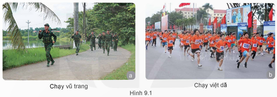 MỞ ĐẦUCâu hỏi: Em hãy quan sát hình 9.1 và cho biết: Chạy vũ trang có những điểm khác gì so với chạy thông thường?Giải chi tiết:Điểm khác biệt giữa chạy vũ trang so với chạy thông thường là:- Chạy vũ trang cần mang theo quân trang còn chạy thông thường thì không.- Chạy vũ trang sử dụng trang phục quân sự còn chạy thông thường sử dụng trang phục thoải mái, phù hợp với thời tiết và nhu cầu. I. NHỮNG VẤN ĐỀ CHUNG VỀ CHẠY VŨ TRANGCâu hỏi: Tại sao khi chạy vũ trang, phải mang đeo trang bị gọn gàng, chắc chắn?Giải chi tiết:Khi chạy vũ trang, phải mang đeo trang bị gọn gàng chắc chắn để không để trang bị va đập vào người và bị rơi trong khi chạy. II. KĨ THUẬT CHẠY VŨ TRANGCâu hỏi: Em hãy thực hiện kĩ thuật xuất phát theo hướng dẫn của giáo viên.Giải chi tiết:- Khi có lệnh Vào vị trí”, người tập đến vạch xuất phát, chân thuận đứng sát vạch xuất phát, khớp gối hơi trùng, trọng lượng dồn đều vào hai chân, thân trên hơi ngả về trước, thở đều, tập trung nghe lệnh của giáo viên.- Khi có lệnh