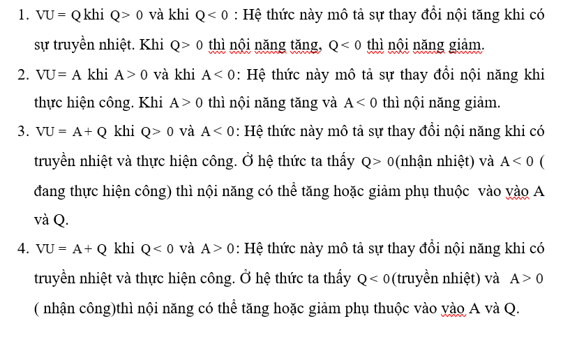 KHỞI ĐỘNGKhi nước được đun tới lúc bắt đầu sôi thì dù có tiếp tục đun, nhiệt độ của nước cũng không thay đổi. Vậy nhiệt năng mà nước nhận được lúc này làm tăng dạng năng lượng nào của nướcGiải chi tiết:Khi nước đã sôi ở 100 ℃ , tiếp tục đun nhiệt độ của nước không thay đổi vì nhiệt lượng lúc này đã chuyển hoá từ thể lỏng sang thể hơi, đó chính là sự bốc hơi của nước và nhiệt độ này không đủ để tăng nhiệt độ của nước. Vậy nên nhiệt năng mà nước nhận được lúc này không làm tăng dạng năng lượng nào cũng nước, nội năng của nó giữ nguyên.I. KHÁI NIỆM NỘI NĂNGCâu hỏi: Tại sao nội năng của vật lại phụ thuộc vào nhiệt độ và thể tích của vật?Giải chi tiết:Bởi vì nội năng bằng tổng thế năng cộng với động năng. Thế năng phụ thuộc vào khoảng cách giữa các phân tử vì các phân tử tương tác với nhau, nếu khoảng cách giữa các phân tử thay đổi thì thể tích sẽ thay đổi, từ đó thế năng cũng sẽ thay đổi nên nội năng phụ thuộc vào thế tích của vật. Động năng phụ thuộc vào tốc độ chuyển động của phân tử mà tốc độ chuyển động của phân tử lại phụ thuộc vào nhiệt độ ( nhiệt độ càng cao thì tốc độ chuyển động của phân tử càng nhanh và ngược lại) nên động năng phục thuộc vào nhiệt độ, từ đó nội năn cũng phụ thuộc vào nhiệt độ của vật Thí nghiệm: Thí nghiệm sau đây cho thấy mối liên hệ giữa nội năng của vật với năng lượng của các phân tử cấu tạo nên vật.Chuẩn bị:- Ống nghiệm (1).- Nút bấc có kích thước vừa khít miệng ống nghiệm (2).- Đèn cồn (3).- Giá đỡ thí nghiệm (4).Tiến hành:- Bố trí thí nghiệm như Hình 2.2.- Dùng đèn cồn đun nóng ống nghiệm cho đến khi nút bấc bật ra.Thực hiện các yêu cầu sau:Khi đun ống nghiệm tới một lúc nào đó thì thấy nút bấc bật ra. Giải thích vì sao nút bấc bật ra.Khi nút chưa bị bật ra:Nội năng của không khí trong ống nghiệm tăng hay giảm? Vì sao?Nội năng của không khí trong ống nghiệm tăng có phải do thế năng phân tử khí tăng không? Tại sao?Tại sao hiện tượng nút ống nghiệm bị bật ra lại chứng tỏ động năng của các phân tử khí trong ống nghiệm tăng?Giải chi tiết:Khi đun ống nghiệm tới một lúc nào đó thì thấy nút bấc bật ra vì khi đun ống nghiệm , chất lỏng bên trong ống nghiệm nóng lên và chuyển từ trạng thái lỏng sang trạng thái khí, quá trình này làm hơi nước giãn nở và làm bật nút chai. Nội năng của không khí trong ống nghiệm tăng vì khi ống nghiệm được đun nóng thì nhiệt độ trong ống nghiệm cũng tăng lên, từ đó làm động năng tăng lên nên nội năng tăng.Nội năng của không khí trong ống nghiệm tăng không phải do thế năng phân tử khí tăng. Vì nút bấc chưa bật ra, nội tăng tăng lúc này là do động năng tăng.Hiện tượng nút ống nghiệm bị bật ra lại chứng tỏ động năng của các phân tử khí trong ống nghiệm tăng vì nhiệt độ tăng thì các phân tử khí chuyển động nhanh hơn, va chạm với nút bấc cũng mạnh hơn mà động năng phụ thuộc vào tốc độ chuyển động của phân tử nên các phân tử khí chuyển động nhanh thì động năng cũng tăng theo.II. ĐỊNH LUẬT I CỦA NHIỆT ĐỘNG LỰC HỌC 