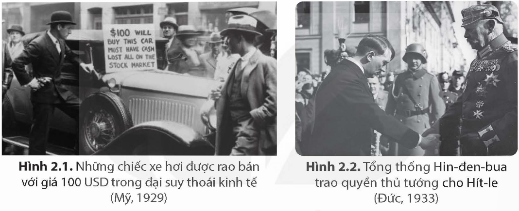 MỞ ĐẦUTrong những năm 1918 – 1945, lịch sử châu Âu và nước Mỹ đã trải qua những bước phát triển thăng trầm, đầy biến động trên tất cả các lĩnh vực kinh tế, chính trị, xã hội. Em biết gì về những biến động đó thông qua hai hình trên? Sự ra đời của Quốc tế cộng sản, đại suy thoái kinh tế thế giới (1929 – 1933) và sự xuất hiện chủ nghĩa phát xít có liên quan gì đến tình hình đó?Giải chi tiết:- Trong những năm 1918 - 1923, các nước tư bản châu Âu đều suy sụp về kinh tế, cuộc khủng hoảng kinh tế thế giới từ 1929 - 1933 bắt đầu từ Mĩ và lan nhanh khắp thế giới.- Sự ra đời của Quốc tế cộng sản đã trở thành tổ chức quốc tế của giai cấp công nhân, tuy nhiên do đại suy thoái kinh tế thế giới đã dẫn đến sự xuất hiện chủ nghĩa phát xít 1. PHONG TRÀO CÁCH MẠNG (1918 – 1923) VÀ SỰ THÀNH LẬP QUỐC TẾ CỘNG SẢN (1919)Câu hỏi: Trình bày những nét chính về phong trào cách mạng ở các nước tư bản châu Âu từ năm 1918 đến năm 1923Giải chi tiết:- Ở Đức:+ Ngày 9/11/1918, công nhân và các tầng lớp nhân dân ở Béc-lin đã tổng bãi công, sau đó chuyển thành khởi nghĩa vũ trang lật đổ chế độ quân chủ+ Sau đó, chính quyền đã rơi vào tay giai cấp tư sản, chế độ cộng hoà tư sản ở Đức được thiết lập+ Tháng 12/1918, Đảng Cộng sản Đức được thành lập, trong những năm 1919 – 1923, phong trào cách mạng chống lại giai cấp tư sản vẫn tiếp diễn nhưng thất bại- Ở Anh: từ 1919 – 1921, có tới 6,5 triệu người bãi công, công nhân không những đưa ra yêu sách kinh tế mà còn đưa ra yêu sách về chính trị- Ở Pháp: phong trào bãi công chuyển thành cao trào cách mạng, với cuộc tổng bãi công lớn nhất vào 1/5/1920 lôi cuốn hơn 1 triệu người tham gia Câu hỏi: Trình bày sự thành lập và một số hoạt động chính của Quốc tế Cộng sảnGiải chi tiết:- Sự thành lập: Tháng 3/1919, với những hoạt động tích cực của V.I.Lê-nin và Đảng Bôn-sê-vích Nga, Quốc tế cộng sản được thành lập ở Mát-xcơ-va- Một số hoạt động chính của Quốc tế Cộng sản:+ Tiến hành 7 kì đại hội, đề ra đường lối cho từng thời kì phát triển của cách mạng thế giới, trở thành tổ chức quốc tế của giai cấp công nhân và các dân tộc bị áp bức trên toàn thế giới+ Tại Đại hội lần thứ II (1920), Quốc tế cộng sản thông qua “Sơ thảo lần thứ nhất những Luận cương về vấn đề dân tộc và vấn đề thuộc địa” do V.I.Lê-nin dự thảo 2. CUỘC ĐẠI SUY THOÁI KINH TẾ (1929 – 1933) VÀ SỰ HÌNH THÀNH CHỦ NGHĨA PHÁT XÍTCâu hỏi 1: Khai thác tư liệu và thông tin trong mục, hãy trình bày nguyên nhân và biểu hiện của cuộc đại suy thoái kinh tế trong những năm 1929 - 1933Giải chi tiết:- Nguyên nhân của cuộc đại suy thoái kinh tế:+ Trong những năm 1924 – 1929, kinh tế ở các nước tư bản chủ nghĩa phát triển mạnh mẽ, sản xuất tăng lên nhanh chóng+ Tuy nhiên, do sản xuất ồ ạt, nhu cầu và sức mua của thị trường không có sự tăng lên tương ứng, làm cho hàng hoá trở nên ế thừa và dẫn tới suy thoái trong sản xuất- Biểu hiện của cuộc đại suy thoái kinh tế:+ Tháng 10/1929, cuộc đại suy thoái kinh tế bùng nổ ở Mỹ, sau đó lan rộng ra toàn thế giới tư bản chủ nghĩa trên tất cả các lĩnh vực+ Tàn phá nặng nề nền kinh tế và gây ra những hậu quả nghiêm trọng về mặt xã hội ở các nước tư bản chủ nghĩa Câu hỏi 2: Sự hình thành chủ nghĩa phát xít ở châu Âu diễn ra như thế nào?Giải chi tiết:- Các nước Đức, I-ta-li-a không có hoặc có ít thuộc địa nên ngày càng thiếu vốn, thiếu nguyên liệu, thị trường, đã đi theo con đường phát xít hoá, thiết lập chế độ độc tài, phát động chiến tranh để phân chia lại thế giới- Ở Đức, giai cấp tư sản cầm quyền quyết định đưa Hít-le lên làm Thủ tướng, nước Đức trở thành “lò lửa chiến tranh”- Ở I-ta-li-a cũng xuất hiện “lò lửa chiến tranh”, bành trướng thế lực và tiến hành xâm chiếm thuộc địa ở châu Phi, khu vực Địa Trung Hải 3. NƯỚC MỸ GIỮA HAI CUỘC CHIẾN TRANH THẾ GIỚICâu hỏi: Trình bày những nét lớn về tình hình chính trị, kinh tế của nước Mỹ giữa hai cuộc chiến tranh thế giớiGiải chi tiết:- Về tình hình chính trị:+ Về đối nội: Đảng cộng hoà liên tục nắm chính quyền, đề cao sự phồn vinh của nền kinh tế, ngăn chặn các cuộc đấu tranh của công nhân, đàn áp những người có tư tưởng tiến bộ+ Về đối ngoại: theo đuổi lập trường chống Liên Xô, tiếp tục thực hiện học thuyết Mơn-rô để bành trướng, can thiệp về quân sự khi cần thiết với khu vực Mỹ La-tinh- Về tình hình kinh tế:+ Chiến tranh thế giới thứ nhất đem lại cơ hội vàng cho sự phát triển kinh tế, bước vào thời kì “hoàng kim”+ Cuộc đại suy thoái kinh tế bùng nổ vào tháng 10/1929, nền kinh tế, tài chính bị chấn động dữ dội+ Tổng thống Ph.Ru-dơ-ven đưa nước Mỹ ra khỏi suy thoái bằng “Chính sách mới” LUYỆN TẬP VÀ VẬN DỤNG