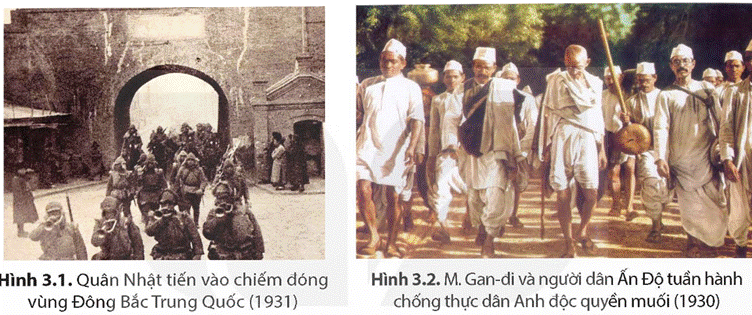 MỞ ĐẦUHai hình trên phản ánh tình hình trái ngược ở châu Á trong thời gian giữa hai cuộc chiến tranh thế giới (1918 – 1939). Trong khi Nhật Bản tăng cường chiến tranh xâm lược thì ở hầu hết các nước còn lại như Ấn Độ, Trung Quốc và các nước Đông Nam Á đã bùng nổ các cuộc đấu tranh giành độc lập dân tộc. Vì sao như vậy? Những biểu hiện nào chứng tỏ điều đó? Giải chi tiết:- Nhật Bản tăng cường chiến tranh xâm lược vì cuộc đại suy thoái kinh tế thế giới đã giáng một đòn nặng nề vào nền kinh tế Nhật Bản, để thoát khỏi tình trạng đó, Nhật Bản đã gây chiến tranh xâm lược, bành trướng ra bên ngoài. Điển hình như: kéo quân vào Đông Dương, tấn công hạm đội Mỹ ở Trân Châu Cảng,...- Các nước còn lại như Ấn Độ, Trung Quốc và các nước Đông Nam Á đã bùng nổ các cuộc đấu tranh giành độc lập dân tộc do bị tác động bởi Cách mạng tháng Mười Nga. Điển hình như: cách mạng Trung Quốc, Xô viết Nghệ - Tĩnh ở Việt Nam,... 1. NHẬT BẢN TRONG NHỮNG NĂM 1918 - 1929Câu hỏi: Nêu những nét chính về tình hình Nhật bản trong những năm 1918 - 1929Giải chi tiết:- Nền kinh tế phát triển nhanh chóng sau Chiến tranh thế giới thứ nhất, kéo dài trong 18 tháng- Những năm 1920 – 1921, nền kinh tế sa sút, nhiều công ty làm ăn thua lỗ, phá sản. - Đời sống người lao động không được cải thiện, phong trào đấu tranh của công nhân và nông dân bùng lên mạnh mẽ. Đảng cộng sản Nhật Bản được thành lập và trở thành lực lượng lãnh đạo phong trào công nhân- Những năm 1924 – 1929, kinh tế phát triển nhưng không ổn định:+ Năm 1926, sản lượng công nghiệp phục hồi vượt mức trước chiến tranh+ Năm 1927, cuộc khủng hoảng tài chính ở Tô-ki-ô làm cho hàng chục ngân hàng phải đóng cửa, số công nhân thất nghiệp tăng mạnh, nông dân bị bần cùng hoá, sức mua của người dân giảm sút Câu hỏi: Tình hình Nhật bản trong những năm 1929 – 1945 có điểm gì nổi bật?Giải chi tiết:- Cuộc đại suy thoái kinh tế thế giới 1929 – 1933 đã giáng một đòn nặng nề vào nền kinh tế Nhật Bản- Để đưa đất nước ra khỏi đại suy thoái, Chính phủ Nhật Bản tăng cường chính sách quân sự hoá bộ máy nhà nước, gây chiến tranh xâm lược, bành trướng ra bên ngoài- Tháng 9/1940, quân Nhật kéo vào Đông Dương; tháng 12/1941, tấn công bất ngờ vào hạm đội Mỹ ở Trân Châu cảng; xâm lược các nước Đông Nam Á, đánh nhiều đảo thuộc châu Á – Thái Bình Dương,...- Ngày 15/8/1945, Nhật Bản phải chấp nhận đầu hàng không điều kiện trước quân Đồng minh 2. PHONG TRÀO ĐẤU TRANH GIÀNH ĐỘC LẬP DÂN TỘC Ở CHÂU Á TỪ NĂM 1918 ĐẾN NĂM 1945Câu hỏi: Nêu những nét chính về phong trào đấu tranh giành độc lập dân tộc ở châu Á từ năm 1918 đến năm 1945Giải chi tiết:- Thắng lợi của Cách mạng tháng Mười Nga đã tác động đến nhiều nước châu Á, lan rộng khắp các khu vực: Đông Bắc Á, Đông Nam Á, Nam Á và Tây Á- Phong trào đấu tranh giành độc lập ở châu Á diễn ra theo hai khuynh hướng chính: dân chủ tư sản (Ấn Độ, In-đô-nê-xi-a,...) và vô sản (Trung Quốc, Việt Nam,...) Câu hỏi: Nêu những nét chính về phong trào cách mạng Trung Quốc trong những năm 1919 đến năm 1945Giải chi tiết:- Phong trào Ngũ tứ bùng nổ ngày 4/5/1919, mở đầu là cuộc biểu tình chống lại âm mưu xâu xé Trung Quốc của các nước đế quốc , lan rộng ra cả nước, lôi cuốn đông đảo công nhân, nông dân, trí thức yêu nước tham gia- Những năm 1927 – 1937 tiến hành cuộc chiến tranh cách mạng nhằm lật đổ nền thống trị của tập đoàn Quốc dân đảng – đại diện cho quyền lợi của đại địa chủ, đại tư sản và đế quốc ở Trung Quốc- Tháng 7/1937, Nhật Bản mở cuộc chiến tranh xâm lược nhằm thôn tính toàn bộ Trung Quốc, cách mạng Trung Quốc chuyển sang thời kì Quốc – Cộng hợp tác để cùng kháng chiến chống Nhật Bản Câu hỏi: Nêu những nét chính về phong trào đấu tranh giành độc lập dân tộc ở Đông Nam Á trong những năm 1918 – 1945.Giải chi tiết:- Sau Chiến tranh thế giới thứ nhất, giai cấp vô sản ở các nước Đông Nam Á từng bước trưởng thành, tham gia lãnh đạo phong trào cách mạng- Phong trào đấu đấu tranh giành độc lập dân tộc của giai cấp công nhân và nhân dân lao động ở một số nước đã bùng nổ: khởi nghĩa tại Gia-va và Xu-ma-tơ-ra (1926 – 1927) ở In-đô-nê-xi-a, cao trào Xô viết Nghệ - Tĩnh (1930 – 1931) ở Việt Nam- Ở Đông Dương, cuộc đấu tranh chống thực dân Pháp được tiến hành dưới nhiều hình thức phong phú với sự tham gia của đông đảo các tầng lớp nhân dân- Trong Chiến tranh thế giới thứ hai, phong trào trào đấu tranh giành độc lập dân tộc phát triển mạnh mẽ:+ Năm 1940, quân Nhật xâm lược các nước Đông Nam Á+ Năm 1945, lợi dụng thời cơ Nhật bản đầu hàng Đồng minh, phong trào giải phóng dân tộc đã giành thắng lợi ở một số nước LUYỆN TẬP VÀ VẬN DỤNG