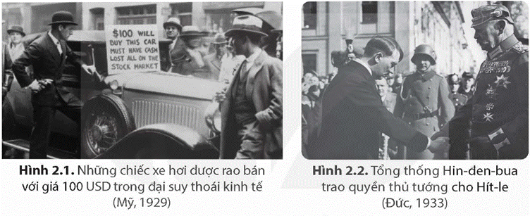 MỞ ĐẦUTrong những năm 1918 – 1945, lịch sử châu Âu và nước Mỹ đã trải qua những bước phát triển thăng trầm, đầy biến động trên tất cả các lĩnh vực kinh tế, chính trị, xã hội. Em biết gì về những biến động đó thông qua hai hình trên? Sự ra đời của Quốc tế cộng sản, đại suy thoái kinh tế thế giới (1929 – 1933) và sự xuất hiện chủ nghĩa phát xít có liên quan gì đến tình hình đó?Giải chi tiết:- Trong những năm 1918 - 1923, các nước tư bản châu Âu đều suy sụp về kinh tế, cuộc khủng hoảng kinh tế thế giới từ 1929 - 1933 bắt đầu từ Mĩ và lan nhanh khắp thế giới.- Sự ra đời của Quốc tế cộng sản đã trở thành tổ chức quốc tế của giai cấp công nhân, tuy nhiên do đại suy thoái kinh tế thế giới đã dẫn đến sự xuất hiện chủ nghĩa phát xít 1. PHONG TRÀO CÁCH MẠNG (1918 – 1923) VÀ SỰ THÀNH LẬP QUỐC TẾ CỘNG SẢN (1919)Câu hỏi: Trình bày những nét chính về phong trào cách mạng ở các nước tư bản châu Âu từ năm 1918 đến năm 1923Giải chi tiết:- Ở Đức:+ Ngày 9/11/1918, công nhân và các tầng lớp nhân dân ở Béc-lin đã tổng bãi công, sau đó chuyển thành khởi nghĩa vũ trang lật đổ chế độ quân chủ+ Sau đó, chính quyền đã rơi vào tay giai cấp tư sản, chế độ cộng hoà tư sản ở Đức được thiết lập+ Tháng 12/1918, Đảng Cộng sản Đức được thành lập, trong những năm 1919 – 1923, phong trào cách mạng chống lại giai cấp tư sản vẫn tiếp diễn nhưng thất bại- Ở Anh: từ 1919 – 1921, có tới 6,5 triệu người bãi công, công nhân không những đưa ra yêu sách kinh tế mà còn đưa ra yêu sách về chính trị- Ở Pháp: phong trào bãi công chuyển thành cao trào cách mạng, với cuộc tổng bãi công lớn nhất vào 1/5/1920 lôi cuốn hơn 1 triệu người tham gia Câu hỏi: Trình bày sự thành lập và một số hoạt động chính của Quốc tế Cộng sảnGiải chi tiết:- Sự thành lập: Tháng 3/1919, với những hoạt động tích cực của V.I.Lê-nin và Đảng Bôn-sê-vích Nga, Quốc tế cộng sản được thành lập ở Mát-xcơ-va- Một số hoạt động chính của Quốc tế Cộng sản:+ Tiến hành 7 kì đại hội, đề ra đường lối cho từng thời kì phát triển của cách mạng thế giới, trở thành tổ chức quốc tế của giai cấp công nhân và các dân tộc bị áp bức trên toàn thế giới+ Tại Đại hội lần thứ II (1920), Quốc tế cộng sản thông qua “Sơ thảo lần thứ nhất những Luận cương về vấn đề dân tộc và vấn đề thuộc địa” do V.I.Lê-nin dự thảo 2. CUỘC ĐẠI SUY THOÁI KINH TẾ (1929 – 1933) VÀ SỰ HÌNH THÀNH CHỦ NGHĨA PHÁT XÍTCâu hỏi 1: Khai thác tư liệu và thông tin trong mục, hãy trình bày nguyên nhân và biểu hiện của cuộc đại suy thoái kinh tế trong những năm 1929 - 1933Giải chi tiết:- Nguyên nhân của cuộc đại suy thoái kinh tế:+ Trong những năm 1924 – 1929, kinh tế ở các nước tư bản chủ nghĩa phát triển mạnh mẽ, sản xuất tăng lên nhanh chóng+ Tuy nhiên, do sản xuất ồ ạt, nhu cầu và sức mua của thị trường không có sự tăng lên tương ứng, làm cho hàng hoá trở nên ế thừa và dẫn tới suy thoái trong sản xuất- Biểu hiện của cuộc đại suy thoái kinh tế:+ Tháng 10/1929, cuộc đại suy thoái kinh tế bùng nổ ở Mỹ, sau đó lan rộng ra toàn thế giới tư bản chủ nghĩa trên tất cả các lĩnh vực+ Tàn phá nặng nề nền kinh tế và gây ra những hậu quả nghiêm trọng về mặt xã hội ở các nước tư bản chủ nghĩa Câu hỏi 2: Sự hình thành chủ nghĩa phát xít ở châu Âu diễn ra như thế nào?Giải chi tiết:- Các nước Đức, I-ta-li-a không có hoặc có ít thuộc địa nên ngày càng thiếu vốn, thiếu nguyên liệu, thị trường, đã đi theo con đường phát xít hoá, thiết lập chế độ độc tài, phát động chiến tranh để phân chia lại thế giới- Ở Đức, giai cấp tư sản cầm quyền quyết định đưa Hít-le lên làm Thủ tướng, nước Đức trở thành “lò lửa chiến tranh”- Ở I-ta-li-a cũng xuất hiện “lò lửa chiến tranh”, bành trướng thế lực và tiến hành xâm chiếm thuộc địa ở châu Phi, khu vực Địa Trung Hải 3. NƯỚC MỸ GIỮA HAI CUỘC CHIẾN TRANH THẾ GIỚICâu hỏi: Trình bày những nét lớn về tình hình chính trị, kinh tế của nước Mỹ giữa hai cuộc chiến tranh thế giớiGiải chi tiết:- Về tình hình chính trị:+ Về đối nội: Đảng cộng hoà liên tục nắm chính quyền, đề cao sự phồn vinh của nền kinh tế, ngăn chặn các cuộc đấu tranh của công nhân, đàn áp những người có tư tưởng tiến bộ+ Về đối ngoại: theo đuổi lập trường chống Liên Xô, tiếp tục thực hiện học thuyết Mơn-rô để bành trướng, can thiệp về quân sự khi cần thiết với khu vực Mỹ La-tinh- Về tình hình kinh tế:+ Chiến tranh thế giới thứ nhất đem lại cơ hội vàng cho sự phát triển kinh tế, bước vào thời kì “hoàng kim”+ Cuộc đại suy thoái kinh tế bùng nổ vào tháng 10/1929, nền kinh tế, tài chính bị chấn động dữ dội+ Tổng thống Ph.Ru-dơ-ven đưa nước Mỹ ra khỏi suy thoái bằng “Chính sách mới” LUYỆN TẬP VÀ VẬN DỤNG