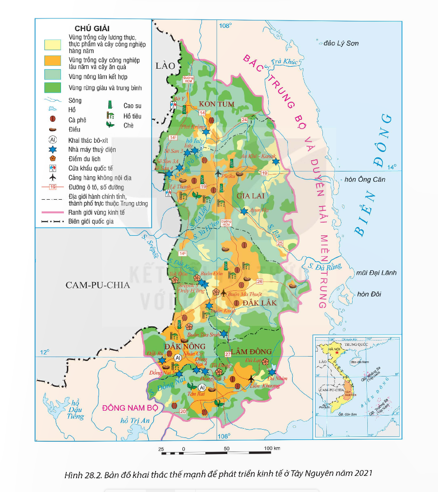 MỞ ĐẦUTây Nguyên có vị trí đặc biệt quan trọng về quốc phòng an ninh. Vùng có nhiều thế mạnh về trồng cây công nghiệp lâu năm, phát triển lâm nghiệp, thuỷ điện, khai thác bô-xít và du lịch. Các ngành kinh tế đó phát triển và phân bố như thế nào? Việc phát triển kinh tế có ý nghĩa gì đối với quốc phòng an ninh?Giải chi tiết:* Sự phát triển và phân bố của các ngành kinh tế: Sự phát triểnPhân bốTrồng cây công nghiệp lâu năm- Diện tích cây công nghiệp lâu năm luôn chiếm tỉ lệ cao so với cả nước. - Năm 2021, diện tích cây công nghiệp của vùng là 981,2 nghìn ha, chiếm 44,5% diện tích cây công nghiệp lâu năm của cả nước. - Vùng đã ứng dụng công nghệ cao (công nghệ sinh học, tự động hoá,...) trong sản xuất và chế biến nên năng suất và chất lượng sản phẩm tăng; công nghiệp chế biến các sản phẩm đã được hiện đại hoá, xây dựng được một số thương hiệu cà phê, hồ tiêu,... trên thị trường thế giới.- Cơ cấu cây công nghiệp khá đa dạng. Một số cây công nghiệp chính là cà phê, cao su, hồ tiêu, điều, chè, mắc ca, са сао,...- Cà phê là cây công nghiệp quan trọng số một ở Tây Nguyên, được trồng nhiều nhất ở tỉnh Đắk Lắk.+ Cao su: được trồng chủ yếu ở các tỉnh Gia Lai, Đắk Lắk.+ Hồ tiêu: được trồng nhiều ở Đắk Nông, Đắk Lắk và Gia Lai.+ Điều: tập trung chủ yếu ở Đắk Lắk, Gia Lai và Lâm Đồng.+ Ngoài ra, các tỉnh Đắk Nông, Đắk Lắk phát triển một số cây công nghiệp như ca cao, mắc ca.... + Chè: tập trung chủ yếu ở Lâm Đồng. Lâm nghiệp- Ngành lâm nghiệp của vùng gồm các hoạt động khai thác, chế biến lâm sản và trồng rừng, khoanh nuôi, bảo vệ rừng.- Năm 2021, sản lượng gỗ khai thác của vùng là 753,7 nghìn m³, riêng tỉnh Đắk Lắk chiếm 50,3% sản lượng gỗ khai thác toàn vùng.- Ngoài ra, một số loại lâm sản ngoài gỗ như: măng, dược liệu,... cũng được khai thác tạo thêm sinh kế cho người dân.- Công tác quản lí, bảo vệ rừng ở Tây Nguyên đã được tăng cường - Gia Lai có diện tích rừng trồng mới hằng năm lớn nhất trong vùng.-Các khu dự trữ sinh quyển của thế giới Kon Hà Nừng (Gia Lai), Lang Biang (Lâm Đồng) và các vườn quốc gia như: Chư Mom Ray (Kon Tum), Yok Đôn (Đắk Lắk, Đắk Nông), Chư Yang Sin (Đắk Lắk),... Thủy điện- Tây Nguyên phát triển thuỷ điện lớn thứ hai cả nước. - Sản lượng thuỷ diện sản xuất năm 2021 chiếm khoảng 20% tổng sản lượng thuỷ điện của cả nước. Trong vùng đã xây dựng nhiều nhà máy thuỷ điện:- Trên lưu vực sông Sê San dã có các nhà máy thuỷ điện lớn như: Ialy (720 MW), Sê San 3 (260 MW), Sê San 3A (108 MW), Sê San 4 (360 MW),... - Trên lưu vực sông Srêpôk có các nhà máy thuỷ điện là Buôn Kuốp (280 MW), Srêpôk 3 (220 MW), Srêpôk 4 (80 MW), Buồn Tua Srah (86 MW),... - Trên sông Đồng Nai có các nhà máy thuỷ điện là Đồng Nai 3 (180 MW), Đồng Nai 4 (340 MW)....Khai thác bô – xít- Tây Nguyên có trữ lượng bô-xít lớn nhất cả nước (khoảng 8,2 tỉ tấn), chiếm gần 90% trữ lượng cả nước, phân bố chủ yếu ở Lâm Đồng, Đắk Nông.- Khai thác bô-xít thu hút vốn đầu tư trong và ngoài nước, thúc đẩy sự phát triển kinh tế - xã hội của vùng Tây Nguyên.Các mỏ khai thác bô-xít chủ yếu tập trung ở hai tỉnh Lâm Đồng và Đắk Nông.  Du lịch- Số lượng khách du lịch ngày càng tăng trong giai đoạn 2010 – 2019, năm 2019 đạtkhoảng 6,6 triệu lượt khách.- Do ảnh hưởng của đại dịch COVID-19, số lượng khách du lịch năm 2021 giảm còn dưới 3 triệu lượt khách. - Từ năm 2022, số lượt khách du lịch đến vùng có xu hướng phục hồi. - Các loại hình du lịch chủ yếu trong vùng là du lịch sinh thái, du lịch văn hoá, du lịch cộng đồng, du lịch nghỉ dưỡng.- Một số điểm du lịch nổi bật ở Tây Nguyên là Buôn Đôn, Măng Đen, Bảo tàng cà phê Buôn Ma Thuột, hỗ Lắk, Lang Biang.... - Các trung tâm du lịch trong vùng là Đà Lạt và Buôn Ma Thuột. * Ý nghĩa đối với quốc phòng an ninh:- Phát triển kinh tế góp phần khai thác thế mạnh, nâng cao vị thế kinh tế của vùng và củng cố quốc phòng an ninh.- Vùng tiếp giáp với Lào và Cam-pu-chia, có nhiều cửa khẩu thông thương. - Tây Nguyên là nơi cư trú của nhiều dân tộc thiểu số, giàu bản sắc văn hoá và truyển thống đấu tranh anh dũng chống giặc ngoại xâm. => Phát triển kinh tế - xã hội của vùng là góp phần gìn giữ bản sắc văn hoá dân tộc, nâng cao chất lượng cuộc sống của đồng bào các dân tộc từ đó củng cố sức mạnh quốc phòng an ninh. I. KHÁI QUÁTCâu hỏi: Dựa vào thông tin mục I và hình 28.1, hãy:- Trình bày vị trí địa lí, phạm vi lãnh thổ của vùng Tây Nguyên.- Nêu khái quát về đặc điểm dân số của vùng.Giải chi tiết:1. Vị trí địa lí và phạm vi lãnh thổ-- Tây Nguyên gồm 5 tỉnh là Kon Tum, Gia Lai, Đắk Lắk, Đắk Nông và Lâm Đồng. Diện tích của vùng năm 2021 khoảng 51,5 nghìn km².- Vùng giáp với hai nước láng giềng là Lào và Cam-pu-chia, giáp với các vùng Đồng Nam Bộ, Bắc Trung Bộ và Duyên hải miền Trung. - Tây Nguyên có vị trí đặc biệt quan trọng về quốc phòng an ninh, phát triển kinh tế, giao thương trong nước và thế giới.2. Dân số- Năm 2021, Tây Nguyên có số dân khoảng 6 triệu người, tỉ lệ gia tăng dân số tự nhiên là 1,25%. - Mật độ dân số của vùng thấp nhất cả nước, năm 2021 là 111 người/km², tỉ lệ dân thành thị là 28,9%.- Tây Nguyên có nhiều dân tộc cùng chung sống như: Xơ-dăng, Ba-na, Gia-rai, Ê-đê, Cơ-ho, Kinh, Mường, HMông,... II. KHAI THÁC CÁC THẾ MẠNH KINH TẾ Ở VÙNG TÂY NGUYÊNCâu hỏi: Dựa vào thông tin mục a và hình 28.1, hãy phân tích thế mạnh, hạn chế (về tự nhiên, kinh tế - xã hội) đối với phát triển cây công nghiệp lâu năm ở vùng Tây Nguyên.    Giải chi tiết:a. Về tự nhiên* Thế mạnh- Địa hình và đất: + Tây Nguyên có địa hình chủ yếu là các cao nguyên xếp tầng với độ cao khác nhau như các cao nguyên: Kon Tum, Pleiku, Đắk Lắk, Lâm Viên, Mơ Nông, Di Linh,... + Bề mặt địa hình tương đối bằng phẳng. Tây Nguyên có diện tích đất badan - lớn, => thuận lợi cho quy hoạch vùng chuyên canh cây công nghiệp quy mô lớn có mức độ tập trung cao.- Khí hậu: mang tính chất cận xích đạo, có sự phân hoá theo độ cao và theo mùa rõ rệt=> thuận lợi cho canh tác và phát triển cây công nghiệp với cơ cấu đa dạng (cây công nghiệp nhiệt đới, cận nhiệt đới).- Nguồn nước: + Tây Nguyên có nhiều sông như Sê San, Srêpôk, Đồng Nai,... nhiều hỗ tự nhiên và nhân tạo như hổ Lắk (Đắk Lắk), hő Ialy (Kon Tum, Gia Lai),... => Là nguồn cung cấp nước tưới cho cây công nghiệp. + Nguồn nước ngầm có trữ lượng khá phong phú có vai trò quan trọng trong việc cung cấp nước tưới vào mùa khô.* Hạn chế+ Mùa khô ở Tây Nguyên kéo dài 4 đến 5 tháng=> Gây khô hạn và thiếu nước tưới cho cây trồng. + Đất ở khu vực đổi núi dễ bị rửa trôi, xói mòn,... + Tác động của biến đổi khí hậu cũng ảnh hưởng nhất định đến diện tích và sản lượng cây công nghiệp.b. Về kinh tế - xã hội* Thế mạnh- Nguồn lao động ở Tây Nguyên có truyền thống và kinh nghiệm trong sản xuất cây công nghiệp. - Trình độ người lao động ngày càng nâng cao, tạo điều kiện để áp dụng khoa học - công nghệ vào sản xuất và chế biển sản phẩm cây công nghiệp.- Cơ sở hạ tầng và cơ sở vật chất – kĩ thuật được cải thiện, khoa học – công nghệ được ứng dụng rộng rãi trong sản xuất và chế biến sản phẩm, thị trường được mở rộng cả trong nước và quốc tế,...=> thúc đẩy sản xuất cây công nghiệp của vùng.* Hạn chế: Thị trường tiêu thụ các sản phẩm cây công nghiệp có nhiều biến động; công nghiệp chế biến sản phẩm còn nhiều hạn chế. Câu hỏi: Dựa vào thông tin mục b và hình 28.2, hãy trình bày sự phát triển và phân bố cây công nghiệp lâu năm ở vùng Tây Nguyên.Giải chi tiết:- Tây Nguyên là vùng chuyên canh cây công nghiệp lâu năm lớn của nước ta.- Diện tích cây công nghiệp lâu năm luôn chiếm tỉ lệ cao so với cả nước. - Năm 2021, diện tích cây công nghiệp của vùng là 981,2 nghìn ha, chiếm 44,5% diện tích cây công nghiệp lâu năm của cả nước. - Vùng đã ứng dụng công nghệ cao (công nghệ sinh học, tự động hoá,...) trong sản xuất và chế biến nên năng suất và chất lượng sản phẩm tăng; công nghiệp chế biến các sản phẩm đã được hiện đại hoá, xây dựng được một số thương hiệu cà phê, hồ tiêu,... trên thị trường thế giới.- Cơ cấu cây công nghiệp khá đa dạng. Một số cây công nghiệp chính là cà phê, cao su, hồ tiêu, điều, chè, mắc ca, са сао,... Sự phát triểnPhân bốCà phê- Là cây công nghiệp quan trọng số một ở Tây Nguyên. - Năm 2021, vùng chiếm khoảng 90% diện tích và 94% sản lượng cà phê của cả nước. - Nhiều công nghệ mới được ứng dụng trong sản xuất, thâm canh cà phê tạo ra sản phẩm sạch mang lại hiệu quả kinh tế cao.Cà phê được trồng nhiều nhất ở tỉnh Đắk Lắk.Cao suNăm 2021, vùng chiếm khoảng 25% diện tích cao su của cả nước.Cao su được trồng chủ yếu ở các tỉnh Gia Lai, Đắk Lắk.Hồ tiêu- Đang được phát triển mạnh ở Tây Nguyên,- Diện tích có xu hướng tăng nhanh.Các tỉnh trồng nhiều hồ tiêu là Đắk Nông, Đắk Lắk và Gia Lai.ĐiềuLà cây công nghiệp đang được chú trọng phát triển, Là mặt hàng xuất khẩu có giá trị của vùng,tập trung chủ yếu ở Đắk Lắk, Gia Lai và Lâm Đồng.Chè- Diện tích năm 2021 chiếm gần 9% diện tích chè của cả nước.- Hiện nay, vùng đã ứng dụng công nghệ mới trong trồng, chăm sóc và chế biến chè. - Tập trung chủ yếu ở Lâm Đồng.- Các nhà máy chế biến chè trong vùng tập trung ở Lâm Đồng và Gia Lai. Câu hỏi: Dựa vào thông tin mục 2 và hình 28.1, 28.2, hãy:- Nêu thế mạnh để phát triển lâm nghiệp ở vùng Tây Nguyên.         - Trình bày hiện trạng phát triển lâm nghiệp ở vùng. Giải chi tiết:a. Thế mạnh phát triển lâm nghiệp- Tây Nguyên có diện tích rừng khá lớn. Năm 2021, tổng diện tích rừng hơn 2,5 triệu ha, chiếm 17,5% diện tích rừng cả nước. - Rừng Tây Nguyên có đa dạng sinh học cao, có nhiều loại cây gỗ, dược liệu quý,... Trong vùng có nhiều vườn quốc gia, khu dự trữ sinh quyển thế giới như Yok Đôn, Kon Hà Nừng, Tà Đùng....- Khí hậu có tính chất cận xích đạo, nên nhiệt độ cao, lượng mưa lớn, thuận lợi cho việc trồng rừng và khoanh nuôi rừng tự nhiên.- Chính sách giao đất giao rừng, phát triển kinh tế,... góp phần giữ vững diện tích rừng tự nhiên, thúc đẩy công tác trồng rừng....b. Hiện trạng phát triển- Ngành lâm nghiệp của vùng gồm các hoạt động khai thác, chế biến lâm sản và trồng rừng, khoanh nuôi, bảo vệ rừng.- Năm 2021, sản lượng gỗ khai thác của vùng là 753,7 nghìn m³, riêng tỉnh Đắk Lắk chiếm 50,3% sản lượng gỗ khai thác toàn vùng.- Ngoài ra, một số loại lâm sản ngoài gỗ như: măng, dược liệu,... cũng được khai thác tạo thêm sinh kế cho người dân.- Trồng rừng cũng đang được chú trọng. Gia Lai có diện tích rừng trồng mới hằng năm lớn nhất trong vùng.- Công tác quản lí, bảo vệ rừng ở Tây Nguyên đã được tăng cường đặc biệt là bảo vệ nghiêm ngặt diện tích rừng tự nhiên, rừng phòng hộ, rừng đặc dụng. - Các khu dự trữ sinh quyển của thế giới Kon Hà Nừng (Gia Lai), Lang Biang (Lâm Đồng) và các vườn quốc gia như: Chư Mom Ray (Kon Tum), Yok Đôn (Đắk Lắk, Đắk Nông), Chư Yang Sin (Đắk Lắk),... được bảo vệ để bảo tồn nguồn gen và các hệ sinh thái rừng của vùng. Câu hỏi: Dựa vào thông tin mục 3 và hình 28.1, 28.2, hãy:- Nêu thế mạnh để phát triển thủy điện ở vùng Tây Nguyên.- Trình bày hiện trạng phát triển thủy điện ở vùng.         Giải chi tiết:1. Thế mạnh phát triển thủy điện- Tây Nguyên có trữ năng thuỷ điện lớn thứ hai sau vùng Trung du và miền núi Bắc Bộ. - Trữ năng thuỷ điện của vùng tập trung ở một số hệ thống sông như Sê San, Srêpôk, Đồng Nai,...- Nhu cầu sử dụng diện để phát triển kinh tế - xã hội ngày càng cao, những thành tựu khoa học công nghệ tiên tiến đã được ứng dụng trong xây dựng và vận hành các nhà máy thuỷ điện, tạo điều kiện thuận lợi để phát triển thuỷ điện trong vùng.2. Hiện trạng phát triển- Tây Nguyên phát triển thuỷ điện lớn thứ hai cả nước.- Sản lượng thuỷ diện sản xuất năm 2021 chiếm khoảng 20% tổng sản lượng thuỷ điện của cả nước. - Trong vùng dã xây dựng nhiều nhà máy thuỷ điện.:+ Trên lưu vực sông Sê San dã có các nhà máy thuỷ điện lớn như: Ialy (720 MW), Sê San 3 (260 MW), Sê San 3A (108 MW), Sê San 4 (360 MW),... + Trên lưu vực sông Srêpôk có các nhà máy thuỷ điện là Buôn Kuốp (280 MW), Srêpôk 3 (220 MW), Srêpôk 4 (80 MW), Buồn Tua Srah (86 MW),... + Trên sông Đồng Nai có các nhà máy thuỷ điện là Đồng Nai 3 (180 MW), Đồng Nai 4 (340 MW)....- Việc xây dựng các nhà máy thuỷ điện trong vùng đã cung cấp nguồn điện thúc đẩy kinh tế phát triển; điều tiết nước, giữ mực nước ngắm, ngăn lũ lụt; phát triển giao thông, nuôi trồng thuỷ sản và du lịch. Câu hỏi: Dựa vào thông tin mục 4 và hình 28.1, 28.2, hãy phân tích thế mạnh và trình bày hiện trạng khai thác bô-xít ở vùng Tây Nguyên.            Giải chi tiết:- Tây Nguyên có trữ lượng bô-xít lớn nhất cả nước (khoảng 8,2 tỉ tấn), chiếm gần 90% trữ lượng cả nước, phân bố chủ yếu ở Lâm Đồng, Đắk Nông.- Nhu cầu của thị trường về sản phẩm a-lu-min và nhôm lớn, nhiều chính sách ưu tiên phát triển ngành theo hướng phát triển bền vững là động lực thúc đẩy các ngành khai thác và chế biến bô-xít ở vùng.- Khai thác bô-xít thu hút vốn đầu tư trong và ngoài nước, thúc đẩy sự phát triển kinh tế - xã hội của vùng Tây Nguyên.- Các mỏ khai thác bô-xít chủ yếu tập trung ở hai tỉnh Lâm Đồng và Đắk Nông. + Quặng bô-xít được khai thác để chế biến thành a-lu-min, nguyên liệu chính để sản xuất bột nhôm.+ Năm 2021, các nhà máy trong vùng sản xuất được khoảng 680 nghìn tấn a-lu-min. + Hai cơ sở chế biến a-lu-min và bột nhôm là Tân Rai (Lâm Đồng) và Nhân Cơ (Đắk Nông).- Phát triển công nghiệp khai thác bô-xít cần đi đôi với công tác bảo vệ môi trường. Câu hỏi: Dựa vào thông tin mục 5 và hình 28.1, 28.2, hãy:- Nêu thế mạnh để phát triển du lịch ở vùng Tây Nguyên.         - Trình bày hiện trạng phát triển du lịch ở vùng.Giải chi tiết:a. Thế mạnh phát triển du lịchTây Nguyên có nhiều thế mạnh dễ phát triển du lịch:- Tài nguyên du lịch: + Các tài nguyên du lịch tự nhiên có giá trị trong vùng như: Khu bảo tồn thiên nhiên Ngọc Linh, Măng Đen,... khu dự trữ sinh quyển Kon Hà Nừng, Lang Biang; nhiều thác nước, hồ đẹp như hồ Lắk, Biển Hồ,.... + Tài nguyên du lịch văn hoá nổi bật là Không gian văn hoá Công chiêng Tây Nguyên, các di tích lịch sử – văn hoá, các làng nghề truyền thống, các lễ hội đặc sắc như: lễ hội cà phê, lễ hội trà Bảo Lộc, Festival hoa Đà Lạt... Lâm Đồng- Cơ sở vật chất – kĩ thuật, cơ sở hạ tầng phục vụ cho ngành du lịch đã được chú trọng đầu tư, việc ứng dụng công nghệ số trong quản lí, vận hành du lịch ngày càng tốt hơn, tạo thuận lợi cho du lịch của vùng phát triển.b. Hiện trạng phát triển- Số lượng khách du lịch ngày càng tăng trong giai đoạn 2010 – 2019, năm 2019 đạtkhoảng 6,6 triệu lượt khách.- Do ảnh hưởng của đại dịch COVID-19, số lượng khách du lịch năm 2021 giảm còn dưới 3 triệu lượt khách. - Từ năm 2022, số lượt khách du lịch đến vùng có xu hướng phục hồi. - Các loại hình du lịch chủ yếu trong vùng là du lịch sinh thái, du lịch văn hoá, du lịch cộng đồng, du lịch nghỉ dưỡng.- Một số điểm du lịch nổi bật ở Tây Nguyên là Buôn Đôn, Măng Đen, Bảo tàng cà phê Buôn Ma Thuột, hỗ Lắk, Lang Biang.... - Các trung tâm du lịch trong vùng là Đà Lạt và Buôn Ma Thuột. III. Ý NGHĨA CỦA VIỆC PHÁT TRIỂN KINH TẾ - XÃ HỘI ĐỐI VỚI QUỐC PHÒNG AN NINHCâu hỏi: Dựa vào thông tin mục III, hãy nêu ý nghĩa của phát triển kinh tế - xã hội đối với quốc phòng an ninh ở Tây NguyênGiải chi tiết:- Tây Nguyên có diện tích rộng, nhiều thế mạnh để phát triển kinh tế. - Phát triển kinh tế góp phần khai thác thế mạnh, nâng cao vị thế kinh tế của vùng và củng cố quốc phòng an ninh.- Vùng tiếp giáp với Lào và Cam-pu-chia, có nhiều cửa khẩu thông thương. Phát triển kinh tế – xã hội, xây dựng các khu kinh tế cửa khẩu, tăng cường sự thông thương, hợp tác kinh tế với các nước giúp củng cố quốc phòng an ninh.- Tây Nguyên là nơi cư trú của nhiều dân tộc thiểu số, giàu bản sắc văn hoá và truyển thống đấu tranh anh dũng chống giặc ngoại xâm. => Phát triển kinh tế - xã hội của vùng là góp phần gìn giữ bản sắc văn hoá dân tộc, nâng cao chất lượng cuộc sống của đồng bào các dân tộc từ đó củng cố sức mạnh quốc phòng an ninh. LUYỆN TẬP, VẬN DỤNG