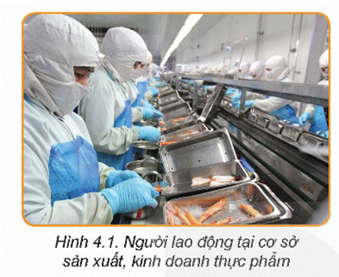 KHỞI ĐỘNG Quan sát Hình 4.1 và cho biết, người lao động đang sử dụng những trang bị bảo hộ gì trong quá trình chế biến thực phẩm?Giải chi tiết:Người lao động đang sử dụng những trang bị bảo hộ là mũ, khẩu trang, găng tay, tạp dề, quần áo bảo hộ. I. AN TOÀN LAO ĐỘNG TRONG CHẾ BIẾN THỰC PHẨMCâu hỏi: Quan sát Hình 4.2 về các dụng cụ, thiết bị nhà bếp dưới đây, hãy sắp xếp các dụng cụ, thiết bị đó vào từng nhóm theo chức năng trong quá trình sử dụng.Giải chi tiết:- Dụng cụ dùng để cắt, thái: dao, thớt.- Dụng cụ dùng để nhào, trộn: Máy đánh trứng.- Dụng cụ dùng để đo lường: Cân.- Dụng cụ dùng để làm sạch: máy rửa bát, khăn lau, găng tay, bình xịt.- Dụng cụ dùng để bảo quản: khay và lọ để gia vị- Dụng cụ dùng để chứa đựng - bài trí: tủ bếp, tủ lạnh.- Dụng cụ dùng để chế biến: xoong, nồi, chảo,...- Thiết bị dùng điện: bếp từ- Thiết bị dùng gas: Bếp gas Câu hỏi: Kể tên một số dụng cụ, thiết bị nhà bếp mà gia đình em đang sử dụng và các lưu ý trong quá trình sử dụng, bảo quản các dụng cụ, thiết bị đó để đảm bảo an toàn lao động.Giải chi tiết:Một số dụng cụ và thiết bị nhà bếp thường được sử dụng bao gồm nồi, chảo, dao, kéo, bếp gas hoặc bếp từ. Để đảm bảo an toàn lao động, cần lưu ý:1. Bảo quản dao, kéo trong nơi an toàn, tránh để chúng lơ lửng hay tiếp xúc với trẻ em.2. Sử dụng bếp gas hoặc bếp từ cẩn thận, tuân thủ hướng dẫn sử dụng của nhà sản xuất.3. Làm sạch và bảo quản nồi chảo sau khi sử dụng để tránh vi khuẩn và rỉ sét.4. Luôn kiểm tra các dụng cụ và thiết bị trước khi sử dụng để đảm bảo an toàn. Câu hỏi: Tìm hiểu thông tin từ Internet, sách, báo,... và cho biết, người trực tiếp sản xuất thực phẩm tại các nhà hàng, khách sạn, ... cần được trang bị bảo hộ như thế nào để đảm bảo an toàn lao động? Vai trò của mỗi trang bị đó là gì?Giải chi tiết:Người trực tiếp sản xuất thực phẩm tại các nhà hàng, khách sạn cần được trang bị bảo hộ như sau để đảm bảo an toàn lao động:1. Mũ bảo hiểm: Bảo vệ đầu khỏi nguy cơ va đập từ trên cao và ngăn chặn tóc, bụi rơi vào thực phẩm.2. Áo khoác chống nhiệt và chống bám dầu: Bảo vệ da khỏi bị bỏng do tiếp xúc với nhiệt độ cao và ngăn chặn dầu, chất dầu mỡ bám vào quần áo.3. Kính bảo hộ: Bảo vệ mắt khỏi bị bắn mắt bởi các giọt dầu nóng hoặc bất kỳ vật thể nào khác.4. Găng tay bảo hộ: Ngăn chặn vi khuẩn từ tay người làm thực phẩm và bảo vệ da khỏi bị cháy nếu tiếp xúc với nhiệt độ cao.5. Nón rộng và khẩu trang: Ngăn chặn tóc và bụi từ miệng và mũi rơi vào thực phẩm.6. Thảm chống trượt: Tránh nguy cơ trượt trên sàn nhà bằng cách giữ sàn khô ráo và sạch sẽ. Câu hỏi: Hãy quan sát hình dưới đây và cho biết, để đảm bảo an toàn lao động, người chế biến thực phẩm đã sử dụng những dụng cụ gì và sử dụng để tránh nguy cơ mất an toàn nào.Giải chi tiết:Người chế biến thực phẩm đã sử dụng vải, găng tay vải, xẻng đỡ bánh để tránh bị bỏng vì nhiệt độ cao khi lấy bánh từ lò nướng. II. AN TOÀN VỆ SINH THỰC PHẨM TRONG CHẾ BIẾN THỰC PHẨMCâu hỏi: Kể tên một số tác nhân gây mất an toàn vệ sinh thực phẩm thường gặp.Giải chi tiết:- Tác nhân sinh học: một số vi khuẩn, virus, kí sinh trùng, vi nấm sinh độc tố như Clostridium botulinum, Salmonella, virus viêm gan A, giun đũa, vi nấm Aspergillus Flavus,...- Tác nhân hóa học: tồn dư thuốc bảo vệ thực vật; thức ăn chăn nuôi; chì, dioxins, tributyltin,... trong bao bì đóng gói, dụng cụ nấu ăn,...; chất độc có sẵn trong thực phẩm, ví dụ như tetrodotoxin trong buồng trứng cá nóc, solanin trong khoai tây mọc mầm,...- Tác nhân vật lí: dị vật lông, tóc, móng, xương, mảnh kim loại,...; chất phóng xạ;... Câu hỏi: 1. Quan sát Hình 4.7 và cho biết, trường hợp nào tiềm ẩn nguy cơ mất an toàn vệ sinh thực phẩm.2. Hãy kể tên một vài trường hợp mất an toàn vệ sinh thực phẩm gây ra hậu quả nghiêm trọng mà em biết.Giải chi tiết:1. Trường hợp nào tiềm ẩn nguy cơ mất an toàn vệ sinh thực phẩm: ruồi đậu trên quả xoài đã gọt vỏ và bánh mì bị mốc.2. - Dùng thực phẩm đã hỏng gây ngộ độc thực phẩm.- Không chế biến thức ăn đúng cách gây nhiễm khuẩn.- Lưu trữ thực phẩm trong điều kiện không đảm bảo vệ sinh gây nhiễm vi khuẩn. Câu hỏi: Bằng hiểu biết của bản thân, em hãy mô tả sáu bước rửa tay theo hướng dẫn của Bộ Y tế.Giải chi tiết:- Bước 1: Làm ướt 2 lòng bàn tay bằng nước. Lấy xà phòng và chà 2 lòng bàn tay vào nhau.- Bước 2: Chà lòng bàn tay này lên mu và kẽ ngoài các ngón tay của bàn tay kia và ngược lại.- Bước 3: Chà 2 lòng bàn tay vào nhau, miết mạnh các kẽ trong ngón tay.- Bước 4: Chà mặt ngoài các ngón tay của bàn tay này vào lòng bàn tay kia.- Bước 5: Dùng bàn tay này xoay ngón cái của bàn tay kia và ngược lại.- Bước 6: Xoay các đầu ngón tay này vào lòng bàn tay kia và ngược lại. Rửa sạch tay dưới vòi nước chảy đến cổ tay và làm khô tay. LUYỆN TẬPVì sao cần đảm bảo an toàn lao động và an toàn vệ sinh thực phẩm trong chế biến thực phẩm?Giải chi tiết:Đảm bảo các nguyên tắc của an toàn lao động giúp:- Giảm thiểu nguy cơ mắc phải các tai nạn như đứt tay, bỏng lửa, bỏng nước, trượt ngã, điện giật, cháy nổ,... nguy hiểm hơn, có thể ảnh hưởng đến tính mạng của người tham gia chế biến thực phẩm.- Giảm thiểu nguy cơ thiệt hại về tài sản của cá nhân và doanh nghiệp.- Giúp người lao động thuận lợi, hiệu quả, yên tâm hơn trong quá trình chế biến thực phẩm, nâng cao năng suất làm việc. Vai trò của an toàn vệ sinh thực phẩm:- Giữ được tối đa các chất dinh dưỡng có trong thực phẩm.- Giảm thiểu nguy cơ mắc các bệnh lí cấp tính, mạn tính do nhiễm khuẩn, nhiễm độc có trong thực phẩm không an toàn, từ đó giảm gánh nặng bệnh tật cho hệ thống y tế quốc gia.- Hạn chế tối đa nguy cơ làm suy giảm sức khoẻ giống nòi và chất lượng dân số vì sử dụng thực phẩm không an toàn. Nếu sử dụng thực phẩm không an toàn kéo dài sẽ làm tăng nguy cơ suy giảm sức khoẻ do mắc các bệnh lí mạn tính như thiếu máu, suy tạng, suy nhược cơ thể.; nguy hiểm hơn là có thể gây nên các bệnh lí di truyền, quái thai,... ở thế hệ sau.- Tạo uy tín cho ngành sản xuất nông nghiệp, công nghiệp chế biến thực phẩm của quốc gia với các nước trong khu vực và trên thế giới. Từ đó tạo ra cơ hội xuất khẩu các sản phẩm nông sản, tạo nguồn lợi kinh tế lớn, giải quyết vấn đề việc làm cho người dân. VẬN DỤNGTừ thực tế tại gia đình và địa phương, kết hợp với kiến thức đã học, hãy đề xuấtphương án giúp đảm bảo an toàn lao động và an toàn vệ sinh thực phẩm trong chế biến thực phẩm.Giải chi tiết:Đề xuất phương án như sau:1. Nâng cao nhận thức: Tăng cường công tác tuyên truyền và giáo dục về an toàn lao động và vệ sinh thực phẩm cho tất cả nhân viên và thành viên trong gia đình, để tạo ra một môi trường làm việc an toàn và lành mạnh.2. Sử dụng trang bị bảo hộ: Cung cấp đầy đủ trang bị bảo hộ như mũ bảo hộ, găng tay, áo áo phòng sạch, khẩu trang, kính bảo hộ và giày bảo hộ để bảo vệ nhân viên khỏi các nguy cơ tai nạn lao động và nguy cơ nhiễm khuẩn.3. Xây dựng quy trình làm việc: Thực hiện quy trình làm việc cụ thể và chi tiết từ việc lựa chọn nguyên liệu, vệ sinh các dụng cụ và bếp, chế biến thực phẩm đến việc lưu trữ và phục vụ, để đảm bảo mọi bước đều tuân thủ các tiêu chuẩn vệ sinh và an toàn.4. Kiểm tra định kỳ: Thực hiện kiểm tra định kỳ về vệ sinh và an toàn lao động để phát hiện và khắc phục kịp thời mọi vấn đề phát sinh, đồng thời đảm bảo tuân thủ các quy định và tiêu chuẩn. KẾT NỐI NĂNG LỰCCâu hỏi: Hãy đánh giá việc đảm bảo an toàn lao động trong chế biến thực phẩm tại gia đình mình. Có thể đánh giá dựa trên các tiêu chỉ như Bảng 4.2Giải chi tiết:Đánh giá việc đảm bảo an toàn lao động trong chế biến thực phẩm tại gia đình có thể dựa trên các tiêu chí sau:1. Trang bị bảo hộ: Có sử dụng đầy đủ trang bị bảo hộ như mũ bảo hộ, găng tay, áo áo phòng sạch, khẩu trang, kính bảo hộ và giày bảo hộ cho những người tham gia chế biến thực phẩm không?2. Quy trình làm việc: Gia đình có áp dụng các quy trình làm việc cụ thể và chi tiết từ việc lựa chọn nguyên liệu, vệ sinh các dụng cụ và bếp, chế biến thực phẩm đến việc lưu trữ và phục vụ không?3. Kiểm tra định kỳ: Có thực hiện kiểm tra định kỳ về vệ sinh và an toàn lao động để phát hiện và khắc phục kịp thời mọi vấn đề phát sinh không?4. Nâng cao nhận thức: Gia đình có tăng cường công tác tuyên truyền và giáo dục về an toàn lao động và vệ sinh thực phẩm cho tất cả thành viên để tạo ra một môi trường làm việc an toàn và lành mạnh không?Dựa vào đánh giá này, gia đình có thể tự đánh giá mức độ đảm bảo an toàn lao động trong quá trình chế biến thực phẩm và đưa ra các biện pháp cải thiện nếu cần thiết.Câu hỏi: Hãy đánh giá việc đảm bảo an toàn vệ sinh thực phẩm trong chế biến thực phẩm tại gia đình mình. Có thể đánh giá dựa trên các tiêu chí như Bảng 4.3. Giải chi tiết:Đánh giá việc đảm bảo an toàn vệ sinh thực phẩm trong chế biến thực phẩm tại gia đình có thể dựa trên các tiêu chí sau:1. Chọn lựa nguyên liệu: Gia đình có lựa chọn nguyên liệu tươi, chất lượng, không bị hỏng và không sử dụng thực phẩm hết hạn sử dụng không?2. Vệ sinh dụng cụ và bếp: Gia đình có thực hiện việc vệ sinh các dụng cụ, bếp, bồn rửa chén, kệ đựng thực phẩm định kỳ và sạch sẽ không?3. Chế biến thực phẩm: Quy trình chế biến thực phẩm có tuân thủ các quy tắc vệ sinh như rửa tay trước khi chế biến, phân chia dụng cụ cho thực phẩm sống và thực phẩm đã chế biến không?4. Lưu trữ và bảo quản: Thực phẩm đã chế biến và thức ăn chưa chế biến có được bảo quản đúng cách ở nhiệt độ thích hợp và tránh xa các tác nhân gây ô nhiễm không?5. Kiểm tra và kiểm soát: Gia đình có thực hiện kiểm tra thường xuyên về tình trạng của thực phẩm, sử dụng hạn sử dụng và loại bỏ các thực phẩm đã hỏng không?Dựa vào đánh giá này, gia đình có thể tự đánh giá mức độ đảm bảo an toàn vệ sinh thực phẩm trong quá trình chế biến và đưa ra các biện pháp cải thiện nếu cần thiết. KẾT NỐI NGHỀ NGHIỆP