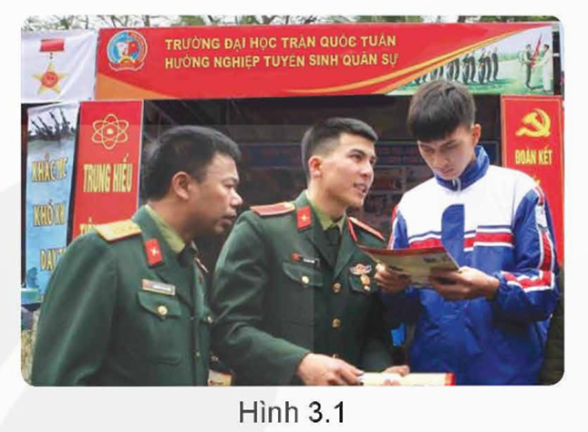 MỞ ĐẦUCâu hỏi: Em hãy quan sát và cho biết hình 3.1 thể hiện hoạt động gì? Thời gian nào trong năm thường diễn ra hoạt động đó?Giải chi tiết:- Hình 3.1 thể hiện các trường Quân đội, Công an nhân dân Việt Nam thực hiện tuyển sinh, đào tạo theo quy chế và hướng dẫn chung của Bộ Giáo dục và Đào tạo và theo hướng dẫn hằng năm về công tác tuyển sinh quân sự của Bộ Quốc phòng và công tác tuyển sinh công an nhân dân của Bộ Công an- Thời gian thường diễn ra hoạt động đó trong năm là cuối học kì 1. II. CÔNG TÁC TUYỂN SINH, ĐÀO TẠO TRONG CÁC TRƯỜNG QUÂN ĐỘI NHÂN DÂN VIỆT NAMCâu hỏi: Em hãy kể tên các học viện, trường sĩ quan có tổ chức tuyển sinh quân sự từ học sinh phổ thông.Giải chi tiết:- Các học viện, trường sĩ quan (đại học) có tuyển sinh thí sinh từ học sinh phổ thông gồm: Học viện Kĩ thuật Quân sự (Đại học Kĩ thuật Lê Quý Đôn); Học viện Quân y (Trường Đại học Y – Dược Lê Hữu Trác); Học viện Hậu cần (Hình 3.2); Học viện Khoa học Quân sự; Học viện Biên phòng; Học viện Phòng không - Không quân; Học viện Hải quân; Trường Sĩ quan Lục quân 1 (Trường Đại học Trần Quốc Tuấn); Trường Sĩ quan Lục quân 2 (Trường Đại học Nguyễn Huệ); Trường Sĩ quan Chính trị (Trường Đại học Chính trị); Trường Sĩ quan Thông tin (Trường Đại học Thông tin Liên lạc); Trường Sĩ quan Công binh (Trường Đại học Ngô Quyền); Trường Sĩ quan Pháo binh; Trường Sĩ quan Phòng hoá; Trường Sĩ quan Tăng thiết giáp; Trường Sĩ quan Không quân; Trường Sĩ quan Đặc công; Trường Đại học Văn hoá – Nghệ thuật Quân đội; Trường Sĩ quan Kĩ thuật Quân sự (Trường Đại học Trần Đại Nghĩa).- Ngoài ra, trong hệ thống nhà trường quân đội còn có các trường cao đẳng, trung cấp (các trường này không tuyển sinh thí sinh từ học sinh phổ thông mà chỉ tuyển sinh đối tượng theo quy định của quân đội) như: Trường Cao đẳng Công nghiệp Quốc phòng; Trường Cao đẳng Kĩ thuật Quân sự 1; Trường Cao đẳng Hậu cần 1; Trường Cao đẳng Hậu cần 2; Trường Cao đẳng Kĩ thuật Hải quân; Trường Cao đẳng Trinh sát; Trường Cao đẳng Kĩ thuật Thông tin; Trường Cao đẳng Kĩ thuật Phòng không – Không quân; Trường Cao đẳng Biên phòng;... Trường Trung cấp 24 Biên phòng; Trường Trung cấp Kĩ thuật Công binh; Trường Trung cấp Kĩ thuật Tăng thiết giáp; Trường Trung cấp Kĩ thuật miền Trung và các trường quân sự quân khu, quân đoàn,... Câu hỏi: Nam năm nay 21 tuổi, đã tốt nghiệp trung cấp nghề nhưng chưa tốt nghiệp Trung học phổ thông. Theo em, Nam có đủ điều kiện để đăng kí thi tuyển sinh vào các trường đại học, cao đẳng quân sự không? Tại sao?Giải chi tiết:Theo em, Nam đủ điều kiện để đăng kí thi tuyển sinh vào các trường đại học, cao đẳng quân sự.Vì tiêu chuẩn về độ tuổi không quá 21 tuổi và theo Khoản 1 Điều 15 Thông tư 17/2016/TT-BQP có quy định về tiêu chuẩn về văn hóa của các trường quân đội: Tính đến thời điểm xét tuyển, đã tốt nghiệp trung học phổ thông (theo hình thức giáo dục chính quy hoặc giáo dục thường xuyên) hoặc đã tốt nghiệp trung cấp chuyên nghiệp, trung cấp nghề (sau đây viết gọn là tốt nghiệp trung học). III. CÔNG TÁC TUYỂN SINH, ĐÀO TẠO TRONG CÁC TRƯỜNG CÔNG AN NHÂN DÂN VIỆT NAMCâu hỏi: Theo em, thí sinh đăng kí xét tuyển vào các trường công an cần đạt những tiêu chuẩn nào? Làm rõ tiêu chuẩn về văn hoá, độ tuổi.Giải chi tiết:Thí sinh đăng kí xét tuyển vào các trường công an cần đạt những tiêu chuẩn về chính trị, đạo đức; về trình độ văn hóa, về độ tuổi và về sức khỏe.+ Về trình độ văn hoá: Công dân thường trú tại địa phương nơi đăng kí sơ tuyển, học sinh Trường Văn hoá trong những năm học Trung học phổ thông hoặc tương đương đạt học lực từ khá trở lên (theo kết quả học bạ các năm học Trung học phổ thông).+ Về độ tuổi: Tính đến năm dự tuyển, học sinh Trường Văn hoá và công dân thường trú tại địa phương nơi đăng kí sơ tuyển không quá 22 tuổi, trường hợp là người dân tộc thiểu số không quá 25 tuổi.LUYỆN TẬPCâu hỏi: Em hãy tìm hiểu thêm thông tin về đối tượng, tiêu chuẩn, phương thức tuyển sinh trình độ đại học hệ chính quy vào Học viện Kĩ thuật Quân sự và Trường Đại học Cảnh sát nhân dân.Giải chi tiết:Học viện Kĩ thuật Quân sựPhương thức 1: Xét tuyển thẳnga) Đối tượng xét tuyển thẳng- Anh hùng lao động, Anh hùng lực lượng vũ trang nhân dân, Chiến sĩ thi đua toàn quốc đã tốt nghiệp THPT.- Thí sinh đạt giải Nhất, Nhì, Ba trong kỳ thi chọn học sinh giỏi Quốc gia, Quốc tế một trong các môn Toán, Vật lý, Hóa học, Tin học do Bộ GD ĐT tổ chức, cử tham gia, tốt nghiệp THPT năm 2024, thời gian đạt giải không quá 03 năm tính tới thời điểm đăng ký xét tuyển thẳng.- Thí sinh đạt giải Nhất, Nhì, Ba cuộc thi Khoa học, kỹ thuật cấp Quốc gia, Quốc tế do Bộ GD ĐT tổ chức, cử tham gia có nội dung đề tài dự thi phù hợp với ngành đào tạo của Học viện KTQS, tốt nghiệp THPT năm 2024, thời gian đạt giải không quá 03 năm tính tới thời điểm xét tuyển thẳng.b) Tổ chức xét tuyển thẳngThực hiện xét tuyển thẳng lần lượt theo thứ tự như sau:- Anh hùng lao động, Anh hùng lực lượng vũ trang nhân dân, Chiến sĩ thi đua toàn quốc đã tốt nghiệp THPT.- Thí sinh đạt giải học sinh giỏi cấp Quốc tế.- Thí sinh đạt giải học sinh giỏi cấp Quốc gia.- Thí sinh đạt giải Khoa học, kỹ thuật cấp Quốc tế.- Thí sinh đạt giải Khoa học, kỹ thuật cấp Quốc gia.- Theo từng đối tượng, xét theo thành tích giải từ cao xuống thấp.Phương thức 2: Ưu tiên xét tuyểna) Đối tượng Ưu tiên xét tuyển- Thí sinh đạt giải Khuyến khích trong kỳ thi chọn HSG Quốc gia một trong các môn Toán, Vật lý, Hóa học, Tin học, tốt nghiệp THPT năm 2024, thời gian đạt giải không quá 03 năm tính tới thời điểm xét tuyển.- Thí sinh đạt giải Tư cuộc thi khoa học, kỹ thuật cấp Quốc gia do Bộ GD ĐT tổ chức, có nội dung đề tài dự thi phù hợp với ngành đào tạo của Học viện KTQS, tốt nghiệp THPT năm 2024, thời gian đạt giải không quá 03 năm tính tới thời điểm xét tuyển.b) Tổ chức xét Ưu tiên xét tuyển- Thí sinh có điểm xét tuyển bằng hoặc cao hơn điểm xét trúng tuyển (theo phương thức xét tuyển dựa trên kết quả Kỳ thi tốt nghiệp THPT năm 2024) vào trường: Được công nhận trúng tuyển như thí sinh đăng ký xét tuyển theo kết quả Kỳ thi tốt nghiệp THPT năm 2024.- Thí sinh có điểm xét tuyển đạt ngưỡng đầu vào trở lên nhưng không đạt điểm xét trúng tuyển: Xét theo điểm xét tuyển từ cao xuống thấp.- Trường hợp xét tuyển đến một mức điểm nhất định vẫn còn chỉ tiêu, nhưng số thí sinh cùng bằng điểm cao hơn số lượng chỉ tiêu còn lại, thực hiện xét theo thành tích đạt giải cao trở xuống thấp.Phương thức 3: Xét tuyển học sinh giỏi bậc THPTa) Đối tượng xét tuyển học sinh giỏi bậc THPT- Thí sinh đạt học lực Giỏi, hạnh kiểm Tốt năm lớp 10, lớp 11 và học kỳ 1 lớp 12 và tham gia kỳ thi học sinh giỏi bậc THPT cấp tỉnh, thành phố trực thuộc Trung ương đạt giải Nhất, Nhì, Ba một trong các môn Toán, Vật Lý, Hóa học, Tiếng Anh, tốt nghiệp THPT năm 2024.- Thí sinh đạt học lực Giỏi, hạnh kiểm Tốt năm lớp 10, lớp 11 và học kỳ 1 lớp 12 và có kết quả điểm bài thi đánh giá năng lực quốc tế SAT từ 1.068 điểm trở lên hoặc ACT từ 18 điểm trở lên (chứng chỉ còn thời hạn sử dụng đến thời điểm xét tuyển), tốt nghiệp THPT năm 2024.- Thí sinh đạt học lực Giỏi, hạnh kiểm Tốt năm lớp 10, lớp 11 và học kỳ 1 lớp 12 và có kết quả điểm ngoại ngữ IELTS 5.5 điểm hoặc TOEFL iBT 55 điểm trở lên (chứng chỉ còn thời hạn sử dụng đến thời điểm xét tuyển), tốt nghiệp THPT năm 2024.b) Tổ chức xét tuyển học sinh giỏi bậc THPTNăm 2024, Học viện dự kiến thực hiện theo Điều 18 của Quy chế tuyển sinh đại học, cao đẳng hệ chính quy của Bộ Giáo dục và Đào tạo, các thí sinh thuộc diện này được công nhận trúng tuyển sớm.Phương thức 4: Xét tuyển theo kết quả của Kỳ thi Đánh giá năng lực của ĐH Quốc gia Hà Nội và ĐH Quốc gia TP Hồ Chí MinhPhương thức 5: Xét tuyển theo kết quả của Kỳ thi tốt nghiệp THPT năm 2024Trường Đại học Cảnh sát nhân dân1. Đối tượng tuyển sinh- Chiến sĩ nghĩa vụ Công an tại ngũ.- Công dân hoàn thành nghĩa vụ tham gia Công an nhân dân có quyết định xuất ngũ trong vòng 12 tháng tính đến tháng dự tuyển.- Học sinh Trường Văn hóa.- Công dân thường trú tại địa phương nơi đăng ký sơ tuyển.2. Điều kiện tuyển sinhNgười dự tuyển ngoài đảm bảo các điều kiện theo quy định của Bộ Giáo dục và Đào tạo, phải đáp ứng các điều kiện sau:- Đủ tiêu chuẩn về chính trị, phẩm chất đạo đức theo quy định hiện hành của Bộ Công an tại Thông tư số 44/2018/TT-BCA ngày 26/12/2018 của Bộ trưởng Bộ Công an, Hướng dẫn số 577/X01-P6 ngày 14/01/2019 và Hướng dẫn số 1144/X01-P6 ngày 24/01/2019 của Cục Tổ chức cán bộ;- Chiến sĩ nghĩa vụ Công an có thời gian công tác từ 15 tháng trở lên tính đến tháng thi tuyển; phân loại cán bộ đạt mức “Hoàn thành nhiệm vụ” trở lên trong năm liền trước với năm dự tuyển;- Công dân hoàn thành nghĩa vụ tham gia Công an nhân dân trong thời gian tại ngũ, hàng năm đều đạt mức “Hoàn thành nhiệm vụ” trở lên, trong đó có ít nhất 01 năm đạt mức “Hoàn thành tốt nhiệm vụ”;- Công dân hoàn thành nghĩa vụ tham gia Công an nhân dân, công dân thường trú tại địa phương nơi đăng ký sơ tuyển, học sinh Trường Văn hóa trong những năm học trung học phổ thông hoặc tương đương đạt học lực từ khá trở lên (theo kết luận học bạ).- Thí sinh là chiến sĩ nghĩa vụ Công an tại ngũ và thí sinh thuộc Đối tượng 01 (Phụ lục 3 ban hành kèm theo Thông báo tuyển sinh) đạt học lực từ trung bình trở lên (theo kết luận học bạ)- Công dân hoàn thành nghĩa vụ tham gia Công an nhân dân, học sinh Trường Văn hóa từng môn thuộc tổ hợp xét tuyển vào Trường Đại học Cảnh sát nhân dân đạt từ 6,5 điểm trở lên; công dân thường trú tại địa phương nơi đăng ký sơ tuyển từng môn thuộc tổ hợp xét tuyển vào Trường Đại học Cảnh sát nhân dân phải đạt từ 7,0 điểm trở lên, trường hợp là người dân tộc thiểu số từng môn thuộc tổ hợp xét tuyển vào Trường Đại học Cảnh sát nhân dân phải đạt từ 6,5 điểm trở lên (chiến sĩ nghĩa vụ Công an tại ngũ, thí sinh thuộc Đối tượng 01 không áp dụng điều kiện này).- Học sinh Trường Văn hóa và công dân thường trú tại địa phương nơi đăng ký sơ tuyển trong những năm học trung học phổ thông hoặc tương đương hạnh kiểm đạt loại khá trở lên, chưa kết hôn, chưa có con đẻ, con nuôi theo quy định của pháp luật.- Tính đến năm dự tuyển, học sinh Trường Văn hóa và công dân thường trú tại địa phương nơi đăng ký sơ tuyển không quá 22 tuổi, trường hợp là người dân tộc thiểu số không quá 25 tuổi.- Đủ sức khỏe tuyển vào Công an nhân dân theo quy định về tiêu chuẩn sức khỏe của Bộ Công an, theo đó:Chỉ tuyển thí sinh đạt tiêu chuẩn sức khỏe loại 1, loại 2 và đáp ứng các chỉ số đặc biệt theo quy định tại Thông tư số 45/2019/TT-BCA ngày 02/10/2019 của Bộ Công an quy định về tiêu chuẩn sức khỏe và khám sức khỏe công dân tuyển chọn thực hiện nghĩa vụ tham gia Công an nhân dân. Trong đó:+ Chiều cao:* Chiến sĩ nghĩa vụ Công an tại ngũ, công dân hoàn thành nghĩa vụ tham gia Công an nhân dân, chiều cao áp dụng theo tiêu chuẩn chiều cao tuyển chọn công dân thực hiện nghĩa vụ tham gia Công an nhân dân tại thời điểm tuyển chọn.* Thí sinh dự tuyển chiều cao đạt từ 1,64m đến 1,95m đối với nam, đạt từ 1,58m đến 1,80m đối với nữ, trường hợp là người dân tộc thiểu số chiều cao đạt từ 1,62m đến 1,95m đối với nam, đạt từ 1,56m đến 1,80m đối với nữ. Riêng, thí sinh thuộc Đối tượng 01, chiều cao đạt từ 1,60m đến 1,95m đối với nam, đạt từ 1,55m đến 1,80m đối với nữ.+ Chỉ số khối cơ thể (BMI) được tính bằng trọng lượng (đơn vị tính: Ki-lô-gam) chia cho bình phương chiều cao (đơn vị tính: Mét) đạt từ 18,5 đến 30;+ Nếu mắt bị tật khúc xạ thì không quá 3 đi-ốp, kiểm tra thị lực qua kính mắt đạt 10/10, tổng thị lực 2 mắt đạt 19/20 trở lên (các thí sinh không đảm bảo tiêu chuẩn thị lực như trên không được cam kết tiêu chuẩn về mắt).3. Phương thức tuyển sinh- Phương thức 1: Tuyển thẳng theo quy chế tuyển sinh hiện hành của Bộ Giáo dục và Đào tạo và quy định của Bộ Công an.- Phương thức 2: Xét tuyển thẳng kết hợp chứng chỉ ngoại ngữ quốc tế với kết quả học tập trung học phổ thông.- Phương thức 3: Xét tuyển kết hợp kết quả thi tốt nghiệp trung học phổ thông với kết quả bài thi đánh giá của Bộ Công an. VẬN DỤNG