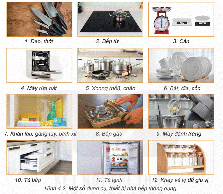 KHỞI ĐỘNG Quan sát Hình 4.1 và cho biết, người lao động đang sử dụng những trang bị bảo hộ gì trong quá trình chế biến thực phẩm?Giải chi tiết:Người lao động đang sử dụng những trang bị bảo hộ là mũ, khẩu trang, găng tay, tạp dề, quần áo bảo hộ. I. AN TOÀN LAO ĐỘNG TRONG CHẾ BIẾN THỰC PHẨMCâu hỏi: Quan sát Hình 4.2 về các dụng cụ, thiết bị nhà bếp dưới đây, hãy sắp xếp các dụng cụ, thiết bị đó vào từng nhóm theo chức năng trong quá trình sử dụng.Giải chi tiết:- Dụng cụ dùng để cắt, thái: dao, thớt.- Dụng cụ dùng để nhào, trộn: Máy đánh trứng.- Dụng cụ dùng để đo lường: Cân.- Dụng cụ dùng để làm sạch: máy rửa bát, khăn lau, găng tay, bình xịt.- Dụng cụ dùng để bảo quản: khay và lọ để gia vị- Dụng cụ dùng để chứa đựng - bài trí: tủ bếp, tủ lạnh.- Dụng cụ dùng để chế biến: xoong, nồi, chảo,...- Thiết bị dùng điện: bếp từ- Thiết bị dùng gas: Bếp gas Câu hỏi: Kể tên một số dụng cụ, thiết bị nhà bếp mà gia đình em đang sử dụng và các lưu ý trong quá trình sử dụng, bảo quản các dụng cụ, thiết bị đó để đảm bảo an toàn lao động.Giải chi tiết:Một số dụng cụ và thiết bị nhà bếp thường được sử dụng bao gồm nồi, chảo, dao, kéo, bếp gas hoặc bếp từ. Để đảm bảo an toàn lao động, cần lưu ý:1. Bảo quản dao, kéo trong nơi an toàn, tránh để chúng lơ lửng hay tiếp xúc với trẻ em.2. Sử dụng bếp gas hoặc bếp từ cẩn thận, tuân thủ hướng dẫn sử dụng của nhà sản xuất.3. Làm sạch và bảo quản nồi chảo sau khi sử dụng để tránh vi khuẩn và rỉ sét.4. Luôn kiểm tra các dụng cụ và thiết bị trước khi sử dụng để đảm bảo an toàn. Câu hỏi: Tìm hiểu thông tin từ Internet, sách, báo,... và cho biết, người trực tiếp sản xuất thực phẩm tại các nhà hàng, khách sạn, ... cần được trang bị bảo hộ như thế nào để đảm bảo an toàn lao động? Vai trò của mỗi trang bị đó là gì?Giải chi tiết:Người trực tiếp sản xuất thực phẩm tại các nhà hàng, khách sạn cần được trang bị bảo hộ như sau để đảm bảo an toàn lao động:1. Mũ bảo hiểm: Bảo vệ đầu khỏi nguy cơ va đập từ trên cao và ngăn chặn tóc, bụi rơi vào thực phẩm.2. Áo khoác chống nhiệt và chống bám dầu: Bảo vệ da khỏi bị bỏng do tiếp xúc với nhiệt độ cao và ngăn chặn dầu, chất dầu mỡ bám vào quần áo.3. Kính bảo hộ: Bảo vệ mắt khỏi bị bắn mắt bởi các giọt dầu nóng hoặc bất kỳ vật thể nào khác.4. Găng tay bảo hộ: Ngăn chặn vi khuẩn từ tay người làm thực phẩm và bảo vệ da khỏi bị cháy nếu tiếp xúc với nhiệt độ cao.5. Nón rộng và khẩu trang: Ngăn chặn tóc và bụi từ miệng và mũi rơi vào thực phẩm.6. Thảm chống trượt: Tránh nguy cơ trượt trên sàn nhà bằng cách giữ sàn khô ráo và sạch sẽ. Câu hỏi: Hãy quan sát hình dưới đây và cho biết, để đảm bảo an toàn lao động, người chế biến thực phẩm đã sử dụng những dụng cụ gì và sử dụng để tránh nguy cơ mất an toàn nào.Giải chi tiết:Người chế biến thực phẩm đã sử dụng vải, găng tay vải, xẻng đỡ bánh để tránh bị bỏng vì nhiệt độ cao khi lấy bánh từ lò nướng. II. AN TOÀN VỆ SINH THỰC PHẨM TRONG CHẾ BIẾN THỰC PHẨMCâu hỏi: Kể tên một số tác nhân gây mất an toàn vệ sinh thực phẩm thường gặp.Giải chi tiết:- Tác nhân sinh học: một số vi khuẩn, virus, kí sinh trùng, vi nấm sinh độc tố như Clostridium botulinum, Salmonella, virus viêm gan A, giun đũa, vi nấm Aspergillus Flavus,...- Tác nhân hóa học: tồn dư thuốc bảo vệ thực vật; thức ăn chăn nuôi; chì, dioxins, tributyltin,... trong bao bì đóng gói, dụng cụ nấu ăn,...; chất độc có sẵn trong thực phẩm, ví dụ như tetrodotoxin trong buồng trứng cá nóc, solanin trong khoai tây mọc mầm,...- Tác nhân vật lí: dị vật lông, tóc, móng, xương, mảnh kim loại,...; chất phóng xạ;... Câu hỏi: 1. Quan sát Hình 4.7 và cho biết, trường hợp nào tiềm ẩn nguy cơ mất an toàn vệ sinh thực phẩm.2. Hãy kể tên một vài trường hợp mất an toàn vệ sinh thực phẩm gây ra hậu quả nghiêm trọng mà em biết.Giải chi tiết:1. Trường hợp nào tiềm ẩn nguy cơ mất an toàn vệ sinh thực phẩm: ruồi đậu trên quả xoài đã gọt vỏ và bánh mì bị mốc.2. - Dùng thực phẩm đã hỏng gây ngộ độc thực phẩm.- Không chế biến thức ăn đúng cách gây nhiễm khuẩn.- Lưu trữ thực phẩm trong điều kiện không đảm bảo vệ sinh gây nhiễm vi khuẩn. Câu hỏi: Bằng hiểu biết của bản thân, em hãy mô tả sáu bước rửa tay theo hướng dẫn của Bộ Y tế.Giải chi tiết:- Bước 1: Làm ướt 2 lòng bàn tay bằng nước. Lấy xà phòng và chà 2 lòng bàn tay vào nhau.- Bước 2: Chà lòng bàn tay này lên mu và kẽ ngoài các ngón tay của bàn tay kia và ngược lại.- Bước 3: Chà 2 lòng bàn tay vào nhau, miết mạnh các kẽ trong ngón tay.- Bước 4: Chà mặt ngoài các ngón tay của bàn tay này vào lòng bàn tay kia.- Bước 5: Dùng bàn tay này xoay ngón cái của bàn tay kia và ngược lại.- Bước 6: Xoay các đầu ngón tay này vào lòng bàn tay kia và ngược lại. Rửa sạch tay dưới vòi nước chảy đến cổ tay và làm khô tay. LUYỆN TẬPVì sao cần đảm bảo an toàn lao động và an toàn vệ sinh thực phẩm trong chế biến thực phẩm?Giải chi tiết:Đảm bảo các nguyên tắc của an toàn lao động giúp:- Giảm thiểu nguy cơ mắc phải các tai nạn như đứt tay, bỏng lửa, bỏng nước, trượt ngã, điện giật, cháy nổ,... nguy hiểm hơn, có thể ảnh hưởng đến tính mạng của người tham gia chế biến thực phẩm.- Giảm thiểu nguy cơ thiệt hại về tài sản của cá nhân và doanh nghiệp.- Giúp người lao động thuận lợi, hiệu quả, yên tâm hơn trong quá trình chế biến thực phẩm, nâng cao năng suất làm việc. Vai trò của an toàn vệ sinh thực phẩm:- Giữ được tối đa các chất dinh dưỡng có trong thực phẩm.- Giảm thiểu nguy cơ mắc các bệnh lí cấp tính, mạn tính do nhiễm khuẩn, nhiễm độc có trong thực phẩm không an toàn, từ đó giảm gánh nặng bệnh tật cho hệ thống y tế quốc gia.- Hạn chế tối đa nguy cơ làm suy giảm sức khoẻ giống nòi và chất lượng dân số vì sử dụng thực phẩm không an toàn. Nếu sử dụng thực phẩm không an toàn kéo dài sẽ làm tăng nguy cơ suy giảm sức khoẻ do mắc các bệnh lí mạn tính như thiếu máu, suy tạng, suy nhược cơ thể.; nguy hiểm hơn là có thể gây nên các bệnh lí di truyền, quái thai,... ở thế hệ sau.- Tạo uy tín cho ngành sản xuất nông nghiệp, công nghiệp chế biến thực phẩm của quốc gia với các nước trong khu vực và trên thế giới. Từ đó tạo ra cơ hội xuất khẩu các sản phẩm nông sản, tạo nguồn lợi kinh tế lớn, giải quyết vấn đề việc làm cho người dân. VẬN DỤNGTừ thực tế tại gia đình và địa phương, kết hợp với kiến thức đã học, hãy đề xuấtphương án giúp đảm bảo an toàn lao động và an toàn vệ sinh thực phẩm trong chế biến thực phẩm.Giải chi tiết:Đề xuất phương án như sau:1. Nâng cao nhận thức: Tăng cường công tác tuyên truyền và giáo dục về an toàn lao động và vệ sinh thực phẩm cho tất cả nhân viên và thành viên trong gia đình, để tạo ra một môi trường làm việc an toàn và lành mạnh.2. Sử dụng trang bị bảo hộ: Cung cấp đầy đủ trang bị bảo hộ như mũ bảo hộ, găng tay, áo áo phòng sạch, khẩu trang, kính bảo hộ và giày bảo hộ để bảo vệ nhân viên khỏi các nguy cơ tai nạn lao động và nguy cơ nhiễm khuẩn.3. Xây dựng quy trình làm việc: Thực hiện quy trình làm việc cụ thể và chi tiết từ việc lựa chọn nguyên liệu, vệ sinh các dụng cụ và bếp, chế biến thực phẩm đến việc lưu trữ và phục vụ, để đảm bảo mọi bước đều tuân thủ các tiêu chuẩn vệ sinh và an toàn.4. Kiểm tra định kỳ: Thực hiện kiểm tra định kỳ về vệ sinh và an toàn lao động để phát hiện và khắc phục kịp thời mọi vấn đề phát sinh, đồng thời đảm bảo tuân thủ các quy định và tiêu chuẩn. KẾT NỐI NĂNG LỰCCâu hỏi: Hãy đánh giá việc đảm bảo an toàn lao động trong chế biến thực phẩm tại gia đình mình. Có thể đánh giá dựa trên các tiêu chỉ như Bảng 4.2Giải chi tiết:Đánh giá việc đảm bảo an toàn lao động trong chế biến thực phẩm tại gia đình có thể dựa trên các tiêu chí sau:1. Trang bị bảo hộ: Có sử dụng đầy đủ trang bị bảo hộ như mũ bảo hộ, găng tay, áo áo phòng sạch, khẩu trang, kính bảo hộ và giày bảo hộ cho những người tham gia chế biến thực phẩm không?2. Quy trình làm việc: Gia đình có áp dụng các quy trình làm việc cụ thể và chi tiết từ việc lựa chọn nguyên liệu, vệ sinh các dụng cụ và bếp, chế biến thực phẩm đến việc lưu trữ và phục vụ không?3. Kiểm tra định kỳ: Có thực hiện kiểm tra định kỳ về vệ sinh và an toàn lao động để phát hiện và khắc phục kịp thời mọi vấn đề phát sinh không?4. Nâng cao nhận thức: Gia đình có tăng cường công tác tuyên truyền và giáo dục về an toàn lao động và vệ sinh thực phẩm cho tất cả thành viên để tạo ra một môi trường làm việc an toàn và lành mạnh không?Dựa vào đánh giá này, gia đình có thể tự đánh giá mức độ đảm bảo an toàn lao động trong quá trình chế biến thực phẩm và đưa ra các biện pháp cải thiện nếu cần thiết.Câu hỏi: Hãy đánh giá việc đảm bảo an toàn vệ sinh thực phẩm trong chế biến thực phẩm tại gia đình mình. Có thể đánh giá dựa trên các tiêu chí như Bảng 4.3. Giải chi tiết:Đánh giá việc đảm bảo an toàn vệ sinh thực phẩm trong chế biến thực phẩm tại gia đình có thể dựa trên các tiêu chí sau:1. Chọn lựa nguyên liệu: Gia đình có lựa chọn nguyên liệu tươi, chất lượng, không bị hỏng và không sử dụng thực phẩm hết hạn sử dụng không?2. Vệ sinh dụng cụ và bếp: Gia đình có thực hiện việc vệ sinh các dụng cụ, bếp, bồn rửa chén, kệ đựng thực phẩm định kỳ và sạch sẽ không?3. Chế biến thực phẩm: Quy trình chế biến thực phẩm có tuân thủ các quy tắc vệ sinh như rửa tay trước khi chế biến, phân chia dụng cụ cho thực phẩm sống và thực phẩm đã chế biến không?4. Lưu trữ và bảo quản: Thực phẩm đã chế biến và thức ăn chưa chế biến có được bảo quản đúng cách ở nhiệt độ thích hợp và tránh xa các tác nhân gây ô nhiễm không?5. Kiểm tra và kiểm soát: Gia đình có thực hiện kiểm tra thường xuyên về tình trạng của thực phẩm, sử dụng hạn sử dụng và loại bỏ các thực phẩm đã hỏng không?Dựa vào đánh giá này, gia đình có thể tự đánh giá mức độ đảm bảo an toàn vệ sinh thực phẩm trong quá trình chế biến và đưa ra các biện pháp cải thiện nếu cần thiết. KẾT NỐI NGHỀ NGHIỆP