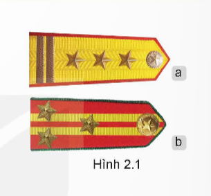 MỞ ĐẦUHình 2.1 thể hiện những thông tin gì của lực lượng quân đội và công an?Giải chi tiết:Hình 2.1 thể hiện cấp bậc, quân hàm của lực lượng quân đội và công an. I. QUÂN ĐỘI NHÂN DÂN VIỆT NAMCâu hỏi: Em hãy chia sẻ hiểu biết của mình về chức năng, nhiệm vụ của một số tổ chức trong Quân đội nhân dân Việt Nam.Giải chi tiết:* Bộ Quốc phòng- Tham mưu với Đảng và Nhà nước về đường lối, nhiệm vụ quân sự, quốc phòng bảo vệ Tổ quốc; - Quản lí nhà nước về lĩnh vực quân sự, quốc phòng trong phạm vi cả nước; - Tổ chức thực hiện việc xây dựng, quản lí, chỉ huy quân đội nhân dân, dân quân tự vệ.* Bộ Tổng Tham mưu và Tổng cục Chính trị- Bộ Tổng Tham mưu: Chỉ huy, điều hành, xây dựng phát triển lực lượng và huấn luyện sẵn sàng chiến đấu, chiến đấu của quân đội nhân dân và dân quân tự vệ.- Tổng cục Chính trị: Đảm nhiệm công tác Đảng, công tác chính trị trong toàn quân.* Quân khu, quân đoàn- Quân khu: + Chỉ đạo công tác quốc phòng và xây dựng tiềm lực quân sự trong thời bình; + Chỉ đạo, chỉ huy lực lượng vũ trang địa phương trong thời chiến, để bảo vệ lãnh thổ quân khu.- Quân đoàn: Đơn vị cơ động lớn nhất của Lục quân, có nhiệm vụ bảo vệ các địa bàn chiến lược trọng yếu của quốc gia. Câu hỏi: Nêu cách nhận biết các bậc quân hàm của sĩ quan, hạ sĩ quan, chiến sĩ trong Quân đội nhân dân Việt Nam dựa vào cấp hiệu.Giải chi tiết:* Chú ý:- Cấp hiệu của Bộ đội Biên phòng có nền màu xanh lá cây, viền màu đỏ; - Cảnh sát biển có nền màu xanh dương, viền màu vàng; - Quân chủng Phòng không – Không quân có nền màu vàng, viền màu xanh hoà bình; - Hải quân có nền màu vàng, viền màu tím than.- Cấp hiệu của quân nhân chuyên nghiệp tương tự như cấp hiệu của sĩ quan, chỉ khác trên nền cấp hiệu có một đường màu hồng ở chính giữa theo chiều dọc. Câu hỏi: - Nêu cách nhận biết các lực lượng trong Quân đội nhân dân Việt Nam dựa vào phù hiệu ở hình 2.6.- Hãy tìm hiệu về phù hiệu của các lực lượng khác trong Quân đội nhân dân Việt Nam.Giải chi tiết:* Nền phù hiệu:- Binh chủng hợp thành – Bộ binh, Tăng – Thiết giáp, Pháo binh, Công binh, Thông tin, Hóa học, Đặc công: Màu đỏ tươi- Bộ đội Biên phòng: Màu xanh lá cây- Phòng không - Không quân: Màu xanh hòa bình- Hải quân: Màu tím than* Hình phù hiệu:- Binh chủng hợp thành – Bộ binh: Hình thanh kiếm và khẩu súng đặt chéo - Phòng không - Không quân: Máy bay chiến đấu và sao vàng- Hải quân: Mỏ neo, sóng biển và ngôi sao vàng- Bộ đội Biên phòng: Cột mốc biên giới, lá cờ Tổ quốc và hai bông lúa- Tăng – Thiết giáp: Hình xe tăng nhìn ngang- Pháo binh: Hình hai nòng súng thần công đặt chéo- Công binh: Hình cuốc, xẻng trên nửa bánh xe răng- Thông tin: Hình sóng điện- Hóa học: Hình tia phóng xạ trên hình nhân ben–zen- Đặc công: Hình dao găm đặt trên khối bộc phá, dưới mũi tên có mũi tên vòng.* Một số lực lượng khác trong Quân đội nhân dân Việt Nam- Bộ đội nhảy dù: Hình máy bay trên dù đang mở- Tên lửa: Hình tên lửa trên nền mây- Cao xạ: Hình khẩu pháo cao xạ- Ra-đa: Hình cánh ra-đa trên bệ- Hải quân: Hình mỏ neo- Hải quân đánh bộ: Hình mỏ neo trên thanh kiếm và khẩu súng đặt chéo- Ngành Hậu cần - Tài chính: Hình thanh kiếm và khẩu súng đặt chéo, dưới có bông lúa- Quân y, thú y: Hình chữ thập đỏ trong hình tròn- Ngành Kỹ thuật: Hình com-pa trên chiếc búa- Lái xe: Hình tay lái trên nhíp xe- Cơ quan tiến hành tố tụng, kiểm soát quân sự: Hình mộc trên hai thanh kiếm đặt chéo- Quân nhạc: Hình chiếc kèn và sáo đặt chéo- Thể dục thể thao: Hình cung tên- Văn hóa nghệ thuật: Hình biểu tượng âm nhạc và cây đàn. Câu hỏi: Nêu cách nhận biết các lực lượng trong Quân đội nhân dân Việt Nam dựa vào trang phục ở hình 2.7.Giải chi tiết:* Màu sắc:- Lục quân: Màu xanh lá cây (ô liu)- Phòng không – không quân: Màu xanh da trời- Hải quân: Màu tím than, màu trắng* Phù hiệu:- Lục quân: Hai bông lúa và ngôi sao vàng- Phòng không – không quân: Cánh chim và ngôi sao vàng- Hải quân: Mỏ neo và sóng biển* Mũ:- Lục quân: Mũ cối hoặc mũ kê-pi- Phòng không – không quân: Mũ phi công- Hải quân: Mũ thủy thủ* Quân hàm:- Lục quân: Quân hàm dạng “sao”- Phòng không – không quân: Quân hàm dạng “cánh chim”- Hải quân: Quân hàm dạng “vạch” II. CÔNG AN NHÂN DÂN VIỆT NAMCâu hỏi: Em hãy nêu chức năng, nhiệm vụ của một số tổ chức trong Công an nhân dân Việt Nam.Giải chi tiết:* Bộ Công an- Tham mưu với Đảng, Nhà nước về bảo vệ an ninh quốc gia, bảo đảm trật tự, an toàn xã hội, đấu tranh phòng chống tội phạm; - Quản lí nhà nước về bảo vệ an ninh quốc gia, bảo đảm trật tự, an toàn xã hội; - Trực tiếp đấu tranh phòng chống các loại tội phạm, vi phạm pháp luật về an ninh quốc gia, trật tự, an toàn xã hội.* Một số tổ chức trực thuộc Bộ công an- Cục An ninh mạng và phòng, chống tội phạm sử dụng công nghệ cao: + Tham mưu, hướng dẫn và thực hiện quản lí nhà nước về an ninh mạng; + Thực hiện các biện pháp nghiệp vụ bảo vệ an ninh mạng và phòng, chống tội phạm mạng theo quy định của pháp luật.- Cục Cảnh sát hình sự: Tham mưu, hướng dẫn và thực hiện các biện pháp nghiệp vụ trong phòng ngừa, phát hiện, điều tra, xử lí các tội phạm về trật tự xã hội.- Cục Cảnh sát điều tra tội phạm về ma túy: Tham mưu, hướng dẫn và thực hiện các biện pháp nghiệp vụ để phòng ngừa, phát hiện, điều tra, xử lí các loại tội phạm về ma tuý.- Cục Cảnh sát quản lí hành chính về trật tự xã hội: + Tham mưu, hướng dẫn và thực hiện quản lí nhà nước về trật tự xã hội; + Thực hiện các biện pháp nghiệp vụ để phục vụ công tác phòng ngừa, phát hiện, đấu tranh chống tội phạm và các hành vi vi phạm pháp luật theo quy định của pháp luật.- Cục Cảnh sát phòng cháy, chữa cháy và cứu nạn, cứu hộ: Tham mưu, hướng dẫn và thực hiện quản lí nhà nước về phòng cháy, chữa cháy, thực hiện các biện pháp nghiệp vụ phòng cháy chữa cháy và cứu nạn, cứu hộ theo quy định.- Cục Cảnh sát giao thông: Tham mưu, quản lí nhà nước và tổ chức thực hiện bảo đảm trật tự, an toàn giao thông đường bộ, đường sắt và đường thuỷ nội địa, phòng ngửa, đấu tranh với các loại tội phạm và vi phạm trật tự, an toàn xã hội trên các tuyếngiao thông theo quy định.- Bộ Tư lệnh Cảnh vệ: Tham mưu và thực hiện công tác cảnh vệ để bảo đảm an toàntuyệt đối cho cán bộ lãnh đạo cấp cao của Đảng và Nhà nước, khách quốc tế đến thămvà làm việc tại Việt Nam, các khu vực trọng yếu và các sự kiện đặc biệt quan trọng.- Bộ Tư lệnh Cảnh sát cơ động: Tham mưu và thực hiện biện pháp vũ trang bảo vệ an ninh, giữ gìn trật tự, an toàn xã hội* Công an cấp tỉnh, cấp huyện và cấp xã- Công an cấp tỉnh, cấp huyện: + Tham mưu với cơ quan công an cấp trên, cấp uỷ, Uỷ ban nhân dân và quản lí nhà nước về bảo vệ an ninh quốc gia và giữ gìn trật tự an toàn xã hội trên địa bàn; + Trực tiếp đấu tranh phòng, chống âm mưu, hoạt động của các thể lực thù địch, các loại tội phạm và các vi phạm pháp luật về an ninh quốc gia, trật tự, an toàn xã hội.- Công an cấp xã: + Thực hiện nhiệm vụ bảo vệ an ninh quốc gia, bảo đảm trật tự an toàn xã hội, đấu tranh phòng chống tội phạm và vi phạm pháp luật; + Làm nòng cốt trong xây dựng phong trào toàn dân bảo vệ an ninh Tổ quốc ở địa bàn xã, thị trấn. Câu hỏi: Nêu cách nhận biết cấp bậc hàm của sĩ quan, hạ sĩ quan, chiến sĩ trong Công an nhân dân Việt Nam dựa vào cấp hiệu.Giải chi tiết: Câu hỏi: Em hãy nêu cách nhận biết một số lực lượng chuyên môn của Công an nhân dân Việt Nam thông qua trang phục.Giải chi tiết:Trang phục của Công an nhân dân Việt Nam thể hiện tính thống nhất và đặc trưng hoạt động chuyên môn của mỗi lực lượng trong Công an nhân dân Việt Nam. LUYỆN TẬPCâu 1. Nêu một số tổ chức trong Quân đội nhân dân Việt Nam. Tổ chức nào thuộc cơ quan quân sự địa phương?Giải chi tiết:Một số tổ chức trong Quân đội nhân dân Việt Nam gồm:- Bộ Quốc phòng.- Các cơ quan Bộ Quốc phòng: Bộ Tổng Tham mưu, Tổng cục Chính trị,...- Các quân khu: Quân khu 1, 2, 3, 4, 5, 7, 9. Quân khu có Bộ chỉ huy quân sự cấp tỉnh, Ban chỉ huy quân sự cấp huyện và các đơn vị khác.- Các đơn vị: Quân đoàn, quân chủng, binh chủng, Bộ Tư lệnh,... Ở từng đơn vị có sư đoàn, trung đoàn, tiểu đoàn, đại đội, trung đội, tiểu đội và các cấp tương đương.- Các cơ quan nghiên cứu, học viện nhà trường, cơ quan tư pháp quân đội; các cơ quan, đơn vị, doanh nghiệp, bệnh viện, đoàn kinh tế – quốc phòng và tổ chức - khác thuộc Bộ Quốc phòng.Câu 2. Hệ thống tổ chức của Công an nhân dân Việt Nam gồm mấy cấp? Nêu chức năng, nhiệm vụ chính của công an cấp huyện, cấp xã.Giải chi tiết:Hệ thống tổ chức của Công an nhân dân Việt Nam bao gồm:- Bộ Công an;- Công an tỉnh, thành phố trực thuộc trung ương;- Công an huyện, quận, thị xã, thành phố thuộc tỉnh, thành phố thuộc thành phố trực thuộc trung ương;- Công an xã, phường, thị trấn.Chức năng, nhiệm vụ chính của công an cấp huyện, cấp xã: - Công an cấp tỉnh, cấp huyện: Tham mưu với cơ quan công an cấp trên, cấp uỷ, Uỷ ban nhân dân và quản lí nhà nước về bảo vệ an ninh quốc gia và giữ gìn trật tự an toàn xã hội trên địa bàn; trực tiếp đấu tranh phòng, chống âm mưu, hoạt động của các thế lực thù địch, các loại tội phạm và các vi phạm pháp luật về an ninh quốc gia, trật tự, an toàn xã hội.- Công an cấp xã: Thực hiện nhiệm vụ bảo vệ an ninh quốc gia, bảo đảm trật tự, an toàn xã hội, đấu tranh phòng chống tội phạm và vi phạm pháp luật; làm nòng cốt trong xây dựng phong trào toàn dân bảo vệ an ninh Tổ quốc ở địa bàn xã, thị trấn. Câu 3. Em hãy cho biết cấp bậc quân hàm và quân, binh chủng trong Quân đội nhân dân Việt Nam của quân nhân trong các trường hợp sau đây. Giải thích lí do.a) Quân nhân mặc trang phục màu xanh lá cây; mang cầu vai có nền màu vàng, viền màu đỏ; trên cầu vai có một gạch ngang và bốn sao.b) Quân nhân mang trang phục màu xanh lá cây; mang cầu vai có nền màu xanh lá cây, viền màu vàng; trên cầu vai có hai gạch ngang và hai sao.c) Quân nhân mặc trang phục có áo sơ mi ngắn tay màu trắng, quần màu tím than; mang cầu vai có nền màu vàng, viền màu tím than; trên cầu vai có một gạch ngang và ba sao.d) Quân nhân mặc trang phục có áo sơ mi ngắn tay màu xanh hoà bình, quần màu xanh đậm; mang cầu vai có nền màu vàng, viền màu xanh hoà bình, ở giữa có đường dọc màu hồng; trên cầu vai có một gạch ngang và một sao.Giải chi tiết:a) Sĩ quan lục quân cấp bậc Đại úyb) Cán bộ kiểm lâm cấp bậc Trung tác) Sĩ quan hải quân cấp bậc Thượng úyd) Sĩ quan phòng không không quân cấp bậc Thiếu úy Câu 4. So sánh cấp bậc hàm, cấp hiệu của sĩ quan, hạ sĩ quan nghiệp vụ với sĩ quan, hạ sĩ quan chuyên môn kĩ thuật trong Công an nhân dân Việt Nam.Giải chi tiết:Cấp bậcSĩ quan nghiệp vụSĩ quan chuyên môn kỹ thuậtHạ sĩ quan nghiệp vụHạ sĩ quan chuyên môn kỹ thuậtĐại tướng4 sao4 sao--Thượng tướng3 sao3 sao--Trung tướng2 sao2 sao--Thiếu tướng1 sao1 sao--Đại tá4 vạch ngang4 vạch ngang--Thượng tá3 vạch ngang3 vạch ngangThượng sĩThượng sĩ chuyên môn kỹ thuậtTrung tá2 vạch ngang2 vạch ngangTrung sĩTrung sĩ chuyên môn kỹ thuậtThiếu tá1 vạch ngang1 vạch ngangHạ sĩHạ sĩ chuyên môn kỹ thuậtĐại úy4 vạch nghiêng4 vạch nghiêng--Thượng úy3 vạch nghiêng3 vạch nghiêng--Trung úy2 vạch nghiêng2 vạch nghiêng--Thiếu úy1 vạch nghiêng1 vạch nghiêng-- VẬN DỤNG