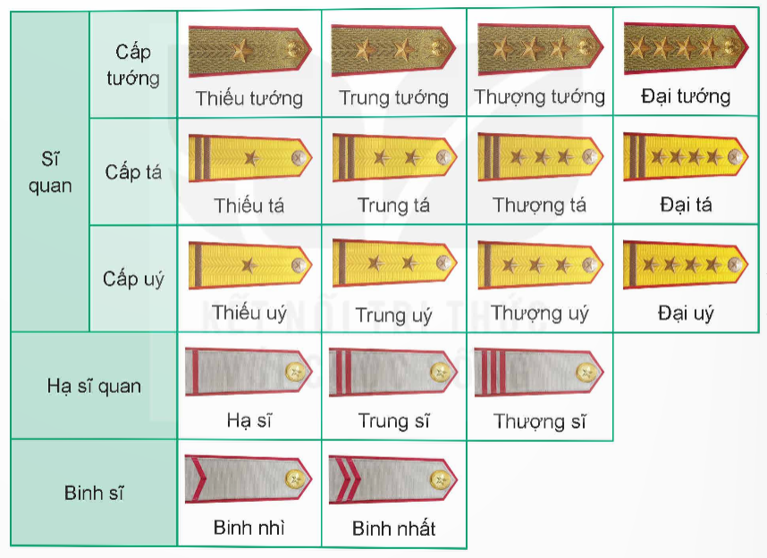 MỞ ĐẦUHình 2.1 thể hiện những thông tin gì của lực lượng quân đội và công an?Giải chi tiết:Hình 2.1 thể hiện cấp bậc, quân hàm của lực lượng quân đội và công an. I. QUÂN ĐỘI NHÂN DÂN VIỆT NAMCâu hỏi: Em hãy chia sẻ hiểu biết của mình về chức năng, nhiệm vụ của một số tổ chức trong Quân đội nhân dân Việt Nam.Giải chi tiết:* Bộ Quốc phòng- Tham mưu với Đảng và Nhà nước về đường lối, nhiệm vụ quân sự, quốc phòng bảo vệ Tổ quốc; - Quản lí nhà nước về lĩnh vực quân sự, quốc phòng trong phạm vi cả nước; - Tổ chức thực hiện việc xây dựng, quản lí, chỉ huy quân đội nhân dân, dân quân tự vệ.* Bộ Tổng Tham mưu và Tổng cục Chính trị- Bộ Tổng Tham mưu: Chỉ huy, điều hành, xây dựng phát triển lực lượng và huấn luyện sẵn sàng chiến đấu, chiến đấu của quân đội nhân dân và dân quân tự vệ.- Tổng cục Chính trị: Đảm nhiệm công tác Đảng, công tác chính trị trong toàn quân.* Quân khu, quân đoàn- Quân khu: + Chỉ đạo công tác quốc phòng và xây dựng tiềm lực quân sự trong thời bình; + Chỉ đạo, chỉ huy lực lượng vũ trang địa phương trong thời chiến, để bảo vệ lãnh thổ quân khu.- Quân đoàn: Đơn vị cơ động lớn nhất của Lục quân, có nhiệm vụ bảo vệ các địa bàn chiến lược trọng yếu của quốc gia. Câu hỏi: Nêu cách nhận biết các bậc quân hàm của sĩ quan, hạ sĩ quan, chiến sĩ trong Quân đội nhân dân Việt Nam dựa vào cấp hiệu.Giải chi tiết:* Chú ý:- Cấp hiệu của Bộ đội Biên phòng có nền màu xanh lá cây, viền màu đỏ; - Cảnh sát biển có nền màu xanh dương, viền màu vàng; - Quân chủng Phòng không – Không quân có nền màu vàng, viền màu xanh hoà bình; - Hải quân có nền màu vàng, viền màu tím than.- Cấp hiệu của quân nhân chuyên nghiệp tương tự như cấp hiệu của sĩ quan, chỉ khác trên nền cấp hiệu có một đường màu hồng ở chính giữa theo chiều dọc. Câu hỏi: - Nêu cách nhận biết các lực lượng trong Quân đội nhân dân Việt Nam dựa vào phù hiệu ở hình 2.6.- Hãy tìm hiệu về phù hiệu của các lực lượng khác trong Quân đội nhân dân Việt Nam.Giải chi tiết:* Nền phù hiệu:- Binh chủng hợp thành – Bộ binh, Tăng – Thiết giáp, Pháo binh, Công binh, Thông tin, Hóa học, Đặc công: Màu đỏ tươi- Bộ đội Biên phòng: Màu xanh lá cây- Phòng không - Không quân: Màu xanh hòa bình- Hải quân: Màu tím than* Hình phù hiệu:- Binh chủng hợp thành – Bộ binh: Hình thanh kiếm và khẩu súng đặt chéo - Phòng không - Không quân: Máy bay chiến đấu và sao vàng- Hải quân: Mỏ neo, sóng biển và ngôi sao vàng- Bộ đội Biên phòng: Cột mốc biên giới, lá cờ Tổ quốc và hai bông lúa- Tăng – Thiết giáp: Hình xe tăng nhìn ngang- Pháo binh: Hình hai nòng súng thần công đặt chéo- Công binh: Hình cuốc, xẻng trên nửa bánh xe răng- Thông tin: Hình sóng điện- Hóa học: Hình tia phóng xạ trên hình nhân ben–zen- Đặc công: Hình dao găm đặt trên khối bộc phá, dưới mũi tên có mũi tên vòng.* Một số lực lượng khác trong Quân đội nhân dân Việt Nam- Bộ đội nhảy dù: Hình máy bay trên dù đang mở- Tên lửa: Hình tên lửa trên nền mây- Cao xạ: Hình khẩu pháo cao xạ- Ra-đa: Hình cánh ra-đa trên bệ- Hải quân: Hình mỏ neo- Hải quân đánh bộ: Hình mỏ neo trên thanh kiếm và khẩu súng đặt chéo- Ngành Hậu cần - Tài chính: Hình thanh kiếm và khẩu súng đặt chéo, dưới có bông lúa- Quân y, thú y: Hình chữ thập đỏ trong hình tròn- Ngành Kỹ thuật: Hình com-pa trên chiếc búa- Lái xe: Hình tay lái trên nhíp xe- Cơ quan tiến hành tố tụng, kiểm soát quân sự: Hình mộc trên hai thanh kiếm đặt chéo- Quân nhạc: Hình chiếc kèn và sáo đặt chéo- Thể dục thể thao: Hình cung tên- Văn hóa nghệ thuật: Hình biểu tượng âm nhạc và cây đàn. Câu hỏi: Nêu cách nhận biết các lực lượng trong Quân đội nhân dân Việt Nam dựa vào trang phục ở hình 2.7.Giải chi tiết:* Màu sắc:- Lục quân: Màu xanh lá cây (ô liu)- Phòng không – không quân: Màu xanh da trời- Hải quân: Màu tím than, màu trắng* Phù hiệu:- Lục quân: Hai bông lúa và ngôi sao vàng- Phòng không – không quân: Cánh chim và ngôi sao vàng- Hải quân: Mỏ neo và sóng biển* Mũ:- Lục quân: Mũ cối hoặc mũ kê-pi- Phòng không – không quân: Mũ phi công- Hải quân: Mũ thủy thủ* Quân hàm:- Lục quân: Quân hàm dạng “sao”- Phòng không – không quân: Quân hàm dạng “cánh chim”- Hải quân: Quân hàm dạng “vạch” II. CÔNG AN NHÂN DÂN VIỆT NAMCâu hỏi: Em hãy nêu chức năng, nhiệm vụ của một số tổ chức trong Công an nhân dân Việt Nam.Giải chi tiết:* Bộ Công an- Tham mưu với Đảng, Nhà nước về bảo vệ an ninh quốc gia, bảo đảm trật tự, an toàn xã hội, đấu tranh phòng chống tội phạm; - Quản lí nhà nước về bảo vệ an ninh quốc gia, bảo đảm trật tự, an toàn xã hội; - Trực tiếp đấu tranh phòng chống các loại tội phạm, vi phạm pháp luật về an ninh quốc gia, trật tự, an toàn xã hội.* Một số tổ chức trực thuộc Bộ công an- Cục An ninh mạng và phòng, chống tội phạm sử dụng công nghệ cao: + Tham mưu, hướng dẫn và thực hiện quản lí nhà nước về an ninh mạng; + Thực hiện các biện pháp nghiệp vụ bảo vệ an ninh mạng và phòng, chống tội phạm mạng theo quy định của pháp luật.- Cục Cảnh sát hình sự: Tham mưu, hướng dẫn và thực hiện các biện pháp nghiệp vụ trong phòng ngừa, phát hiện, điều tra, xử lí các tội phạm về trật tự xã hội.- Cục Cảnh sát điều tra tội phạm về ma túy: Tham mưu, hướng dẫn và thực hiện các biện pháp nghiệp vụ để phòng ngừa, phát hiện, điều tra, xử lí các loại tội phạm về ma tuý.- Cục Cảnh sát quản lí hành chính về trật tự xã hội: + Tham mưu, hướng dẫn và thực hiện quản lí nhà nước về trật tự xã hội; + Thực hiện các biện pháp nghiệp vụ để phục vụ công tác phòng ngừa, phát hiện, đấu tranh chống tội phạm và các hành vi vi phạm pháp luật theo quy định của pháp luật.- Cục Cảnh sát phòng cháy, chữa cháy và cứu nạn, cứu hộ: Tham mưu, hướng dẫn và thực hiện quản lí nhà nước về phòng cháy, chữa cháy, thực hiện các biện pháp nghiệp vụ phòng cháy chữa cháy và cứu nạn, cứu hộ theo quy định.- Cục Cảnh sát giao thông: Tham mưu, quản lí nhà nước và tổ chức thực hiện bảo đảm trật tự, an toàn giao thông đường bộ, đường sắt và đường thuỷ nội địa, phòng ngửa, đấu tranh với các loại tội phạm và vi phạm trật tự, an toàn xã hội trên các tuyếngiao thông theo quy định.- Bộ Tư lệnh Cảnh vệ: Tham mưu và thực hiện công tác cảnh vệ để bảo đảm an toàntuyệt đối cho cán bộ lãnh đạo cấp cao của Đảng và Nhà nước, khách quốc tế đến thămvà làm việc tại Việt Nam, các khu vực trọng yếu và các sự kiện đặc biệt quan trọng.- Bộ Tư lệnh Cảnh sát cơ động: Tham mưu và thực hiện biện pháp vũ trang bảo vệ an ninh, giữ gìn trật tự, an toàn xã hội* Công an cấp tỉnh, cấp huyện và cấp xã- Công an cấp tỉnh, cấp huyện: + Tham mưu với cơ quan công an cấp trên, cấp uỷ, Uỷ ban nhân dân và quản lí nhà nước về bảo vệ an ninh quốc gia và giữ gìn trật tự an toàn xã hội trên địa bàn; + Trực tiếp đấu tranh phòng, chống âm mưu, hoạt động của các thể lực thù địch, các loại tội phạm và các vi phạm pháp luật về an ninh quốc gia, trật tự, an toàn xã hội.- Công an cấp xã: + Thực hiện nhiệm vụ bảo vệ an ninh quốc gia, bảo đảm trật tự an toàn xã hội, đấu tranh phòng chống tội phạm và vi phạm pháp luật; + Làm nòng cốt trong xây dựng phong trào toàn dân bảo vệ an ninh Tổ quốc ở địa bàn xã, thị trấn. Câu hỏi: Nêu cách nhận biết cấp bậc hàm của sĩ quan, hạ sĩ quan, chiến sĩ trong Công an nhân dân Việt Nam dựa vào cấp hiệu.Giải chi tiết: Câu hỏi: Em hãy nêu cách nhận biết một số lực lượng chuyên môn của Công an nhân dân Việt Nam thông qua trang phục.Giải chi tiết:Trang phục của Công an nhân dân Việt Nam thể hiện tính thống nhất và đặc trưng hoạt động chuyên môn của mỗi lực lượng trong Công an nhân dân Việt Nam. LUYỆN TẬPCâu 1. Nêu một số tổ chức trong Quân đội nhân dân Việt Nam. Tổ chức nào thuộc cơ quan quân sự địa phương?Giải chi tiết:Một số tổ chức trong Quân đội nhân dân Việt Nam gồm:- Bộ Quốc phòng.- Các cơ quan Bộ Quốc phòng: Bộ Tổng Tham mưu, Tổng cục Chính trị,...- Các quân khu: Quân khu 1, 2, 3, 4, 5, 7, 9. Quân khu có Bộ chỉ huy quân sự cấp tỉnh, Ban chỉ huy quân sự cấp huyện và các đơn vị khác.- Các đơn vị: Quân đoàn, quân chủng, binh chủng, Bộ Tư lệnh,... Ở từng đơn vị có sư đoàn, trung đoàn, tiểu đoàn, đại đội, trung đội, tiểu đội và các cấp tương đương.- Các cơ quan nghiên cứu, học viện nhà trường, cơ quan tư pháp quân đội; các cơ quan, đơn vị, doanh nghiệp, bệnh viện, đoàn kinh tế – quốc phòng và tổ chức - khác thuộc Bộ Quốc phòng.Câu 2. Hệ thống tổ chức của Công an nhân dân Việt Nam gồm mấy cấp? Nêu chức năng, nhiệm vụ chính của công an cấp huyện, cấp xã.Giải chi tiết:Hệ thống tổ chức của Công an nhân dân Việt Nam bao gồm:- Bộ Công an;- Công an tỉnh, thành phố trực thuộc trung ương;- Công an huyện, quận, thị xã, thành phố thuộc tỉnh, thành phố thuộc thành phố trực thuộc trung ương;- Công an xã, phường, thị trấn.Chức năng, nhiệm vụ chính của công an cấp huyện, cấp xã: - Công an cấp tỉnh, cấp huyện: Tham mưu với cơ quan công an cấp trên, cấp uỷ, Uỷ ban nhân dân và quản lí nhà nước về bảo vệ an ninh quốc gia và giữ gìn trật tự an toàn xã hội trên địa bàn; trực tiếp đấu tranh phòng, chống âm mưu, hoạt động của các thế lực thù địch, các loại tội phạm và các vi phạm pháp luật về an ninh quốc gia, trật tự, an toàn xã hội.- Công an cấp xã: Thực hiện nhiệm vụ bảo vệ an ninh quốc gia, bảo đảm trật tự, an toàn xã hội, đấu tranh phòng chống tội phạm và vi phạm pháp luật; làm nòng cốt trong xây dựng phong trào toàn dân bảo vệ an ninh Tổ quốc ở địa bàn xã, thị trấn. Câu 3. Em hãy cho biết cấp bậc quân hàm và quân, binh chủng trong Quân đội nhân dân Việt Nam của quân nhân trong các trường hợp sau đây. Giải thích lí do.a) Quân nhân mặc trang phục màu xanh lá cây; mang cầu vai có nền màu vàng, viền màu đỏ; trên cầu vai có một gạch ngang và bốn sao.b) Quân nhân mang trang phục màu xanh lá cây; mang cầu vai có nền màu xanh lá cây, viền màu vàng; trên cầu vai có hai gạch ngang và hai sao.c) Quân nhân mặc trang phục có áo sơ mi ngắn tay màu trắng, quần màu tím than; mang cầu vai có nền màu vàng, viền màu tím than; trên cầu vai có một gạch ngang và ba sao.d) Quân nhân mặc trang phục có áo sơ mi ngắn tay màu xanh hoà bình, quần màu xanh đậm; mang cầu vai có nền màu vàng, viền màu xanh hoà bình, ở giữa có đường dọc màu hồng; trên cầu vai có một gạch ngang và một sao.Giải chi tiết:a) Sĩ quan lục quân cấp bậc Đại úyb) Cán bộ kiểm lâm cấp bậc Trung tác) Sĩ quan hải quân cấp bậc Thượng úyd) Sĩ quan phòng không không quân cấp bậc Thiếu úy Câu 4. So sánh cấp bậc hàm, cấp hiệu của sĩ quan, hạ sĩ quan nghiệp vụ với sĩ quan, hạ sĩ quan chuyên môn kĩ thuật trong Công an nhân dân Việt Nam.Giải chi tiết:Cấp bậcSĩ quan nghiệp vụSĩ quan chuyên môn kỹ thuậtHạ sĩ quan nghiệp vụHạ sĩ quan chuyên môn kỹ thuậtĐại tướng4 sao4 sao--Thượng tướng3 sao3 sao--Trung tướng2 sao2 sao--Thiếu tướng1 sao1 sao--Đại tá4 vạch ngang4 vạch ngang--Thượng tá3 vạch ngang3 vạch ngangThượng sĩThượng sĩ chuyên môn kỹ thuậtTrung tá2 vạch ngang2 vạch ngangTrung sĩTrung sĩ chuyên môn kỹ thuậtThiếu tá1 vạch ngang1 vạch ngangHạ sĩHạ sĩ chuyên môn kỹ thuậtĐại úy4 vạch nghiêng4 vạch nghiêng--Thượng úy3 vạch nghiêng3 vạch nghiêng--Trung úy2 vạch nghiêng2 vạch nghiêng--Thiếu úy1 vạch nghiêng1 vạch nghiêng-- VẬN DỤNG