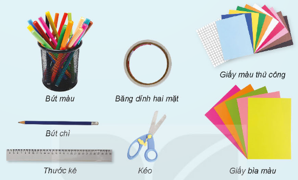 1. TÌM HIỂU SẢN PHẨM MẪUKhám phá: Em hãy quan sát mẫu đèn lồng trong Hình 1 và cho biết các bộ phận chính của chiếc đèn lồng.Yêu cầu sản phẩm: Lồng đèn tròn đều, cân đối, quai xách ở vị trí phù hợp, màu sắc hài hòa, trang trí đẹp, đèn chắc chắn.Giải chi tiết:Các bộ phận chính của chiếc đèn lồng là:Quai xách.Lồng đèn 2. VẬT LIỆU VÀ DỤNG CỤKhám phá: Em hãy lựa chọn các vật liệu với số lượng phù hợp và dụng cụ cần thiết có trong Hình 2 để làm đèn lồng.Giải chi tiết:Các vật liệu phù hợp để làm đèn lồng là:1 tờ giấy bìa màu.Nhiều giấy màu thủ công.Dụng cụ cần thiết để làm đèn lồng là:1 bút chì.1 thước kẻ.1 kéo.1 cuộn băng dính hai mặt.1 bút màu. 3. THỰC HÀNHThực hành: Em hãy làm sản phẩm theo các bước dưới đây.Bước 1. Làm lồng đèn- Chuẩn bị một tờ giấy bìa màu hình chữ nhật có chiều dài 22cm, chiều rộng 15cm. Gấp đôi tờ giấy bìa màu theo chiều dọc và kẻ các đường song song cách nhau 1cm như Hình 3.- Cắt tờ giấy bìa màu theo các đường kẻ song song (Hình 4a) và mở ra, sẽ được sản phẩm như Hình 4b.Lưu ý: Sử dụng kéo an toàn.- Dùng băng dính hai mặt để dán hai mép tờ giấy bìa màu tạo thành lồng đèn như Hình 5.Bước 2. Làm quai xách- Cắt một miếng giấy bìa màu hình chữ nhật có chiều dài 16cm, chiều rộng 2cm làm quai xách của đèn.- Gắn quai xách vào phần trên của lồng đèn cho cân đối (Hình 6).Bước 3. Hoàn thiện sản phẩm- Dùng bút chì màu, giấy màu trang trí đèn lồng theo ý thích (Hình 7).- Kiểm tra độ chắc chắn của đèn lồng và điều chỉnh (nếu cần).Lưu ý:- Thu dọn và vệ sinh chỗ học tập sau khi làm xong sản phẩm.- Sử dụng tiết kiệm vật liêu.Đáp án:Học sinh thực hành làm đèn lồng theo các bước. 4. GIỚI THIỆU SẢN PHẨM