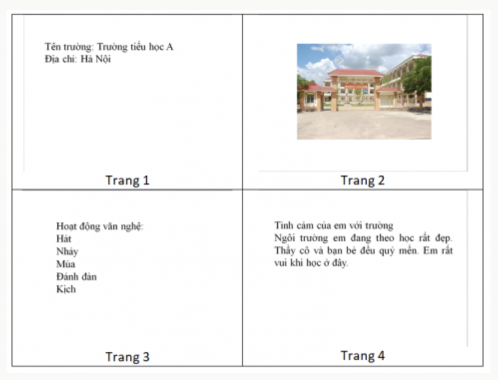 KHỞI ĐỘNGỞ lớp 3 em đã tạo được bài trình chiếu đơn giản và gõ được một vài dòng văn bản đơn giản. Em hãy quan sát nội dung trên hai trang chiếu sau, theo em nội dung nào rõ nghĩa hơn? Tại sao?Giải chi tiết:Hình b rõ nghĩa hơn vì câu văn được viết có dấu. 1. GÕ CHỮ TIẾNG VIỆTCâu 1: Những phát biểu nào sau đây là đúng?A. Để gõ được tiếng Việt, máy tính cần phải được cài đặt phần mềm hỗ trợ gõ tiếng Việt.B. Để gõ chữ hoa, em nhấn phím Shift đồng thời gõ phím chữ.C. Có thể gõ phím dấu tiếng Việt theo kiểu Telex ở vị trí bất kì của từ.Giải chi tiết:A. Để gõ được tiếng Việt, máy tính cần phải được cài đặt phần mềm hỗ trợ gõ tiếng Việt.B. Để gõ chữ hoa, em nhấn phím Shift đồng thời gõ phím chữ.C. Có thể gõ phím dấu tiếng Việt theo kiểu Telex ở vị trí bất kì của từ. Câu 2: Để có từ quê hương, em gõ như thế nào theo kiểu Telex?A. quee huong. B. quee huwowng. C. que huwowng.Giải chi tiết:B. quee huwowng. 2. THỰC HÀNH TẠO VĂN BẢN TRÊN TRANG CHIẾUCâu hỏi: Em hãy thực hiện yêu cầu sau:a) Tạo bài trình chiếu có chủ đề giới thiệu về cảnh đẹp ở địa phương với gợi ý sau:Trang 1: Tiêu đề, họ tên, lớp.Trang 2: Liệt kê danh sách một số địa danh.Trang 3: Một hình ảnh về phong cảnh quê hương, có chú thích cho hình ảnh.Trang 4: Lời mời đến thăm. b) Lưu tệp trình chiếu vào thư mục của em đã tạo ở Bài 5 và thoát khỏi phần mềm.Giải chi tiết:Hướng dẫn dưới đây sử dụng phần mềm Microsoft PowerPoint 2010a) Để tạo bài trình chiếu làm như sau:Bước 1: Khởi động phần mềm trình chiếu. Bước 2: Tạo bốn trang chiếu, gõ nội dung và chèn thêm ảnh.Lưu ý: Nháy chuột vào biểu tượng của phần mềm Unikey ở góc dưới bên phải màn hình nền để chuyển đổi giữa chế độ gõ tiếng Anh ( ) và chế độ gõ tiếng Việt ().b) Lưu tệp trình chiếu vào thư mục và thoát khỏi phần mềm.Bước 1: Lưu tệp trình chiếu vào thư mục của em. Chọn lệnh Save trong bảng chọn File. Cửa sổ Save as hiện ra tương tự như sau:Bước 2: Nháy chuột vào nút X để thoát khỏi phần mềm. LUYỆN TẬPCâu 1: Để có từ khiêm tốn, em sẽ gõ như thế nào theo kiểu Telex?A. khieem toons B. khiem toonr C. khieem toonr D. khieem toonfGiải chi tiết:khieem toons Câu 2: Em hãy tạo bốn trang chiếu với chủ để giới thiệu trường em theo gợi ý sau:Lưu tệp với tên Truong em vào thư mục của em đã tạo từ Bài 5.Giải chi tiết:Bước 1: Khởi động phần mềm trình chiếuBước 2: Tạo bốn trang chiếuBước 3: Chọn Save trong bảng chọn File. Cửa sổ Save as hiện ra thư mục đac tạo ở Bài 5. VẬN DỤNG