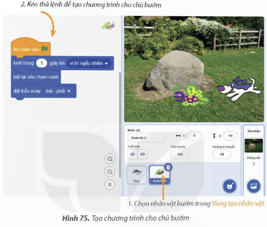 KHỞI ĐỘNG Câu hỏi: Mở tệp ChuCho đã lưu ở bài thực hành trước. Thêm nhân vật chú bướm vào chương trình và lập trình cho chú bướm. Điều chỉnh lệnh của các nhân vật. Lưu lại tệp với tên DuoiBat.Giải chi tiết:Bước 1: Chọn lệnh trong bảng chọn Mở tệp chương trình Chú chó đáng yêu