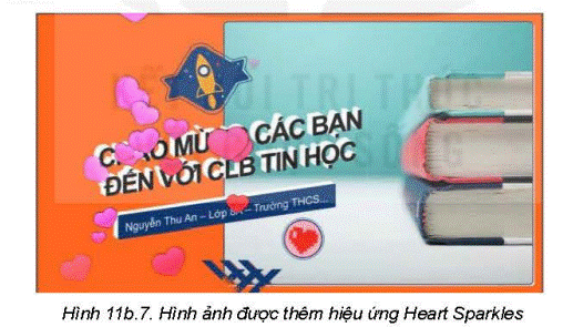 LUYỆN TẬP1. Em hãy thêm hiệu ứng ba chiều Heart Sparkles vào hình ảnh buổi ra mắt CLB Tin học như Hình 11b.7.2. Em hãy thêm các bộ lọc trong Hình 11b.4 cho các hình ảnh trong video.3. Em hãy thêm hai dòng phụ đề Dự án Trường học xanh và Dự án Thành lập CLB Tin học vào đầu hai đoạn video tương ứng giới thiệu hai dự án.Giải chi tiết:1. Thêm hiệu ứng ba chiều Heart Sparkles vào hình ảnh buổi ra mắt CLB Tin học:- Chọn hình ảnh buổi ra mắt CLB Tin học trong bàn dựng.- Tìm hiệu ứng ba chiều Heart Sparkles trong thư viện hiệu ứng của phần mềm Video Editor.- Kéo và thả hiệu ứng Heart Sparkles lên hình ảnh buổi ra mắt CLB Tin học.- Điều chỉnh thời gian và vị trí của hiệu ứng để nó phù hợp với hình ảnh.2. Thêm các bộ lọc từ Hình 11b.4 cho các hình ảnh trong video:- Chọn một hình ảnh trong bàn dựng mà em muốn áp dụng bộ lọc.- Tìm các bộ lọc từ Hình 116.4 trong thư viện bộ lọc hoặc cài đặt của phần mềm Video Editor.- Áp dụng bộ lọc bằng cách kéo và thả bộ lọc lên hình ảnh.- Lặp lại quy trình trên cho các hình ảnh khác trong video.3. Thêm hai dòng phụ đề Dự án Trường học xanh và Dự án Thành lập CLB Tin học vào đầu hai đoạn video tương ứng giới thiệu hai dự án:- Chọn đoạn video giới thiệu dự án Trường học xanh trong bàn dựng.- Tìm công cụ hoặc chức năng để thêm phụ đề trong phần mềm Video Editor.- Nhập dòng phụ đề Dự án Trường học xanh
