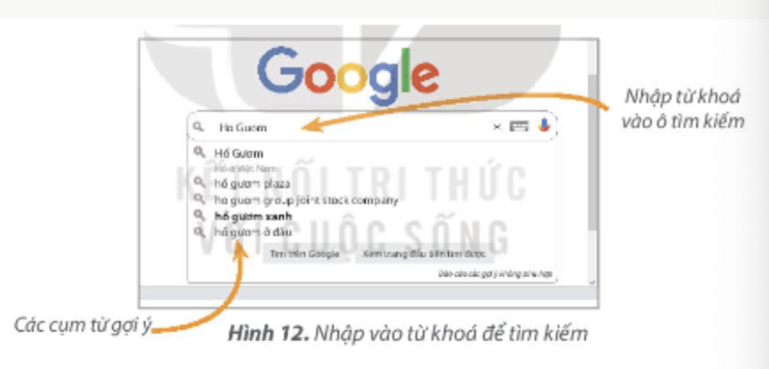 KHỞI ĐỘNGKhoa: Hôm qua bố tớ vừa dạy cho tớ cách tìm kiếm thông tin trên Internet đấy. Chúng ta có thể tìm kiếm thông tin về các đời vua Hùng để hoàn thành bài tập nhóm môn Lịch sử và Địa lí.Minh: Hay đấy! Cậu hướng dẫn cho tớ cách tìm kiếm thông tin được không?Khoa: Trước tiên, cậu phải xác định được chủ đề mình định tìm kiếm, từ đó tìm các từ hoặc cụm từ liên quan đến thông tin tìm kiếm.Câu hỏi: Theo em, bạn Khoa và bạn Minh đang cần tìm thông tin theo chủ đề gì? Với chủ để đó, em hãy đưa ra các từ hoặc cụm từ gợi ý để các bạn tìm kiếm thông tin.Giải chi tiết:Bạn Khoa và bạn Minh đang cần tìm thông tin theo chủ đề các đời vua Hùng, môn Lịch sử và Địa lí.Các từ hoặc cụm từ gợi ý để các bạn tìm kiếm thông tin:Các đời vua Hùng.Vua Hùng. 1. TÌM KIẾM THÔNG TIN TRÊN INTERNETCâu hỏi: Bạn Khoa đã chỉ cho bạn Minh tìm thông tin trên Internet bằng cách truy cập vào trang web nào? Em hãy nhận xét kết quả tìm kiếm. Giải chi tiết:Bạn Khoa đã chỉ cho bạn Minh tìm thông tin trên Internet bằng cách truy cập vào trang web google.comKết quả tìm kiếm cho kết quả liên quan đến vua Hùng. Câu 1: Nếu muốn tìm kiếm thông tin về Bảo tàng Dân tộc học Việt Nam thì từ khóa nào là phù hợp nhất?A. Bảo tàng. B. Bảo tàng Dân tộc học Việt Nam.C. Bảo tàng Việt Nam. D. Các dân tộc ở Việt Nam.Giải chi tiết:B. Bảo tàng Dân tộc học Việt Nam.. Câu 2: Sắp xếp các bước theo đúng thứ tự để tìm kiếm thông tin.a) Truy cập vào máy tìm kiếm.b) Gõ từ khóa vào ô tìm kiếm.c) Xác định từ khóa.d) Nháy chuột vào một siêu liên kết để mở trang web xem thông tin chi tiết.Giải chi tiết:c) Xác định từ khóa.a) Truy cập vào máy tìm kiếm.b) Gõ từ khóa vào ô tìm kiếm.d) Nháy chuột vào một siêu liên kết để mở trang web xem thông tin chi tiết. 2. THỰC HÀNH TÌM THÔNG TIN TRÊN INTERNETCâu hỏi: Sử dụng máy tìm kiếm để tìm kiếm các thông tin về Hồ Gươm.Giải chi tiết:Những hướng dẫn sau đây sử dụng máy tìm kiếm Google để minh họaBước 1: Xác định từ khóa là Hồ Gươm.Bước 2: Mở trình duyệt web và gõ địa chỉ máy tìm kiếm vào thanh địa chỉ:Bước 3: Gõ từ Ho Guom vào ô tìm kiếm (có thể chọn một vụm từ gợi ý trong danh sách đổ xuống), rồi nhấn phím Enter.Bước 4: Kết quả tìm kiếm là danh sách các trang web có chứa từ khóa tìm kiếm. Em hãy quan sát và nhận xét về trang thông tin kết quả. Bước 5: Nháy chuột vào một siêu liên kết để mở trang web và xem thông tin chi tiết về Hồ Gươm. LUYỆN TẬPCâu 1: Các bạn chọn từ khóa cho chủ đề về vai trò của không khí đối với con người. Mỗi bạn lựa chọn từ khóa tìm kiếm khác nhau, theo em bạn nào sau đây chọn từ khóa phù hợp nhất?A. Khoa: Không khí.B. An: Không khí và con người.C. Minh: Vai trò cua không khí đối với con người.D. Hoa: Con người cần không khí không?Giải chi tiết:C. Minh: Vai trò cua không khí đối với con người. Câu 2: Thực hành tìm kiếm thông tin theo chủ đề tìm hiểu về Văn Miếu - Quốc Tử Giám theo các yêu cầu sau:1) Xác định từ khóa.2) Truy cập vào máy tìm kiếm và tìm kiếm thông tin.3) Nhận xét về kết quả nhận được.Giải chi tiết:1) Xác định từ khóa: Văn Miếu - Quốc Tử Giám2) Truy cập vào máy tìm kiếm và tìm kiếm thông tin.3) Kết quả cho ra đáp án cần tìm. VẬN DỤNG