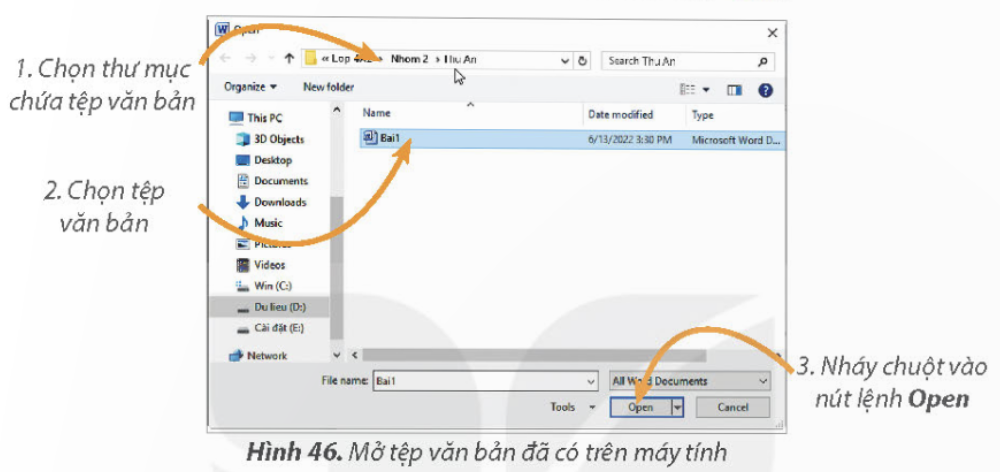 KHỞI ĐỘNGEm hãy đọc và quan sát hai khổ thơ trong Hình 43. Câu thơ nào được lặp lại nhiều lần? Theo em, trong phần mềm soạn thảo văn bản, có cách nào để soạn thảo các phần văn bản giống nhau mà không phải gõ nhiều lần?Giải chi tiết:Câu thơ Trăng ơi... từ đâu đến? được lặp lại nhiều lần. Để soạn thảo các phần văn bản giống nhau, sao chép và di chuyển phần văn bản. 1. SAO CHÉP, DI CHUYỂN MỘT PHẦN VĂN BẢNHãy ghép mỗi thao tác ở cột A với một mô tả ở cột B cho phù hợp.Giải chi tiết:Nối 1 - b, 2 - c, 3 - a. 2. THỰC HÀNH MỘT SỐ THAO TÁC CƠ BẢNCâu hỏi: Em thực hiện các yêu cầu sau:a) Mở tệp Bai1 trong thư mục tên của em đã tạo ở phần Luyện tập của Bài 10.b) Sao chép văn bản, gõ thêm câu thơ, di chuyển văn bản để được kết quả như minh họa trong Hình 43.c) Chèn hình ảnh phù hợp vào văn bản. Lưu tệp với tên mới là Bai2.Giải chi tiết:a) Mở tệp Bai1Bước 1: Khởi động phần mềm soạn thảo văn bản Word.Bước 2: Chọn lệnh Open trong bảng chọn File. Cửa sổ Open mở ra. Thực hiện lần lượt các thao tác tương tự như sau để mở tệp Bai1b) Sao chép văn bản, gõ thêm câu thơ, di chuyển văn bảnBước 1: Em hãy thực hiện các thao tác sau để sao chép câu Trăng ơi... từ đâu đến? cho khổ thơ thứ hai của bài thơ.Bước 2: Gõ tiếp ba dòng cuối của khổ thơ thứ hai.Bước 3: Di chuyển cụm từ (Theo Trần Đăng Khoa) xuống cuối khổ thơ thứ hai. Thực hiện tương tự như bước 1, nhưng thay nút lệnh Copy bằng nút lệnh Cut ở thao tác 2.c) Chèn hình ảnh phù hợp vào văn bản và lưu tệp với tên mới là Bai2.Bước 1: Đặt con trỏ soạn thảo vào vị trí cuối cùng (Theo Trần Đăng Khoa) và nhấn phím Enter.Bước 2: Chọn nút lệnh Picture trong dải lệnh Insert. Cửa sổ Insert Picture mở ra. Thực hiện thao tác sau để chèn ảnh minh họa.Kết quả văn bản được minh họa như Hình 49.Lưu ý: Thay đổi kích thước hình ảnh thực hiện tương tự như trong phần mềm trình chiếu.Bước 3: Chọn lệnh Save as trong bảng chọn File. Cửa sổ Save as xuất hiện, em thực hiện các thao tác sau để lưu với tên mới là Bai2: LUYỆN TẬPCâu 1: Em hãy ghép mỗi biểu tượng ở cột A với ý nghĩa của chúng ở cột B cho phù hợp.Giải chi tiết:Nối 1 - c, 2 - b, 3 - d, 4 - a. Câu 2: Em hãy quan sát ba khổ thơ sau:Ai trồng câyNgười đó có bóng mátTrong vòm câyQuên nắng xa đường dài. Ai trồng câyNgười đó có hạnh phúcMong chờ câyMau lớn lên từng ngày. Ai trồng cây ...Em trồng cây...Em trồng cây...(Theo Bế Kiến Quốc)a) Những từ nào lặp lại nhiều lần? Em dùng cách nào để không phải gõ lại những từ này?b) Hãy gõ những khổ thơ trên vào phần mềm soạn thảo văn bản.c) Hãy chèn hình ảnh minh họa cho bài thơ.d) Hãy lưu tệp văn bản với tên Bai3 vào thư mục tên của em.Giải chi tiết:a) Cụm từ Ai trồng cây, Em trồng cây được lặp lại nhiều lần. Dùng sao chép và di chuyển để không phải gõ lại nhiều lần.Bước 2: Nháy chuột vào vùng soạn thảo và soạn thảo đoạn vănb) c) Bước 3: Chọn lệnh Save trong bản chọn File, cửa sổ Save as hiện ra.Câu 3: Em hãy nêu khác nhau của hai thao tác sao chép và di chuyển đối với phần văn bản được chọnGiải chi tiết:Lệnh di chuyển: dùng để di chuyển phần văn bản được chọn đến vị trí khác, không còn ở vị trí ban đầu. Lệnh sao chép: dùng để sao chép đoạn văn bản ở nhiều nơi khác nhau nhưng vẫn giữ vị trí ban đầu. VẬN DỤNG
