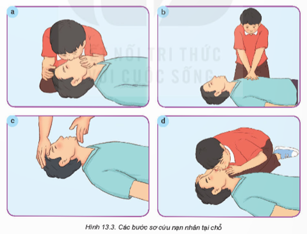 I. Tách nạn nhân ra khỏi nguồn điệnKHÁM PHÁ 1: Hãy cho biết: Cách xử lí nào trong các tình huống ở Hình 13.2 là đúng? Giải thích tại sao?Giải chi tiết:Tình huống ở hình b là cách xử lí đúng vì người cứu nạn nhân khỏi nguồn điện có dùng vật cách điện để đưa nguồn điện ra xa II. Các bước sơ cứu nạn nhânKHÁM PHÁ 2: Quan sát Hình 13.3, sắp xếp trình tự và mô tả các bước sơ cứu nạn nhân tại chỗ.Giải chi tiết:Thứ tự sắp xếp: d – c – b – a  III. Đưa nạn nhân đến cơ sở y tế gần nhấtVẬN DỤNG