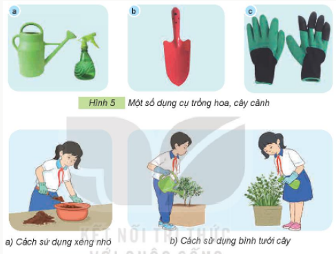1. CHẬU TRỒNG HOA, CÂY CẢNHKhám phá: Em hãy quan sát Hình 1 và nêu đặc điểm của các loại chậu trồng cây trong hình theo các gợi ý sau: chất liệu, độ nặng nhẹ. Em hãy quan sát Hình 1 và nêu đặc điểm của các loại chậu trồng cây trong hình theo các gợi ý sau: chất liệu, độ nặng nhẹGiải chi tiết: Chậu bằng nhựaChậu bằng gốm, sứChậu bằng xi măngChất liệuNhựaGốm, sứXi măngĐộ nặng nhẹNhẹNặngNặng Vận dụng: Theo em, trong các loại chậu ở Hình 2, loại chậu nào phù hợp trồng cây để ở bàn, loại chậu nào phù hợp trồng cây để kẹp ở lan can, loại chậu nào phù hợp trồng cây để treo? Vì sao?....Giải chi tiết:Chậu phù hợp trồng cây để ở bàn là chậu a vì chậu nhỏ, dễ dàng để trên mặt bàn, không chiếm nhiều diện tích.Chậu phù hợp trồng cây để kẹp ở lan can là chậu c vì chậu có lỗ khoét ở giữa, phù hợp để gắn vào thành lan can.Chậu phù hợp trồng cây để treo là chậu b vì chậu có móc treo. Thực hành: Làm hoặc trang trí một chậu trồng hoa, cây cảnh phù hợp với sở thích của em (có thể dùng vật liệu tái chế đề bào vệ môi trường).Giải chi tiết:Gợi ý cách làm:Làm hoặc trang trí một chậu trồng hoa, cây cảnh phù hợp với sở thích của em (có thể dùng vật liệu tái chế đề bào vệ môi trường) 2. GIÁ THỂ TRỒNG HOA, CÂY CẢNH TRONG Khám phá: Em hãy sử dụng các thẻ dưới đây để gọi tên các loại giá thể trồng hoa, cây cảnh trong Hình 4 cho phù hợp.Giải chi tiết:a. Giá thể hỗn hợp.b. Giá thể mùn cưa.c. Giá thể xơ dừa.d. Giá thể trấu hun. 3. MỘT SỐ DỤNG CỤ TRỒNG HOAM CÂY CẢNH TRONG CHẬU