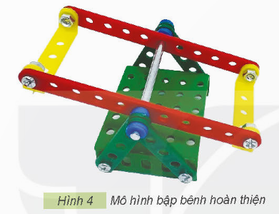 1. TÌM HIỂU SẢN PHẨM MẪUKhám phá: Em hãy quan sát mô hình bập bênh trong Hình 1, nêu các bộ phận chính và số lượng các chi tiết của mô hình bập bênh.Yêu cầu sản phẩm: đủ các bộ phận, mối ghép đúng vị trí và chắc chắn, thanh đòn và ghế ngồi quay được quanh trục.Giải chi tiết:- Các bộ phận chính là: chân đế, trục quay, thanh đòn và ghế ngồi.- Số lượng các chi tiết là:Chân đế: 13 chi tiết.Trục quay: 1 chi tiếtThanh đòn và ghế ngồi: 12 chi tiết.  2. CHI TIẾT VÀ DỤNG CỤKhám phá: Em hãy lựa chọn các dụng cụ và chi tiết phù hợp với số lượng cần thiết trong bộ lắp ghép mô hình kĩ thuật để lắp mô hình bập bênh trên.Giải chi tiết:Bộ phận chínhSố lượngTấm nhỏ1Thanh thẳng 5 lỗ4Thanh chữ U ngắn2Thanh thẳng 11 lỗ2Vòng hãm4Trục quay1Vít ngắn8Đai ốc8 3. THỰC HÀNHThực hành: Em hãy lắp ghép mô hình bập bênh theo các bước dưới đây.Bước 1: Lắp chân đếDùng bốn thanh bằng 5 lỗ, tấm nhỏ, bốn bộ vít ngắn và đai ốc để lắp chân để như Hình 2.Em hãy lắp ghép mô hình bập bênh theo các bước dưới đâyBước 2: Lắp thanh đòn và ghế ngồiDùng hai thanh chữ U ngắn và hai thanh bằng 11 lỗ, bốn bộ ốc vít và đai ốc để lắp thanh đòn và ghế ngòi như Hình 3.Em hãy lắp ghép mô hình bập bênh theo các bước dưới đâyBước 3: Hoàn thiện mô hìnhDùng một trục thẳng ngắn 1, bốn vòng hãm để lắp ghép các bộ phận thành mô hình bập bênh như Hình 4.Kiểm tra và điều chỉnh lại sản phẩm (nếu cần).Lưu ý: Sử dụng dụng cụ lắp ghép đúng cách và an toàn.Giải chi tiết:Học sinh tự thực hành. 4. GIỚI THIỆU SẢN PHẨM