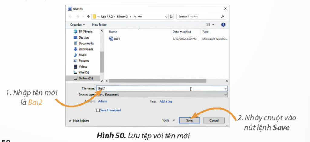 KHỞI ĐỘNGEm hãy đọc và quan sát hai khổ thơ trong Hình 43. Câu thơ nào được lặp lại nhiều lần? Theo em, trong phần mềm soạn thảo văn bản, có cách nào để soạn thảo các phần văn bản giống nhau mà không phải gõ nhiều lần?Giải chi tiết:Câu thơ Trăng ơi... từ đâu đến? được lặp lại nhiều lần. Để soạn thảo các phần văn bản giống nhau, sao chép và di chuyển phần văn bản. 1. SAO CHÉP, DI CHUYỂN MỘT PHẦN VĂN BẢNHãy ghép mỗi thao tác ở cột A với một mô tả ở cột B cho phù hợp.Giải chi tiết:Nối 1 - b, 2 - c, 3 - a. 2. THỰC HÀNH MỘT SỐ THAO TÁC CƠ BẢNCâu hỏi: Em thực hiện các yêu cầu sau:a) Mở tệp Bai1 trong thư mục tên của em đã tạo ở phần Luyện tập của Bài 10.b) Sao chép văn bản, gõ thêm câu thơ, di chuyển văn bản để được kết quả như minh họa trong Hình 43.c) Chèn hình ảnh phù hợp vào văn bản. Lưu tệp với tên mới là Bai2.Giải chi tiết:a) Mở tệp Bai1Bước 1: Khởi động phần mềm soạn thảo văn bản Word.Bước 2: Chọn lệnh Open trong bảng chọn File. Cửa sổ Open mở ra. Thực hiện lần lượt các thao tác tương tự như sau để mở tệp Bai1b) Sao chép văn bản, gõ thêm câu thơ, di chuyển văn bảnBước 1: Em hãy thực hiện các thao tác sau để sao chép câu Trăng ơi... từ đâu đến? cho khổ thơ thứ hai của bài thơ.Bước 2: Gõ tiếp ba dòng cuối của khổ thơ thứ hai.Bước 3: Di chuyển cụm từ (Theo Trần Đăng Khoa) xuống cuối khổ thơ thứ hai. Thực hiện tương tự như bước 1, nhưng thay nút lệnh Copy bằng nút lệnh Cut ở thao tác 2.c) Chèn hình ảnh phù hợp vào văn bản và lưu tệp với tên mới là Bai2.Bước 1: Đặt con trỏ soạn thảo vào vị trí cuối cùng (Theo Trần Đăng Khoa) và nhấn phím Enter.Bước 2: Chọn nút lệnh Picture trong dải lệnh Insert. Cửa sổ Insert Picture mở ra. Thực hiện thao tác sau để chèn ảnh minh họa.Kết quả văn bản được minh họa như Hình 49.Lưu ý: Thay đổi kích thước hình ảnh thực hiện tương tự như trong phần mềm trình chiếu.Bước 3: Chọn lệnh Save as trong bảng chọn File. Cửa sổ Save as xuất hiện, em thực hiện các thao tác sau để lưu với tên mới là Bai2: LUYỆN TẬPCâu 1: Em hãy ghép mỗi biểu tượng ở cột A với ý nghĩa của chúng ở cột B cho phù hợp.Giải chi tiết:Nối 1 - c, 2 - b, 3 - d, 4 - a. Câu 2: Em hãy quan sát ba khổ thơ sau:Ai trồng câyNgười đó có bóng mátTrong vòm câyQuên nắng xa đường dài. Ai trồng câyNgười đó có hạnh phúcMong chờ câyMau lớn lên từng ngày. Ai trồng cây ...Em trồng cây...Em trồng cây...(Theo Bế Kiến Quốc)a) Những từ nào lặp lại nhiều lần? Em dùng cách nào để không phải gõ lại những từ này?b) Hãy gõ những khổ thơ trên vào phần mềm soạn thảo văn bản.c) Hãy chèn hình ảnh minh họa cho bài thơ.d) Hãy lưu tệp văn bản với tên Bai3 vào thư mục tên của em.Giải chi tiết:a) Cụm từ Ai trồng cây, Em trồng cây được lặp lại nhiều lần. Dùng sao chép và di chuyển để không phải gõ lại nhiều lần.Bước 2: Nháy chuột vào vùng soạn thảo và soạn thảo đoạn vănb) c) Bước 3: Chọn lệnh Save trong bản chọn File, cửa sổ Save as hiện ra.Câu 3: Em hãy nêu khác nhau của hai thao tác sao chép và di chuyển đối với phần văn bản được chọnGiải chi tiết:Lệnh di chuyển: dùng để di chuyển phần văn bản được chọn đến vị trí khác, không còn ở vị trí ban đầu. Lệnh sao chép: dùng để sao chép đoạn văn bản ở nhiều nơi khác nhau nhưng vẫn giữ vị trí ban đầu. VẬN DỤNG