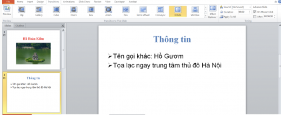 KHỞI ĐỘNGKhi thầy cô giáo trình chiếu bài học, đôi khi em thấy các trang chiếu được xuất hiện một cách ấn tượng và hấp dẫn. Làm thế nào để được như vậy nhỉ?Giải chi tiết:Thầy cô sử dụng hiệu ứng chuyển trang. 1. TẠO HIỆU ỨNG CHUYỂN TRANGEm hãy quan sát thầy cô trình chiếu và nhận xét về cách chuyển tiếp giữa các trang chiếu.Giải chi tiết:Cách chuyển tiếp giữa các trang chiếu hấp dẫn, sinh động. Câu hỏi: Mỗi phát biểu dưới đây đúng hay sai?a) Mỗi trang chiếu có thể có nhiều kiểu hiệu ứng chuyển trang.b) Trong một bài trình chiếu có thể có nhiều hiệu ứng chuyển trang khác nhau.c) Hiệu ứng chuyển trang giúp cho bài thuyết trình sinh động và hấp dẫn hơn.Giải chi tiết:a) Sai.b) Đúng.c) Đúng. 2.  THỰC HÀNH TẠO HIỆU ỨNG CHUYỂN TRANGCâu hỏi: Hãy mở tệp Canh dep que huong đã lưu ở Bai 8 và thêm các hiệu ứng chuyển trang theo những yêu cầu sau và lưu lại tệp trình chiếu.Giải chi tiết:Bước 1: Khởi động phần mềm trình chiếu.Bước 2: Chọn lệnh Open trong bảng chọn File. Cửa sổ Open hiện ra, chọn tệp Canh dep que huong trong thư mục tên của em.Bước 3: Chọn hiệu ứng chuyển trangLưu ý: Một số hiệu ứng sẽ không xuất hiện sẵn trên dải lệnh Transitions, hãy nháy chuột vào nút  để xuất hiện danh sách hiệu ứng và chọn hiệu ứng thích hợp.Thực hiện tương tự để tạo hiệu ứng chuyển trang với các trang chiếu còn lại.Bước 4: Nhấn phím F5 (hoặc nháy chuột vào nút lệnh  ) để trình chiếu và xem các hiệu ứng chuyển trang.Bước 5: Nháy chuột vào nút lệnh  để lưu tệp. LUYỆN TẬPCâu 1: Các nút lệnh của hiệu ứng chuyển trang nằm trên dải lệnh nào?A. Design        B. Animations        C. Home        D. TransitionsGiải chi tiết:D. Transitions Câu 2: Em hãy thực hành các nhiệm vụ sau:a) Tạo bốn trang chiếu theo gợi ý sau để giới thiệu Hồ Hoàn Kiếm:b) Tạo hiệu ứng cho các trang chiếu theo yêu cầu sau:c) Lưu tệp với tên Ho Hoan Kiem vào thư mục tên của em đã tạo ở Bài 5.Giải chi tiết:a) b) c) Nháy chuột vào nút lệnh  để lưu tệp VẬN DỤNG