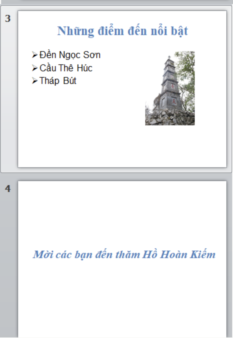 KHỞI ĐỘNGKhi thầy cô giáo trình chiếu bài học, đôi khi em thấy các trang chiếu được xuất hiện một cách ấn tượng và hấp dẫn. Làm thế nào để được như vậy nhỉ?Giải chi tiết:Thầy cô sử dụng hiệu ứng chuyển trang. 1. TẠO HIỆU ỨNG CHUYỂN TRANGEm hãy quan sát thầy cô trình chiếu và nhận xét về cách chuyển tiếp giữa các trang chiếu.Giải chi tiết:Cách chuyển tiếp giữa các trang chiếu hấp dẫn, sinh động. Câu hỏi: Mỗi phát biểu dưới đây đúng hay sai?a) Mỗi trang chiếu có thể có nhiều kiểu hiệu ứng chuyển trang.b) Trong một bài trình chiếu có thể có nhiều hiệu ứng chuyển trang khác nhau.c) Hiệu ứng chuyển trang giúp cho bài thuyết trình sinh động và hấp dẫn hơn.Giải chi tiết:a) Sai.b) Đúng.c) Đúng. 2.  THỰC HÀNH TẠO HIỆU ỨNG CHUYỂN TRANGCâu hỏi: Hãy mở tệp Canh dep que huong đã lưu ở Bai 8 và thêm các hiệu ứng chuyển trang theo những yêu cầu sau và lưu lại tệp trình chiếu.Giải chi tiết:Bước 1: Khởi động phần mềm trình chiếu.Bước 2: Chọn lệnh Open trong bảng chọn File. Cửa sổ Open hiện ra, chọn tệp Canh dep que huong trong thư mục tên của em.Bước 3: Chọn hiệu ứng chuyển trangLưu ý: Một số hiệu ứng sẽ không xuất hiện sẵn trên dải lệnh Transitions, hãy nháy chuột vào nút  để xuất hiện danh sách hiệu ứng và chọn hiệu ứng thích hợp.Thực hiện tương tự để tạo hiệu ứng chuyển trang với các trang chiếu còn lại.Bước 4: Nhấn phím F5 (hoặc nháy chuột vào nút lệnh  ) để trình chiếu và xem các hiệu ứng chuyển trang.Bước 5: Nháy chuột vào nút lệnh  để lưu tệp. LUYỆN TẬPCâu 1: Các nút lệnh của hiệu ứng chuyển trang nằm trên dải lệnh nào?A. Design        B. Animations        C. Home        D. TransitionsGiải chi tiết:D. Transitions Câu 2: Em hãy thực hành các nhiệm vụ sau:a) Tạo bốn trang chiếu theo gợi ý sau để giới thiệu Hồ Hoàn Kiếm:b) Tạo hiệu ứng cho các trang chiếu theo yêu cầu sau:c) Lưu tệp với tên Ho Hoan Kiem vào thư mục tên của em đã tạo ở Bài 5.Giải chi tiết:a) b) c) Nháy chuột vào nút lệnh  để lưu tệp VẬN DỤNG