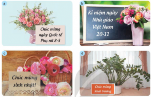 1. TRANG TRÍ CẢNH QUANKhám phá: Hãy quan sát Hình 1 và cho biết hoa, cây cảnh được trang trí ở những nơi nào bằng những cách sử dụng các thẻ gợi ý dưới đâyGiải chi tiết:Cây cảnh được trang trí ở những nơi như:Trường học.Công viên.Đường phố.Văn phòng. Thực hành: Hãy chia sẻ với bạn về những nơi được trang trí bằng hoa, cây cảnh mà em biết.Giải chi tiết:Những nơi được trang trí bằng hoa, cây cảnh mà em biết làTrung tâm thương mại.Nhà ở.Sân vườn. Ý tưởng sáng tạo: Hãy suy nghĩ và chia sẻ với các bạn ý tưởng dùng hoa, cây cảnh để trang trí trong căn phòng hoặc ngôi nhà em đang ở.Giải chi tiết:Đặt hoa vào chai hoặc lọ và treo chúng bằng dây trên tường.Trồng những bụi cây phỉ thúy trước hiên nhà.Sử dụng những loại cây cung cấp oxi để trong phòng ngủ. 2. LÀM SẠCH KHÔNG KHÍKhám phá: Em hãy sử dụng các thẻ dưới đây để gọi tên các loại hoa, cây cảnh có khả năng làm sạch không khí trong Hình 2.Giải chi tiết:Tên các loại hoa, cây cảnh có khả năng làm sạch không khí làCây kim tiền.Cây ngọc ngân.Cây nha đam.Cây lan ý.Cây lưỡi hổ.Cây vạn niên thanh. Thực hành: Kể thêm một số loại hoa, cây cảnh có khả năng làm sạch không khí mà em biết.Giải chi tiết:Một số loại hoa, cây cảnh có khả năng làm sạch không khí là:Hoa nhài.Cây dên nhện.Cây hương thảo.Cây thường xuân.Hoa oải hương.Cây trầu bà.Hoa đỗ quyên. Ý tưởng sáng tạo: Thảo luận với bạn và đề xuất ý tưởng trồng một loại hoa, cây cảnh có khả năng làm sạch không khí trong khuôn viên trường học của em.Giải chi tiết:Cây tòng lá đốm - Cây trồng bồn hoa trường học giúp thanh lọc không khíLá của loài cây này có màu sắc bắt mắt và sặc sỡ nên chúng rất được ưa chuộng làm cây cảnh quan trang trí. Với đặc điểm này chúng giúp tạo nên một không gian thêm tươi sáng và sống động.Cây cô tòng phát triển tốt nhất ở nơi thoáng mát đất có đủ độ ẩm. Cây được trồng nơi có nhiều ánh nắng hoặc bán phần thì sẽ càng xanh tốt. Ngoài ra theo như khoa học cây Cô tòng còn có khả năng đào thải và lọc được khí độc hại, làm sạch không khí xung quanh chúng. 3. CUNG CẤP OXYGEN (O2) CHO CON NGƯỜIKhám phá:Câu 1. Quan sát Hình 3 và tìm từ hoặc cụm từ thích hợp thay cho các số trong các câu:Hoạt động quang hợp của hoa, cây cảnh đã lấy khí (1) từ không khí và tạo ra khí (2).Hoạt động hô hấp (hít thở) của con người đã lấy khí (3) từ không khí và thải ra khí (4).Giải chi tiết: (1) carbon dioxie (CO2)  (2) oxygen (O2)(3) oxygen (O2)(4) carbon dioxie (CO2) Câu 2. Hình 3 thể hiện vai trò gì của hoa, cây cảnh đối với con người?Giải chi tiết:Vai trò của hoa, cây cảnh đối với con người là: Khi cây quang hợp sẽ lấy khí carbon dioxide (CO2) từ không khí và tạo ra oxygen cung cấp hoạt động hô hấp của con người. 4. THỂ HIỆN TÌNH CẢM
