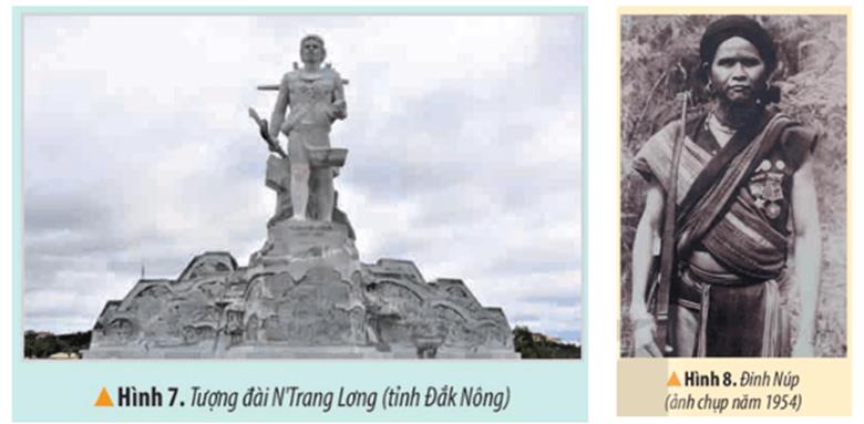 KHỞI ĐỘNGCâu hỏi: Sinh sống trên mảnh đất cao nguyên hùng vĩ, người dân Tây Nguyên đã tạo dựng được một nền văn hóa với những nét đặc sắc riêng. Hãy giới thiệu về một nét văn hóa hoặc một nhân vật lịch sử vùng Tây Nguyên mà em biết.Giải chi tiết:Nhân vật Lịch sử:Đinh Núp (1914 -1999), sinh ngày 2 tháng 5 năm 1914 (Giáp Dần) tại làng Stơr, xã Tơ Tung, huyện KBang, tỉnh Gia Lai, người dân tộc Bahnar, là một nhân vật lịch sử Việt Nam.Từ khi đặt chân lên mảnh đất Tây Nguyên, thực dân Pháp vẫn sử dụng chính sách cai trị hà khắc, tàn độc áp đặt lên vùng đồng bào các dân tộc, từ lâu vốn đã rất nghèo khó. Với tinh thần căm thù giặc sâu sắc, năm 1935 Đinh Núp tham gia cách mạng, cũng trong năm đó, trong một lần quân Pháp về làng bắt phu, dân làng lánh hết vào rừng, một mình ông ở lại dùng nỏ bắn Pháp chảy máu để chứng minh với dân làng rằng Pháp cũng là người, có thể chống lại được. Ông đã từng trốn vào rừng dùng vũ khí tự tạo (nỏ) bắn chết một tên lính Pháp. Tại làng Stơr với cương vị là Thôn đội trưởng, ông đã phát động và lãnh đạo bà con dân làng đứng lên đánh Pháp, mô hình “làng kháng chiến” trên chiến trường Gia Lai ra đời từ đấy. Trong giai đoạn 1945 – 1954, dưới sự lãnh đạo của Đảng và tinh thần chiến đấu ngoan cường của đồng bào các dân tộc Tây Nguyên hệ thống mô hình làng kháng chiến ngày càng lớn mạnh.KHÁM PHÁ1. MỘT SỐ NÉT VĂN HÓA CỦA ĐỒNG BÀO TÂY NGUYÊNCâu hỏi: Đọc thông tin và quan sát các hình từ 1 đến 6, em hãy mô tả những nét chính về văn hóa đồng bào Tây Nguyên.Giải chi tiết:Đồng bào Tây Nguyên thường ở trong ngôi nhà sàn làm bằng tre, gỗ, lá. Trang phục truyền thống được may bằng vải thổ cẩm, trang trí hoa văn đặc sắc.2. TRUYỀN THỐNG YÊU NƯỚC VÀ CÁCH MẠNG CỦA ĐỒNG BÀO VÙNG TÂY NGUYÊNĐọc thông tin và quan sát các hình 7, 8,em hãy cho biết:Câu 1: Phong trào yêu nước và cách mạng của đồng bào vùng Tây Nguyên có điểm gì nổi bật?Giải chi tiết:Tây Nguyên là vùng đất giàu truyền thống yêu nước, chống giặc ngoại xâm với nhiều cuộc đấu tranh tiêu biểu dưới sự lãnh đạo của Đinh Nuos, N Trang LơngCâu 2: Kể lại một câu chuyện lịch sử về truyền thóng yêu nước và cách mạng của đồng bào Tây Nguyên.Giải chi tiết:Câu chuyện lịch sử: N’Trang Lơng tên thật là Lơng, sinh năm 1870, tại làng Bu par, dưới chân núi Drônh, thuộc khu vực suối Đăk nha phía tây bắc cao nguyên M’nông, lớn lên ông cư trú và là tù trưởng của làng Bu N’Trang, nay thuộc địa bàn xã Đắk R’tíh, huyện Tuy Đức, tỉnh Đăk nông.Sau khi hoàn thành việc đặt ách đô hộ lên Việt nam, năm 1890 những đoàn quân của thực dân Pháp kéo lên Tây nguyên nhằm hoàn thành ý đồ xâm lược của chúng. Nhiều tù trưởng nhanh chóng đầu hàng, nhưng N’Trang Lơng không chịu khuất phục sự thống trị bạo tàn của thực dân Pháp; ông đã kêu gọi, lãnh đạo các bộ tộc M’nông, Xtiêng cũng như người dân trong vùng nổi dậy chống lại giặc Pháp; căn cứ địa kháng chiến được xây dựng tại thung lũng rừng già Bu Siết giáp ranh với Bu N’Drung thượng nguồn suối Bu Ksô thuộc núi Nâm nung.Cuộc khởi nghĩa do N’Trang Lơng lãnh đạo kéo dài từ 1912 đến 1936, đã đánh bại nhiều cuộc tấn công, quét sạch các đồn bốt, phản công bất ngờ hệ thống đồn địch, giải phóng một vùng rộng lớn cao nguyên M Nông. Chiến công mang tính lịch sử và thành công cao là trận nghi binh tiêu diệt chỉ huy Henri Maitre tại đồn Bu Nôrp diễn ra vào tháng 7 năm 1914. Năm 1935, do sự chỉ điểm của kẻ phản bội M’Pông Phê, giặc Pháp đã bao vây, tấn công bất ngờ vào Bu Par, ông bị bắt và bị chúng giết hại vào ngày 23-5-1935.LUYỆN TẬPCâu 1: Lập bảng hoặc vẽ sơ đồ tư duy về một số nét văn hóa tiêu biểu của đồng bào Tây Nguyên.Giải chi tiết:Một số nét văn hoá tiêu biểuMô tảNhà ởNhà sàn được làm bằng lá, gỗ, tre,..Trang phụcNam mặc khố cởi trần, nữ mặc váy tấm, áo chui đầu, được dệt bằng thổ cẩm với nhiều màu sắc sặc sỡ. Câu 2: Tinh thần yêu nước của đồng bào Tây Nguyên được thể hiện qua những hành động nào của các nhân vật lịch sử N'Trang Lơng, Đinh Núp.Giải chi tiết:Tinh thần yêu nước được thể hiện qua ý chí đấu tranh kiên cường bất khuất, kiên cường, không sự kẻ địch mạnh, anh dũng đứng lên đấu tranh với kè thù, không ngại hi sinh thân mình vì tổ quốc.VẬN DỤNG