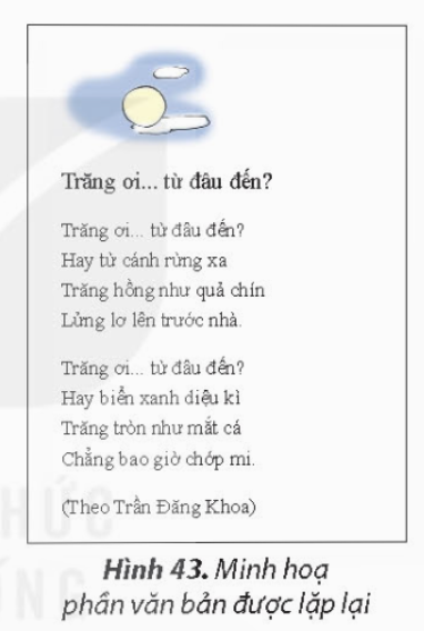 KHỞI ĐỘNGEm hãy đọc và quan sát hai khổ thơ trong Hình 43. Câu thơ nào được lặp lại nhiều lần? Theo em, trong phần mềm soạn thảo văn bản, có cách nào để soạn thảo các phần văn bản giống nhau mà không phải gõ nhiều lần?Giải chi tiết:Câu thơ Trăng ơi... từ đâu đến? được lặp lại nhiều lần. Để soạn thảo các phần văn bản giống nhau, sao chép và di chuyển phần văn bản. 1. SAO CHÉP, DI CHUYỂN MỘT PHẦN VĂN BẢNHãy ghép mỗi thao tác ở cột A với một mô tả ở cột B cho phù hợp.Giải chi tiết:Nối 1 - b, 2 - c, 3 - a. 2. THỰC HÀNH MỘT SỐ THAO TÁC CƠ BẢNCâu hỏi: Em thực hiện các yêu cầu sau:a) Mở tệp Bai1 trong thư mục tên của em đã tạo ở phần Luyện tập của Bài 10.b) Sao chép văn bản, gõ thêm câu thơ, di chuyển văn bản để được kết quả như minh họa trong Hình 43.c) Chèn hình ảnh phù hợp vào văn bản. Lưu tệp với tên mới là Bai2.Giải chi tiết:a) Mở tệp Bai1Bước 1: Khởi động phần mềm soạn thảo văn bản Word.Bước 2: Chọn lệnh Open trong bảng chọn File. Cửa sổ Open mở ra. Thực hiện lần lượt các thao tác tương tự như sau để mở tệp Bai1b) Sao chép văn bản, gõ thêm câu thơ, di chuyển văn bảnBước 1: Em hãy thực hiện các thao tác sau để sao chép câu Trăng ơi... từ đâu đến? cho khổ thơ thứ hai của bài thơ.Bước 2: Gõ tiếp ba dòng cuối của khổ thơ thứ hai.Bước 3: Di chuyển cụm từ (Theo Trần Đăng Khoa) xuống cuối khổ thơ thứ hai. Thực hiện tương tự như bước 1, nhưng thay nút lệnh Copy bằng nút lệnh Cut ở thao tác 2.c) Chèn hình ảnh phù hợp vào văn bản và lưu tệp với tên mới là Bai2.Bước 1: Đặt con trỏ soạn thảo vào vị trí cuối cùng (Theo Trần Đăng Khoa) và nhấn phím Enter.Bước 2: Chọn nút lệnh Picture trong dải lệnh Insert. Cửa sổ Insert Picture mở ra. Thực hiện thao tác sau để chèn ảnh minh họa.Kết quả văn bản được minh họa như Hình 49.Lưu ý: Thay đổi kích thước hình ảnh thực hiện tương tự như trong phần mềm trình chiếu.Bước 3: Chọn lệnh Save as trong bảng chọn File. Cửa sổ Save as xuất hiện, em thực hiện các thao tác sau để lưu với tên mới là Bai2: LUYỆN TẬPCâu 1: Em hãy ghép mỗi biểu tượng ở cột A với ý nghĩa của chúng ở cột B cho phù hợp.Giải chi tiết:Nối 1 - c, 2 - b, 3 - d, 4 - a. Câu 2: Em hãy quan sát ba khổ thơ sau:Ai trồng câyNgười đó có bóng mátTrong vòm câyQuên nắng xa đường dài. Ai trồng câyNgười đó có hạnh phúcMong chờ câyMau lớn lên từng ngày. Ai trồng cây ...Em trồng cây...Em trồng cây...(Theo Bế Kiến Quốc)a) Những từ nào lặp lại nhiều lần? Em dùng cách nào để không phải gõ lại những từ này?b) Hãy gõ những khổ thơ trên vào phần mềm soạn thảo văn bản.c) Hãy chèn hình ảnh minh họa cho bài thơ.d) Hãy lưu tệp văn bản với tên Bai3 vào thư mục tên của em.Giải chi tiết:a) Cụm từ Ai trồng cây, Em trồng cây được lặp lại nhiều lần. Dùng sao chép và di chuyển để không phải gõ lại nhiều lần.Bước 2: Nháy chuột vào vùng soạn thảo và soạn thảo đoạn vănb) c) Bước 3: Chọn lệnh Save trong bản chọn File, cửa sổ Save as hiện ra.Câu 3: Em hãy nêu khác nhau của hai thao tác sao chép và di chuyển đối với phần văn bản được chọnGiải chi tiết:Lệnh di chuyển: dùng để di chuyển phần văn bản được chọn đến vị trí khác, không còn ở vị trí ban đầu. Lệnh sao chép: dùng để sao chép đoạn văn bản ở nhiều nơi khác nhau nhưng vẫn giữ vị trí ban đầu. VẬN DỤNG