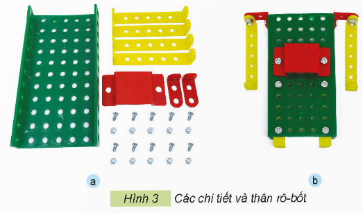 1. TÌM HIỂU SẢN PHẨM MẪUKhám phá: Em hãy quan sát mô hình robot trong Hình 1, nêu các bộ phận chính và số lượng các chi tiết của mô hình robot.Yêu cầu sản phẩm: đủ các bộ phận, mối ghép đúng vị trí và chắc chắn, chân robot chuyển động được.Giải chi tiết:- Bộ phận chính mô hình robot là: đầu robot, thân robot và chân robot.- Số lượng chi tiết:Đầu robot: 17 chi tiết.Thân robot: 28 chi tiết.Chân robot: 11 chi tiết. 2. CHI TIẾT VÀ DỤNG CỤKhám phá: Em hãy lựa chọn các dụng cụ và chi tiết phù hợp với số lượng cần thiết trong bộ lắp ghép mô hình kĩ thuật để lắp ghép mô hình robot trên.Giải chi tiết:Dụng cụ và chi tiếtSố lượngThanh chữ U dài5Tấm 3 lỗ1Bánh đai2Thanh thẳng 5 lỗ3Bộ vít ngắn17Bộ vít dài2Tấm lớn1Thanh chữ L dài1Tấm hai lỗ1Bánh xe4Trục thẳng dài2Tấm nhỏ1Vòng hãm8 3. THỰC HÀNHThực hành: Em hãy lắp ghép mô hình robot theo các bước dưới đây.Bước 1. Lắp đầu robotDùng một thanh chữ U dài, một tấm 3 lỗ, hai bánh đai, ba thanh thẳng 5 lỗ, ba bộ vít ngắn, hai bộ vít dài và đai ốc để lắp đầu robot như Hình 2.Bước 2. Lắp thân robotDùng tấm lớn, bốn thanh chữ U dài, hai thanh chữ L dài, một tấm 2 lỗ, mười bộ vít ngắn và đai ốc để lắp thân robot như Hình 3.Bước 3. Lắp chân robotDùng bốn bánh xe, hai trục thẳng dài, một tấm nhỏ và tám vòng hãm để lắp chân robot như Hình 4.Bước 4. Hoàn thiện mô hình- Dùng bốn bộ vít ngắn và đai ốc lắp ghép các bộ phận để hoàn thiện mô hình robot như Hình 5.Lưu ý: Sử dụng dụng cụ lắp ghép đúng cách và an toàn. Em hãy lắp ghép mô hình robot theo các bước dưới đâyEm hãy lắp ghép mô hình robot theo các bước dưới đâyGiải chi tiết:Học sinh tự thực hành. 4. GIỚI THIỆU SẢN PHẨM