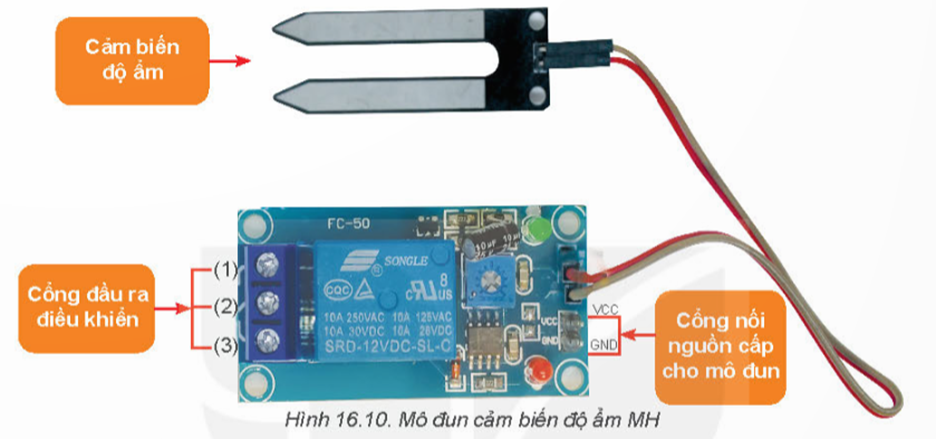 I. SƠ ĐỒ KHỐI MẠCH ĐIỀU KHIỂN SỬ DỤNG MÔ ĐUN CẢM BIẾNKHÁM PHÁ 1: Quan sát Hình 16.2 và cho biết một mạch điều khiển sử dụng mô đun cảm biến có những thành phần chính nào?Giải chi tiết:Một mạch điều khiển sử dụng mô đun cảm biến có những thành phần chính: mô đun cảm biến, đối tượng điều khiển và nguồn điện. II. LẮP RÁP MẠCH ĐIỆN ĐIỀU KHIỂN SỬ DỤNG MÔ ĐUN CẢM BIẾNKHÁM PHÁ 2: Quan sát Hình 16.4 và xác định vị trí cổng đầu vào nguồn cấp và cổng đầu ra điều khiển của mô đun cảm biến ánh sáng.Giải chi tiết:- Cổng đầu ra điều khiển:+ Tiếp điểm thường mở (1)+ Đầu nối chung (2)+ Tiếp điểm thường đóng (3)- Cổng nối nguồn cấp cho mô đun:+ Đầu nối GND nối với cực (-) của nguồn.+ Đầu nối VCC để nối với cực (+) của nguồn. KHÁM PHÁ 3: Quan sát Hình 16.6 và nêu tên các thành phần chính của mạch điện điều khiển đèn LED sử dụng mô đun cảm biến ánh sáng?Giải chi tiết:Các thành phần chính:- Nguồn điện: ắc quy- Mô đun cảm biến ánh sáng- Đối tượng điều khiển: đèn led KHÁM PHÁ 4: Quan sát Hình 16.7, xác định vị trí cổng đầu vào nguồn cấp và cổng đầu ra điều khiển của mô đun cảm biến nhiệt độ.Giải chi tiết:- Cổng đầu ra điều khiển:+ Tiếp điểm K0+ Tiếp điểm K1- Cổng nối nguồn cấp cho mô đun:+ Đầu nối GND để nối với cực (- ) của nguồn+ Đầu nối + 12V để nối với cực (+) của nguồn KHÁM PHÁ 5: Quan sát Hình 16.9 và nêu tên các thành phần chính của mạch điện điều khiển quạt điện sử dụng mô đun cảm biến nhiệt độ.Giải chi tiết:- Nguồn điện: ắc quy- Mô đun cảm biến nhiệt độ- Đối tượng điều khiển: quạt KHÁM PHÁ 6: Quan sát Hình 16.10 và xác định vị trí cổng đầu vào nguồn cấp và cổng đầu ra điều khiển mô đun cảm biến độ ẩm.Giải chi tiết:- Cổng đầu ra điều khiển:+ Tiếp điểm thường mở (1)+ Đầu nối chung (2)+ Tiếp điểm thường đóng (3)- Cổng nối nguồn cấp cho mô đun:+ Đầu nối GND nối với cực (-) của nguồn.+ Đầu nối VCC để nối với cực (+) của nguồn. KHÁM PHÁ 7: Quan sát Hình 16.11 và nêu tên các thành phần chính của mạch điện điều khiển máy bơm sử dụng mô đun cảm biến độ ẩm.Giải chi tiết:- Nguồn điện: ắc quy- Mô đun cảm biến độ ẩm- Đối tượn điều khiển: máy bơm VẬN DỤNG