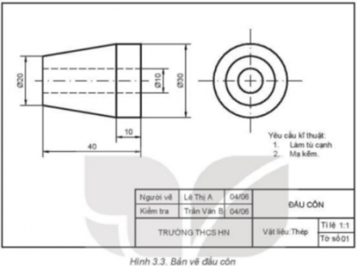 I. NỘI DUNG CỦA BẢN VẼ CHI TIẾTKhám phá: Quan sát Hình 3.3 và cho biết tên gọi của chi tiết được biểu diễn trong hình là gì; hãy mô tả hình dạng, kích thước và các yêu cầu kĩ thuật của chi tiết đó.Giải chi tiết:- Tên gọi chi tiết: đầu côn- Hình dạng: nón cụt- Kích thước:+ Đường kính vòng ngoài: Ø30 mm+ Đường kính vòng trong: Ø20 mm+ Đường kính khoét: Ø10 mm+ Chiều cao: 40 mm+ Độ dày đáy: 10 mm- Yêu cầu kĩ thuật: làm tù cạnh, mạ kẽm. II. ĐỌC BẢN VẼ CHI TIẾTTHỰC HÀNH 