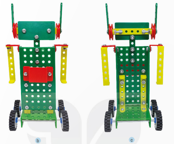 1. TÌM HIỂU SẢN PHẨM MẪUKhám phá: Em hãy quan sát mô hình robot trong Hình 1, nêu các bộ phận chính và số lượng các chi tiết của mô hình robot.Yêu cầu sản phẩm: đủ các bộ phận, mối ghép đúng vị trí và chắc chắn, chân robot chuyển động được.Giải chi tiết:- Bộ phận chính mô hình robot là: đầu robot, thân robot và chân robot.- Số lượng chi tiết:Đầu robot: 17 chi tiết.Thân robot: 28 chi tiết.Chân robot: 11 chi tiết. 2. CHI TIẾT VÀ DỤNG CỤKhám phá: Em hãy lựa chọn các dụng cụ và chi tiết phù hợp với số lượng cần thiết trong bộ lắp ghép mô hình kĩ thuật để lắp ghép mô hình robot trên.Giải chi tiết:Dụng cụ và chi tiếtSố lượngThanh chữ U dài5Tấm 3 lỗ1Bánh đai2Thanh thẳng 5 lỗ3Bộ vít ngắn17Bộ vít dài2Tấm lớn1Thanh chữ L dài1Tấm hai lỗ1Bánh xe4Trục thẳng dài2Tấm nhỏ1Vòng hãm8 3. THỰC HÀNHThực hành: Em hãy lắp ghép mô hình robot theo các bước dưới đây.Bước 1. Lắp đầu robotDùng một thanh chữ U dài, một tấm 3 lỗ, hai bánh đai, ba thanh thẳng 5 lỗ, ba bộ vít ngắn, hai bộ vít dài và đai ốc để lắp đầu robot như Hình 2.Bước 2. Lắp thân robotDùng tấm lớn, bốn thanh chữ U dài, hai thanh chữ L dài, một tấm 2 lỗ, mười bộ vít ngắn và đai ốc để lắp thân robot như Hình 3.Bước 3. Lắp chân robotDùng bốn bánh xe, hai trục thẳng dài, một tấm nhỏ và tám vòng hãm để lắp chân robot như Hình 4.Bước 4. Hoàn thiện mô hình- Dùng bốn bộ vít ngắn và đai ốc lắp ghép các bộ phận để hoàn thiện mô hình robot như Hình 5.Lưu ý: Sử dụng dụng cụ lắp ghép đúng cách và an toàn. Em hãy lắp ghép mô hình robot theo các bước dưới đâyEm hãy lắp ghép mô hình robot theo các bước dưới đâyGiải chi tiết:Học sinh tự thực hành. 4. GIỚI THIỆU SẢN PHẨM