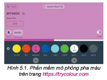 1. PHẦN MỀM MÔ PHỎNGHoạt động 1: Pha màuTrong thực tế, khi pha màu, em chỉ có thể thay đổi tỉ lệ ( giữa các màu) trong hỗn hợp màu đã pha bằng cách trộn thêm màu. Việc bổ sung nhiều màu có thể dẫn đến hỗn hợp màu xỉn đục và không dùng được nữa. Điều đó xảy ra nhiều lần, khiến em mất nhiều thời gian và giảm hứng thú đối với việc pha màuPhần mềm mô phỏng màu (Hình 5.1) cho phép em chọn màu, tăng tỉ lệ các màu và giúp em nhìn thấy màu kết quả được tạo ra trên màn hình. Em hãy cho biết việc sử dụng phần mềm mô phỏng pha màu để tập pha màu và tìm hiểu về màu sắc có những lợi ích gì?Giải chi tiết:Việc sử dụng phần mềm mô phỏng pha màu để tập pha màu và tìm hiểu về màu sắc có những lợi ích sau:- Tiết kiệm vật liệu, thời gian.- Giúp kiểm soát chính các tỉ lệ màu- Có khả năng dự đoán trước kết quả- Học tập và tăng cường các kiến thức về màu sắcCâu hỏi: Em hãy kể tên một phần mềm mô phỏng mà em biết. Phần mềm đó mô phỏng hoạt động của đối tượng nào?Giải chi tiết:Phần mềm mô phỏng mà em biết: PhETPhần mềm đó mô phỏng các hoạt động toán học và khoa học2. LỢI ÍCH CỦA PHẦN MỀM MÔ PHỎNGHoạt động 2: Lợi ích của phần mềm mô phỏngPhần mềm mô phỏng pha màu có những lợi ích gì trong tìm hiểu và tập pha trộn màu theo cách thông thường?Giải chi tiết:- Tiết kiệm tài nguyên- Tính chính xác- Xem trước kết quả- Tìm hiểu sự tương tác màu sắc- Khả năng hủy bỏ và điều chỉnhCâu hỏi: Em hãy cho biết lợi ích của phần mềm mô phỏng mà em đã kể tên ở phần Câu hỏi của Mục 1.Giải chi tiết:- Dễ thao tác- Mô tả chính xácLUYỆN TẬPEm hãy tìm một phần mềm mô phỏng hỗ trợ học tập và trả lời các câu hỏi sau:a. Phần mềm đó mô phỏng hoạt động nào?b. Phần mềm đó giúp em làm gì?c. Phần mềm đó có những lợi ích gì?Giải chi tiết:Phần mềm mô phỏng hỗ trợ học tập PhETa. Phần mềm đó mô phỏng các hoạt động khoa học và toán học trong nhiều lĩnh vực khác nhau. Các mô phỏng của PhET bao gồm các chủ đề như vật lý, hóa học, toán học, sinh học, và nhiều lĩnh vực khác.b. Phần mềm này giúp em hiểu và tìm hiểu các khái niệm khoa học và toán học thông qua tương tác với mô phỏng sống đông. Em có thể thực hiện các thí nghiệm ảo, điều chỉnh các tham số, quan sát kết quả và khám phá các mối quan hệ giữa các yếu tố khác nhau. Cung cấp môi trường học tập tương tác và thú vị, giúp em ghi nhớ và áp dụng kiến thức một cách hiệu quả.c. Phần mềm này có nhiều lợi ích quan trọng trong quá trình học tập:- Tăng cường sự hiểu biết- Thúc đẩy khả năng học tập tự chủ- Khám phá thực tế ảo- Hỗ trợ học tập đa dạngVẬN DỤNG