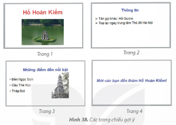KHỞI ĐỘNGKhi thầy cô giáo trình chiếu bài học, đôi khi em thấy các trang chiếu được xuất hiện một cách ấn tượng và hấp dẫn. Làm thế nào để được như vậy nhỉ?Giải chi tiết:Thầy cô sử dụng hiệu ứng chuyển trang. 1. TẠO HIỆU ỨNG CHUYỂN TRANGEm hãy quan sát thầy cô trình chiếu và nhận xét về cách chuyển tiếp giữa các trang chiếu.Giải chi tiết:Cách chuyển tiếp giữa các trang chiếu hấp dẫn, sinh động. Câu hỏi: Mỗi phát biểu dưới đây đúng hay sai?a) Mỗi trang chiếu có thể có nhiều kiểu hiệu ứng chuyển trang.b) Trong một bài trình chiếu có thể có nhiều hiệu ứng chuyển trang khác nhau.c) Hiệu ứng chuyển trang giúp cho bài thuyết trình sinh động và hấp dẫn hơn.Giải chi tiết:a) Sai.b) Đúng.c) Đúng. 2.  THỰC HÀNH TẠO HIỆU ỨNG CHUYỂN TRANGCâu hỏi: Hãy mở tệp Canh dep que huong đã lưu ở Bai 8 và thêm các hiệu ứng chuyển trang theo những yêu cầu sau và lưu lại tệp trình chiếu.Giải chi tiết:Bước 1: Khởi động phần mềm trình chiếu.Bước 2: Chọn lệnh Open trong bảng chọn File. Cửa sổ Open hiện ra, chọn tệp Canh dep que huong trong thư mục tên của em.Bước 3: Chọn hiệu ứng chuyển trangLưu ý: Một số hiệu ứng sẽ không xuất hiện sẵn trên dải lệnh Transitions, hãy nháy chuột vào nút  để xuất hiện danh sách hiệu ứng và chọn hiệu ứng thích hợp.Thực hiện tương tự để tạo hiệu ứng chuyển trang với các trang chiếu còn lại.Bước 4: Nhấn phím F5 (hoặc nháy chuột vào nút lệnh  ) để trình chiếu và xem các hiệu ứng chuyển trang.Bước 5: Nháy chuột vào nút lệnh  để lưu tệp. LUYỆN TẬPCâu 1: Các nút lệnh của hiệu ứng chuyển trang nằm trên dải lệnh nào?A. Design        B. Animations        C. Home        D. TransitionsGiải chi tiết:D. Transitions Câu 2: Em hãy thực hành các nhiệm vụ sau:a) Tạo bốn trang chiếu theo gợi ý sau để giới thiệu Hồ Hoàn Kiếm:b) Tạo hiệu ứng cho các trang chiếu theo yêu cầu sau:c) Lưu tệp với tên Ho Hoan Kiem vào thư mục tên của em đã tạo ở Bài 5.Giải chi tiết:a) b) c) Nháy chuột vào nút lệnh  để lưu tệp VẬN DỤNG