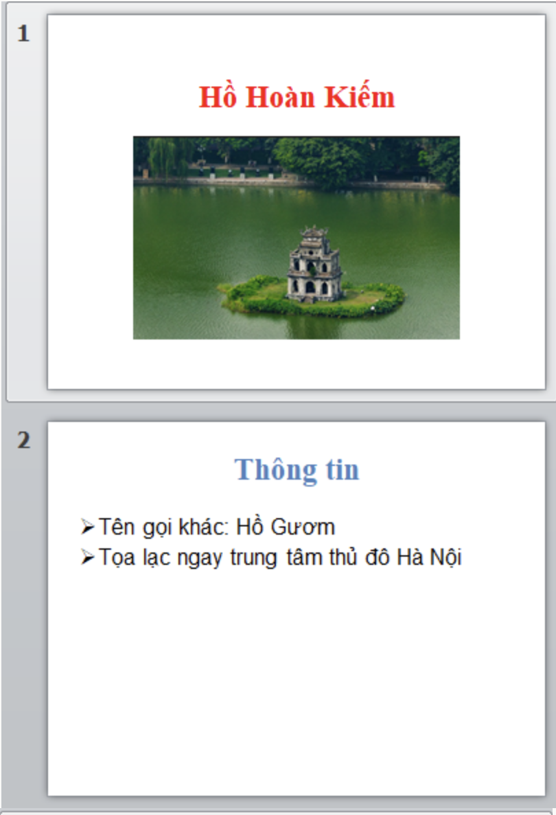 KHỞI ĐỘNGKhi thầy cô giáo trình chiếu bài học, đôi khi em thấy các trang chiếu được xuất hiện một cách ấn tượng và hấp dẫn. Làm thế nào để được như vậy nhỉ?Giải chi tiết:Thầy cô sử dụng hiệu ứng chuyển trang. 1. TẠO HIỆU ỨNG CHUYỂN TRANGEm hãy quan sát thầy cô trình chiếu và nhận xét về cách chuyển tiếp giữa các trang chiếu.Giải chi tiết:Cách chuyển tiếp giữa các trang chiếu hấp dẫn, sinh động. Câu hỏi: Mỗi phát biểu dưới đây đúng hay sai?a) Mỗi trang chiếu có thể có nhiều kiểu hiệu ứng chuyển trang.b) Trong một bài trình chiếu có thể có nhiều hiệu ứng chuyển trang khác nhau.c) Hiệu ứng chuyển trang giúp cho bài thuyết trình sinh động và hấp dẫn hơn.Giải chi tiết:a) Sai.b) Đúng.c) Đúng. 2.  THỰC HÀNH TẠO HIỆU ỨNG CHUYỂN TRANGCâu hỏi: Hãy mở tệp Canh dep que huong đã lưu ở Bai 8 và thêm các hiệu ứng chuyển trang theo những yêu cầu sau và lưu lại tệp trình chiếu.Giải chi tiết:Bước 1: Khởi động phần mềm trình chiếu.Bước 2: Chọn lệnh Open trong bảng chọn File. Cửa sổ Open hiện ra, chọn tệp Canh dep que huong trong thư mục tên của em.Bước 3: Chọn hiệu ứng chuyển trangLưu ý: Một số hiệu ứng sẽ không xuất hiện sẵn trên dải lệnh Transitions, hãy nháy chuột vào nút  để xuất hiện danh sách hiệu ứng và chọn hiệu ứng thích hợp.Thực hiện tương tự để tạo hiệu ứng chuyển trang với các trang chiếu còn lại.Bước 4: Nhấn phím F5 (hoặc nháy chuột vào nút lệnh  ) để trình chiếu và xem các hiệu ứng chuyển trang.Bước 5: Nháy chuột vào nút lệnh  để lưu tệp. LUYỆN TẬPCâu 1: Các nút lệnh của hiệu ứng chuyển trang nằm trên dải lệnh nào?A. Design        B. Animations        C. Home        D. TransitionsGiải chi tiết:D. Transitions Câu 2: Em hãy thực hành các nhiệm vụ sau:a) Tạo bốn trang chiếu theo gợi ý sau để giới thiệu Hồ Hoàn Kiếm:b) Tạo hiệu ứng cho các trang chiếu theo yêu cầu sau:c) Lưu tệp với tên Ho Hoan Kiem vào thư mục tên của em đã tạo ở Bài 5.Giải chi tiết:a) b) c) Nháy chuột vào nút lệnh  để lưu tệp VẬN DỤNG