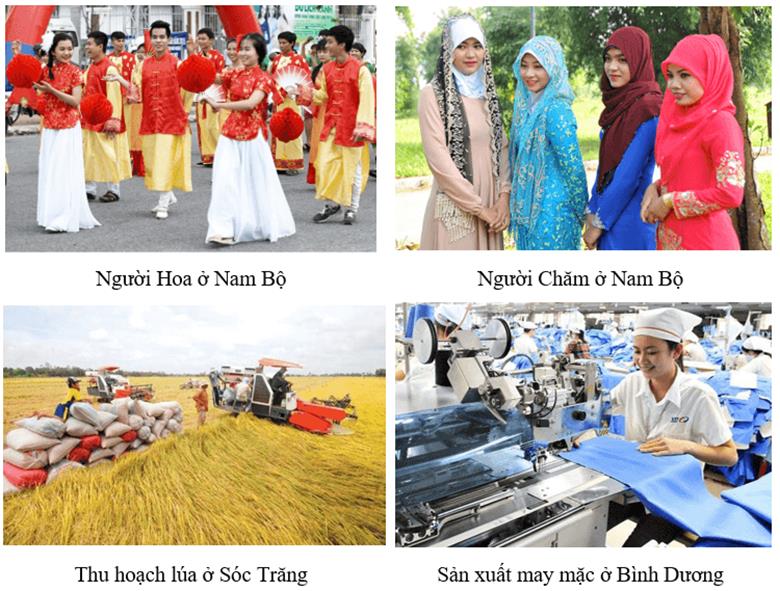 KHỞI ĐỘNGCâu hỏi: Vùng Nam Bộ có hoạt động sản xuất đa dạng. Dựa vào kiến thức đã học, em hãy cho biết vùng có thể phát triển các hoạt động sản xuất nào.Giải chi tiết:- Vùng Nam Bộ có thể phát triển các hoạt động sản xuất như:+ Nông nghiệp (trồng cây lương thực, hoa màu, cây ăn quả và cây công nghiệp).+ Đánh bắt và nuôi trồng thủy - hải sản.+ Sản xuất công nghiệp và phát triển các ngành dịch vụ (thương mại, du lịch,…).KHÁM PHÁ1. DÂN CƯCâu hỏi: Đọc thông tin, em hãy kể tên một số dân tộc ở vùng Nam Bộ.Giải chi tiết:Một số dân tộc: Kinh, Khơ me, Hoa, Chăm,..2. MỘT SỐ HOẠT ĐỘNG SẢN XUẤTa) Nông nghiệpCâu hỏi: Đọc thông tin và quan sát hình 1, em hãy kể tên và chỉ trên lược đồ một số cây trồng, vật nuôi chính ở vùng Nam Bộ.Giải chi tiết:Một số cây trồng chính như lúa, cây ăn quả( sầu riêng, xoài,..) cây công nghiệp ( cao su, hồ tiêu,..). Chăn nuôi chủ yếu là lơn, gà, vịt,… hoặc nuôi trồng tủy sản như tôm, cá.b) Công nghiệpCâu hỏi: Đọc thông tin và quan sát hình 4, em hãy kể tên và xác định sự phân bố của một số ngành công nghiệp chính ở vùng Nam Bộ.Giải chi tiết:Một số ngành công nghiệp chính: khai thác dầu khí, dệt may, hóa chất,..LUYỆN TẬPCâu hỏi: Quan sát các hình 1,4, hãy hoàn thành bảng sau vào vở:Giải chi tiết:Hoạt động sản xuấtPhân bốTrồng lúaCác tỉnh thuộc Đồng bằng sông Cửu LongTrồng cây ăn quảCác tỉnh thuộc Đồng bằng sông Cửu LongTrồng cây công nghiệpCác tỉnh Đông Nam BộKhai thác dầu khíVùng thềm lục địaDệt mayCác tỉnh thuộc Đồng bằng sông Cửu LongĐiện tử - tin họcCác tỉnh Đông Nam BộVẬN DỤNG