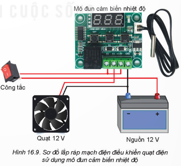 I. SƠ ĐỒ KHỐI MẠCH ĐIỀU KHIỂN SỬ DỤNG MÔ ĐUN CẢM BIẾNKHÁM PHÁ 1: Quan sát Hình 16.2 và cho biết một mạch điều khiển sử dụng mô đun cảm biến có những thành phần chính nào?Giải chi tiết:Một mạch điều khiển sử dụng mô đun cảm biến có những thành phần chính: mô đun cảm biến, đối tượng điều khiển và nguồn điện. II. LẮP RÁP MẠCH ĐIỆN ĐIỀU KHIỂN SỬ DỤNG MÔ ĐUN CẢM BIẾNKHÁM PHÁ 2: Quan sát Hình 16.4 và xác định vị trí cổng đầu vào nguồn cấp và cổng đầu ra điều khiển của mô đun cảm biến ánh sáng.Giải chi tiết:- Cổng đầu ra điều khiển:+ Tiếp điểm thường mở (1)+ Đầu nối chung (2)+ Tiếp điểm thường đóng (3)- Cổng nối nguồn cấp cho mô đun:+ Đầu nối GND nối với cực (-) của nguồn.+ Đầu nối VCC để nối với cực (+) của nguồn. KHÁM PHÁ 3: Quan sát Hình 16.6 và nêu tên các thành phần chính của mạch điện điều khiển đèn LED sử dụng mô đun cảm biến ánh sáng?Giải chi tiết:Các thành phần chính:- Nguồn điện: ắc quy- Mô đun cảm biến ánh sáng- Đối tượng điều khiển: đèn led KHÁM PHÁ 4: Quan sát Hình 16.7, xác định vị trí cổng đầu vào nguồn cấp và cổng đầu ra điều khiển của mô đun cảm biến nhiệt độ.Giải chi tiết:- Cổng đầu ra điều khiển:+ Tiếp điểm K0+ Tiếp điểm K1- Cổng nối nguồn cấp cho mô đun:+ Đầu nối GND để nối với cực (- ) của nguồn+ Đầu nối + 12V để nối với cực (+) của nguồn KHÁM PHÁ 5: Quan sát Hình 16.9 và nêu tên các thành phần chính của mạch điện điều khiển quạt điện sử dụng mô đun cảm biến nhiệt độ.Giải chi tiết:- Nguồn điện: ắc quy- Mô đun cảm biến nhiệt độ- Đối tượng điều khiển: quạt KHÁM PHÁ 6: Quan sát Hình 16.10 và xác định vị trí cổng đầu vào nguồn cấp và cổng đầu ra điều khiển mô đun cảm biến độ ẩm.Giải chi tiết:- Cổng đầu ra điều khiển:+ Tiếp điểm thường mở (1)+ Đầu nối chung (2)+ Tiếp điểm thường đóng (3)- Cổng nối nguồn cấp cho mô đun:+ Đầu nối GND nối với cực (-) của nguồn.+ Đầu nối VCC để nối với cực (+) của nguồn. KHÁM PHÁ 7: Quan sát Hình 16.11 và nêu tên các thành phần chính của mạch điện điều khiển máy bơm sử dụng mô đun cảm biến độ ẩm.Giải chi tiết:- Nguồn điện: ắc quy- Mô đun cảm biến độ ẩm- Đối tượn điều khiển: máy bơm VẬN DỤNG