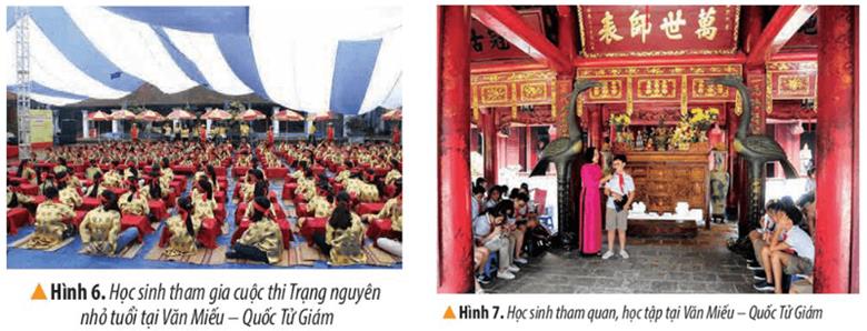 KHỞI ĐỘNGCâu hỏi: Năm 1999, Khuê Văn Các trong khu di tích Văn Miếu- Quốc Tử Giám được chọn là biểu tượng của Thủ đô Hà Nội. Chia sẻ hiểu biết của em về công trình kiến trúc nàyGiải chi tiết:Khuê Văn Các được xây dựng năm 1805, là một trong 5 cổng chia khu vực nội tự của Văn Miếu - Quốc Tử Giám thành 5 lớp không gian khác nhau. Cổng Khuê Văn Các thuộc lớp không gian thứ hai - khu Thành Đạt, nằm giữa cổng Đại Trung và Đại Thành.KHÁM PHÁ1. TÌM HIỂU VỀ VĂN MIẾU- QUỐC TỬ GIÁMCâu 1: Xác định vị trí của một số công trình kiến trúc tiêu biểu trong khu di tích Văn Miếu- Quốc Tử Giám trên sơ đồ hình 2.Giải chi tiết:Vị trí của một số công trình kiến trúc tiêu biểu: - Cổng văn miếu đượcnxây dựng phía ngoài cùng tiếp đến là Khuê Văn Các tiếp theo là các Bia tiến sĩ vào trong là khu Đại Thành và cuố cùng là Khu Thái Học nằm sâu bên trong thành - Quốc Tử Giám nằm sau Văn Miếu, là khu Thái Học gồm nhà Hậu Đường. Đây là nơi học tập của các hoàng tử, con gia đình quý tộc, quan lại và những người giỏi trong nước. Câu 2: Đọc thông tin và quan sát các hình từ 3 đến 5, em hãy:- Mô tả kiến trúc, chức năng của một trong những công trình : Văn Miếu, Quốc Tử Giám, Bia Tiến sĩ.- Nêu ý nghĩa của việc ghi danh những người đỗ Tiến sĩ ở Văn Miếu- Quốc Tử Giám.Giải chi tiết:- Bia tiến sĩ: Nơi đây ghi danh 1.307 vị Tiến sĩ của 82 khoa thi từ triều Lê (từ khoa thi 1442 đến thời Nguyễn). Bia Tiến Sĩ được chạm khắc tinh xảo bằng loại đá xanh trên lưng rùa tượng trưng cho sự biết ơn, tôn trọng tới các bậc kì tài của đất nước. Khu thứ tư trong nội tự Văn Miếu Quốc Tử Giám là là sân Đại bái. Trước đây nơi này thờ bài vị của 72 học trò xuất sắc của Khổng tử và thầy giáo nổi tiếng Chu Văn An. - Ý nghĩa của việc ghi danh những người đỗ Tiến sĩ: nhằm khuyến khích tinh thần hiếu học trong nhân dân.2. GIỮ GÌN VÀ PHÁT HUY GIÁ TRỊ CỦA VĂN MIẾU- QUỐC TỬ GIÁMCâu 1: Đọc thông tin và quan sát hình 6,7 em hãy kể tên một số hoạt động được tổ chức ở Văn Miếu- Quốc Tử Giám nhằm tôn vinh truyền thống hiếu học của dân tộc. Giải chi tiết:Một số hoạt động được tổ chức ở Văn Miếu - Quốc Tử Giám:+ Học sinh tham gia cuộc thi trạng nguyện+ Học sinh tham quan, học tập tại Văn Miếu,..Câu 2: Theo em, cần làm gì để giữ gìn và phát huy giá trị di tích Văn Miếu - Quốc Tử Giám?Giải chi tiết:Để giữ gìn và phát huy giá trị văn hóa truyền thống, cần chú trọng bảo tồn, tu bổ, tuyên truyền, quảng bá về khu di tích Văn Miếu- Quốc Tử giám.LUYỆN TẬPCâu 1: Lập và hoàn thiện bảng (theo gợi ý dưới đây) về các công trình tiêu biểu của di tích Văn Miếu - Quốc Tử Giám.Giải chi tiết:Tên công trìnhChức năngVăn MiếuNơi thờ Khổng Tử và các học trò của ôngQuốc Tử GiámNơi thờ Khổng Tử và các học trò của ôngNhà bia Tiến sĩGhi danh nhân tàiCâu 2: Đề xuất một số việc nên làm và không nên làm để góp phần gìn giữ và phát huy giá trị của Văn Miếu- Quốc Tử Giám.Giải chi tiết:Một số việc nên làm và không nên làm để góp phần gìn giữ và phát huy giá trị của Văn Miếu - Quốc Tử Giám.Nên làm: Tu dưỡng, sửa chữa bảo tồn khu di tích, tuyên truyền, quảng bá khu di tíchKhông nên làm: Vứt rác bừa bãi, phá hoải di sản,…VẬN DỤNG