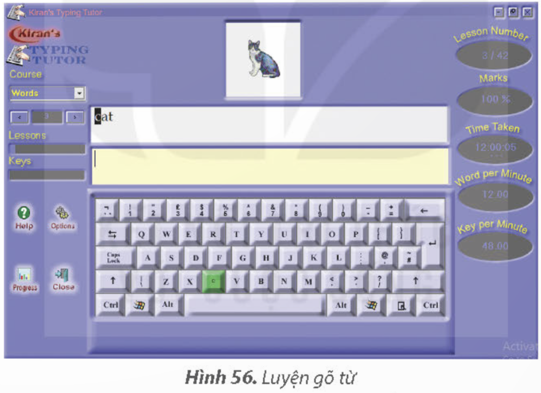 KHỞI ĐỘNGCâu 1: Luyện gõ chữ hoa với bài học Capitals.Giải chi tiết:Bước 1: Mở phần mềm Kiran s Typing Tutor. Chọn nút lệnh Kids Typing  trên màn hình chính.Bước 2: Trong mục Course, chọn bài học Capitals (chữ hoa).Bước 3: Nhấn giữ phím Shift đồng thời gõ phím chữ tương ứng chữ hoa xuất hiện trên màn hình.Ví dụ: Muốn gõ chữ K, em cần dùng ngón út của tay trái nhấn giữ phím Shift đồng thời ngón giữa của tay phải gõ phím K.Bước 4: Nháy vào nút lệnh  để về màn hình chính. Câu 2: Luyện gõ từ với bài học Words.Giải chi tiết:Bước 1: Chọn nút lệnh Kids Typing trên màn hình chính.Bước 2: Trong mục Course, chọn bài học Words.Bước 3: Luyện gõ các từ trong bài học Words. Nếu em gõ sai nhiều sẽ có thông báo sau:Khi đó em hãy nháy vào nút lệnh OK hoặc nhấn phím Enter để gõ tiếp.Bước 4: Nháy vào nút lệnh  để về màn hình chính. Câu 3: Luyện gõ 10 ngón tay các kí tự trên của hàng phím số trong mục Typing Practice. Đóng bài luyện tập và thoát khỏi phần mềm.Đáp án:Bước 1: Chọn nút lệnh Typing Practice trên màn hình chính.Bước 2: Trong mục Course, chọn bài học NumericKeys-Qwerty.Bước 3: Chọn các bài luyện tập nhỏ từ số 31 để luyện gõ các kí tự trên của hàng phím số. Khi đó, em có thể quan sát màn hình và thực hiện theo chỉ dẫn của phần mềm để gõ phím nhanh, chính xác. Lưu ý: - Với các phím có hai kí tự, muốn có kí tự trên của phím như !, @, #,... em nhấn giữ phím Shift khi gõ.- Nếu cần gõ các kí tự trên do tay phải phụ trách thì ngón út tay trái sẽ nhấn giữ phím Shift và ngược lại.Bước 4: Nháy chuột vào nút lệnh  để về màn hình chính. Nháy chuột tiếp vào nút lệnh  để thoát khỏi phần mềm. LUYỆN TẬPCâu 1: Muốn gõ chữ hoa, em sử dụng phím nào sau đây?A. Tab                           B. Shift                          C. Ctrl                           D. AltGiải chi tiết:B. Shift Câu 2: Trên bàn phím có hai phím Shift bên trái và bên phải, các phím có hai kí tự nằm ở hai khu vực nhu Hình 60.Muốn gõ các kí tự trên ở khu vực 2, em sử dụng phím Shift nào?A. Phím Shift bên trái.                                                   B. Phím Shift bên phải.Giải chi tiết:B. Phím Shift bên phải. Câu 3: Mở chương trình Kiran's Typing Tutor, chọn nút lệnh Kids Typing và chọn bài học Colours để luyện gõ các từ chỉ màu sắc.Giải chi tiết:Bước 1. Mở phần mềm Krian’s Typing Tutor. Chọn nút lệnh Kids Typing trên màn hình chínhBước 2. Trong mục Course, chọn bài học Colours.Bước 3. Gõ màu sắc tương ứng theo phần mềmBước 4. Nháy chuột vào nút lệnh Close để về màn hình chính VẬN DỤNG