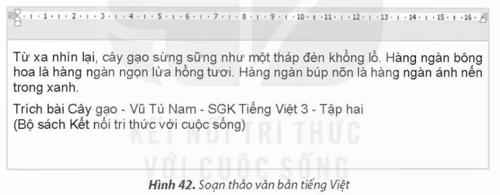 KHỞI ĐỘNGTrong những bài học trước, em đã soạn thảo văn bản tiếng Việt trong phần mềm trình chiếu. Văn bản của bài trình chiếu cần ngắn gọn, cô động,... để người nghe dễ nắm bắt thông tin. Khi em cần trình bày thông tin chi tiết hơn, chẳng hạn như làm một bài văn, viết một lá thư,... thì phần mềm trình chiếu không còn phù hợp. Vậy phần mềm nào là phù hợp?Giải chi tiết:Để trình bày thông tin thì phần mềm soạn thảo văn bản của microsoft là phù hợp nhất. 1. SOẠN THẢO VĂN BẢNEm đã soạn thảo văn bản trên máy tính khi thực hiện công việc gì? Em đã dùng phần mềm nào để tạo ra văn bản?Giải chi tiết:Em đã soạn thảo văn bản trên máy tính khi làm bài văn.Em sử dụng phần mềm Word. Câu hỏi: Chọn những câu ghép đúng. Trong phần mềm soạn thảo văn bản, em có thể:A. Gõ và chỉnh sửa văn bản.                      B. Trình bày văn bản.C. Lưu văn bản.                                           D. Khám phá thế giới tự nhiênGiải chi tiết:A. Gõ và chỉnh sửa văn bảnB. Trình bày văn bản.C. Lưu văn bản. 2.  XÓA VĂN BẢNSau khi gõ xong đoạn văn bản, em phát hiện ra một vài chỗ gõ sai, em sẽ làm gì để được văn bản đúng?Giải chi tiết:Để được văn bản đúng cần xóa lỗi sai và chỉnh sửa lại. Câu hỏi: Phát biểu nào sau đây không đúng về thao tác xóa văn bản?A. Chọn phần văn bản rồi nhấn phím  sẽ xóa phần văn bản được chọn.B. Nhấn phím Delete sẽ xóa kí tự bên phải con trỏ soạn thảo.C. Nhấn phím Backspace sẽ xóa kí tự bên trái con trỏ soạn thảo.D. Chọn phần văn bản rồi nhấn phím Delete hoặc Backspace để xóa phần văn bản được chọn. 3.  THỰC HÀNH MỘT SỐ THAO TÁC CƠ BẢNCâu 1: Khởi động phần mềm và soạn thảo đoạn văn bản tiếng Việt sau:Giải chi tiết:Hướng dẫn dưới đây sử dụng phần mềm Microsoft Word 2010Bước 1: Quan sát trên màn hình nền để nhận biết biểu tượng  của phần mềm soạn thảo văn bản Word.Bước 2: Nháy đúp chuột vào biểu tượng trên để khởi động phần mềm. Quan sát màn hình để nhận biết các thành phần của màn hình làm việc như minh họa trong Hình 39. Bước 3: Nháy chuột vào vùng soạn thảo để chắc chắn con trỏ soạn thảo đang nhấp nháy. Gõ đoạn văn bản vào vùng soạn thảo như minh họa trong Hình 42.Lưu ý: - Nhấn phím Enter khi muốn xuống dòng và chuyển sang đoạn văn bản mới.- Nhấn phím Shift đồng thời gõ phím chữ khi muốn gõ chữ hoa.Bước 4: Xem lại đoạn văn bản đã gõ, nếu thấy có chữ gõ sai, em hãy di chuyển con trỏ soạn thảo đến vị trí đó để xóa kí tự và gõ lại cho đúng. Câu 2: Lưu tệp văn bản vào thư mục của em với tên phù hợp.Giải chi tiết:Bước 1: Chọn lệnh Save trong bảng chọn File, cửa sổ Save as hiện ra. Em thực hiện các thao tác lưu tệp tương tự như trong phần mềm trình chiếu.Lưu ý: Máy tính mặc định lấy các chữ đầu tiên trong văn bản làm tên tệp. Em có thể gõ tên CayGao để lưu tệp.Bước 2: Nháy vào nút Lưu tệp văn bản vào thư mục của em với tên phù hợp ở góc trên bên phải màn hình làm việc của phần mềm Word để đóng và thoát khỏi phần mềm.  LUYỆN TẬPCâu 1: Biểu tượng nào là biểu tượng của phần mềm soạn thảo văn bản?Giải chi tiết: Câu 2: Em hãy khởi động phần mềm soạn thảo văn bản và soạn thảo khổ thơ sau đây. Hãy lưu tên tệp là Bai1 vào thư mục của em.Trăng ơi... từ đâu đến?(Theo Trần Đăng Khoa)Trăng ơi... từ đâu đến?Hay từ cánh rừng raTrăng hồng như quả chínLửng lơ lên trước nhà.Giải chi tiết:Bước 1: Khởi động phần mềm Word.Bước 2: Nháy chuột vào vùng soạn thảo và soạn thảo đoạn vănBước 3: Chọn lệnh Save trong bản chọn File, cửa sổ Save as hiện ra. VẬN DỤNG
